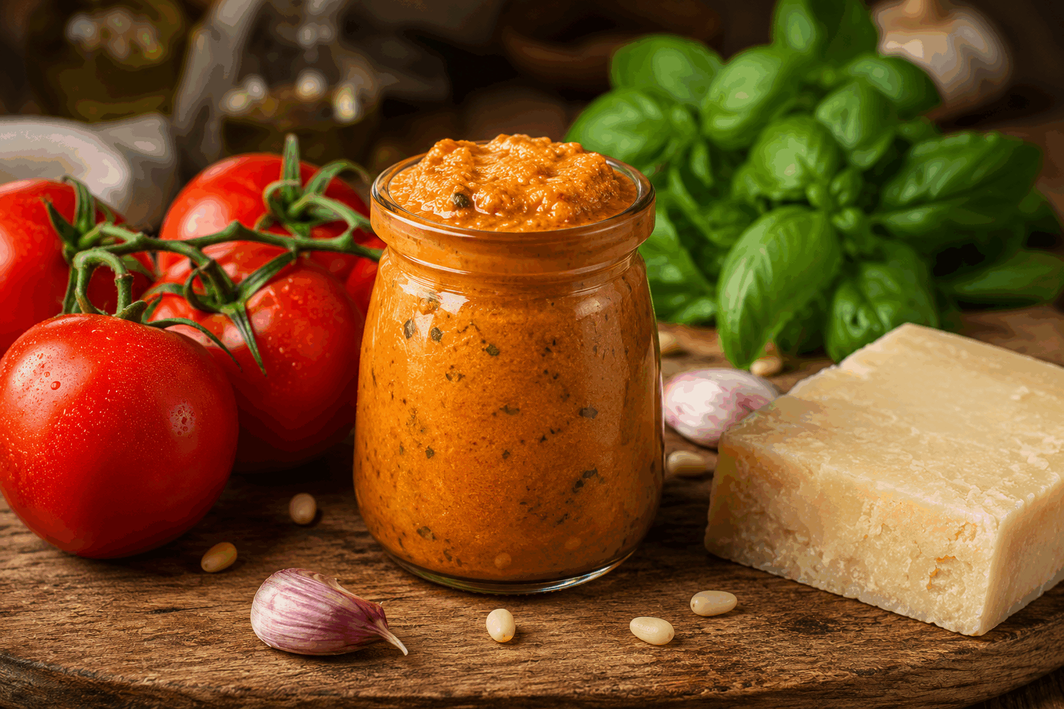 Le pesto sicilien de ma grand-mère : un secret gourmand à découvrir en 5 minutes 🔥 Description Le pesto sicilien est une sauce riche et parfumée originaire de Sicile, pleine de saveurs méditerranéennes authentiques. Sa texture onctueuse et ses notes d’amandes grillées, de tomates séchées et de basilic en font un condiment parfait pour accompagner pâtes, légumes ou poissons. Cette recette familiale, rapide et facile, transmet tout le charme et la générosité de la cuisine sicilienne traditionnelle. Informations Temps de préparation : 5 minutes Temps de cuisson : 0 minute Nombre de portions : 4 personnes Difficulté : Facile Ingrédients Pour le pesto sicilien 30 g de basilic frais 40 g d’amandes entières grillées 50 g de tomates séchées à l’huile, égouttées 1 gousse d’ail 80 ml d’huile d’olive extra vierge 30 g de pecorino râpé 1 cuillère à soupe de jus de citron frais Sel fin, selon le goût Poivre noir fraîchement moulu, selon le goût Préparation Rince soigneusement le basilic, puis sèche-le délicatement avec un torchon propre. Dans un blender ou un mortier, ajoute les amandes grillées, les tomates séchées et la gousse d’ail pelée. Mixe ou écrase les ingrédients jusqu’à obtenir une pâte grossière. Ajoute le basilic, le pecorino râpé et le jus de citron, puis mixe de nouveau en versant l’huile d’olive peu à peu jusqu’à obtenir une consistance onctueuse. Assaisonne avec du sel et du poivre selon ton goût, puis mélange à nouveau brièvement. Goûte la sauce et ajuste l’assaisonnement si besoin. Utilise immédiatement le pesto sicilien pour accompagner tes pâtes, viandes grillées ou légumes rôtis, ou conserve-le au frais dans un bocal hermétique recouvert d’un filet d’huile d’olive. Astuces Pour un pesto encore plus parfumé, grille légèrement les amandes à sec dans une poêle avant de les utiliser. Si tu n’as pas de pecorino, remplace-le par du parmesan, mais le caractère sera un peu plus doux. Tu peux ajouter une petite pincée de piment d’Espelette pour relever délicatement le goût. Pour conserver le pesto plus longtemps, couvre-le toujours d’une fine couche d’huile d’olive et garde-le au réfrigérateur, à consommé dans les 3 jours. Service Serre ce pesto sicilien avec des pâtes al dente, comme des trofie ou des penne, agrémenté d’une touche de parmesan supplémentaire et quelques feuilles de basilic frais. Il accompagne aussi parfaitement les légumes grillés, les filets de poisson ou même des bruschettas pour un apéritif convivial et lumineux. Idéal pour un déjeuner rapide mais savoureux, ou un dîner aux accents italiens chaleureux.