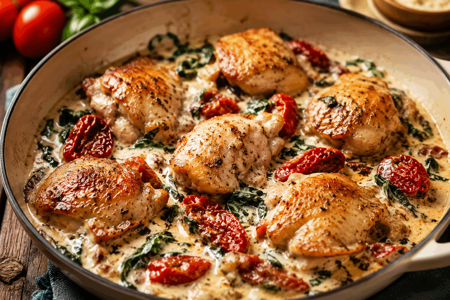 Le poulet à l'italienne crémeux en 20 minutes, le dîner préféré de mon mari ✨ Description Ce poulet à l'italienne crémeux allie des saveurs riches de tomates, d'ail et de basilic frais, le tout rehaussé par une délicate sauce à la crème. Simple et rapide, ce plat convivial est parfait pour un dîner en semaine tout en offrant un goût authentique et chaleureux. Informations Temps de préparation : 10 minutes Temps de cuisson : 10 minutes Nombre de portions : 4 personnes Difficulté : Facile Ingrédients Pour le poulet 4 escalopes de poulet (environ 600 g) 2 cuillères à soupe d'huile d'olive 1 gousse d'ail émincée Sel et poivre du moulin Pour la sauce crémeuse à l'italienne 200 ml de crème fraîche épaisse 150 g de tomates cerises 50 g de parmesan râpé 1 petit oignon finement haché 1 cuillère à café d'origan séché Quelques feuilles de basilic frais Préparation Découpe les escalopes de poulet en morceaux de taille moyenne. Assaisonne-les avec du sel et du poivre. Fais chauffer l'huile d'olive dans une grande poêle à feu moyen-vif. Ajoute le poulet et fais-le dorer pendant 5-6 minutes jusqu'à cuisson complète. Retire-le puis réserve. Dans la même poêle, fais revenir l'oignon et l'ail émincés pendant 2 minutes jusqu'à ce qu'ils soient translucides. Ajoute les tomates cerises coupées en deux et l'origan séché, puis laisse mijoter 2 minutes. Verse la crème fraîche et ajoute le parmesan râpé. Mélange bien et laisse cuire doucement la sauce pendant 2-3 minutes jusqu’à ce qu’elle épaississe légèrement. Remets le poulet dans la poêle, enrobe-le bien de sauce et laisse chauffer encore 2 minutes pour que les saveurs se mêlent. Avant de servir, parsème avec les feuilles de basilic frais ciselées pour un goût frais et aromatique. Astuces Pour un poulet encore plus tendre, aplatis légèrement les escalopes avant cuisson. Remplace la crème fraîche par du mascarpone pour une sauce plus onctueuse et gourmande. Pense à ne pas trop cuire la sauce après l’ajout de la crème pour éviter qu’elle ne tranche. Tu peux accompagner ce plat de pâtes fraîches ou d’un risotto crémeux pour une touche italienne complète. Service Servez ce poulet à l’italienne crémeux bien chaud, accompagné de tagliatelles al dente ou d’un riz basmati parfumé. Garnissez éventuellement de quelques feuilles de basilic supplémentaires et d’un filet d’huile d’olive. Ce plat rapide est idéal pour un dîner de semaine délicieux ou un repas simple en famille.