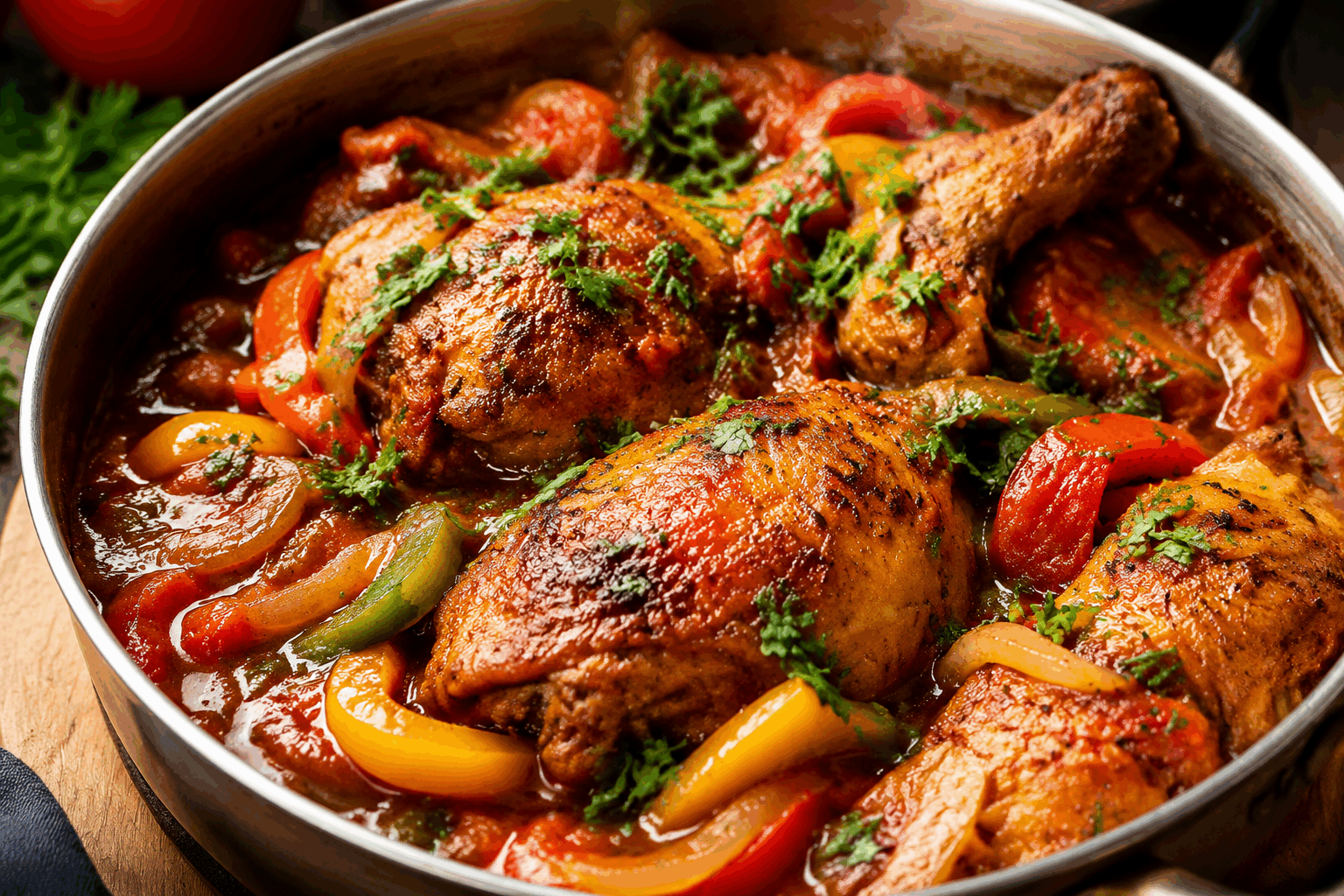 Le poulet basquaise de grand-mère, préparé en 40 minutes et toujours parfait 🔥 Description Le poulet basquaise est une spécialité traditionnelle du Pays basque, généreuse et savoureuse. Ce plat coloré associe tendres morceaux de poulet à une sauce riche en poivrons, tomates et oignons, relevée par une pointe d’ail et de piment d’Espelette. Parfait pour un repas convivial en famille, il se prépare rapidement en seulement 40 minutes tout en conservant toute son authenticité. Informations Temps de préparation : 15 minutes Temps de cuisson : 25 minutes Nombre de portions : 4 personnes Difficulté : Moyenne Ingrédients Pour le poulet 800 g de cuisses de poulet (avec peau et os) 2 cuillères à soupe d’huile d’olive Sel et poivre noir du moulin Pour la sauce basquaise 2 poivrons rouges 1 poivron vert 3 tomates mûres (environ 400 g) 2 oignons moyens 3 gousses d’ail 1 piment d’Espelette (ou une pincée de piment doux) 1 feuille de laurier Thym frais ou séché 1 cuillère à soupe d’huile d’olive Sel et poivre Préparation Préchauffe une large poêle ou une cocotte à feu moyen et fais chauffer 2 cuillères à soupe d’huile d’olive. Saisis les cuisses de poulet côté peau pendant 5 minutes jusqu’à ce qu’elles soient dorées, puis retourne-les et fais-les dorer de l’autre côté 3 minutes. Sale et poivre. Retire le poulet de la poêle et réserve. Dans la même poêle, ajoute 1 cuillère à soupe d’huile d’olive puis fais revenir les oignons finement émincés pendant 5 minutes jusqu’à ce qu’ils deviennent translucides. Ajoute les poivrons lavés et coupés en lanières, puis laisse cuire 5 minutes en remuant régulièrement. Incorpore les tomates pelées et concassées, les gousses d’ail hachées, le piment d’Espelette, la feuille de laurier et le thym. Sale et poivre. Laisse mijoter 5 minutes à feu doux. Remets les cuisses de poulet dans la poêle, couvre et laisse cuire à feu doux pendant 15 minutes. Arrose régulièrement le poulet avec la sauce pour qu’il reste bien moelleux. Vérifie la cuisson du poulet en piquant la chair, elle doit être tendre et bien cuite. Rectifie l’assaisonnement si besoin. Retire la feuille de laurier avant de servir. Astuces Pour un goût plus corsé, ajoute un peu de jambon de Bayonne coupé en dés à la sauce. Si les poivrons sont amers, passe-les rapidement sous l’eau froide après les avoir épluchés pour adoucir leur saveur. Utilise un piment d’Espelette frais ou en poudre pour respecter la tradition basque et relever subtilement le plat. Prépare la sauce à l’avance : elle gagne en saveurs après un temps de repos. Service Sers ce poulet basquaise chaud, accompagné de riz blanc, de pommes de terre vapeur ou de pâtes fraîches. Il se déguste lors d’un déjeuner familial ou d’un diner convivial, avec un verre de vin rouge léger comme un Irouléguy. Présente le plat dans une belle cocotte en terre ou une grande assiette creuse pour mettre en valeur ses couleurs vives.