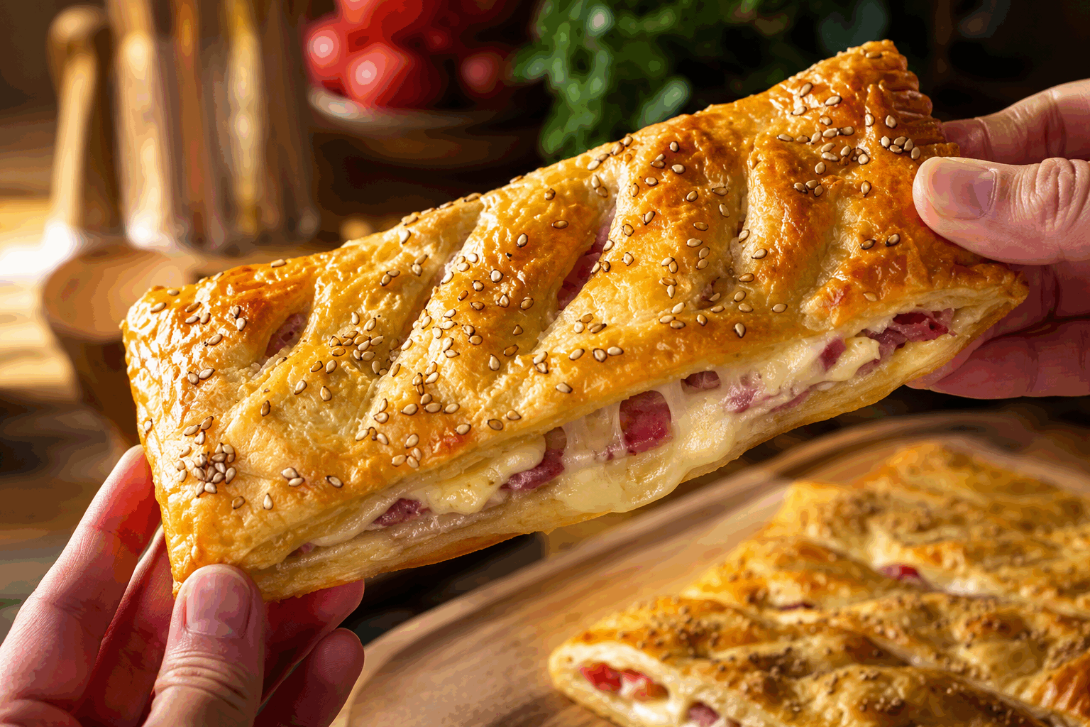 Le secret du feuilleté jambon-fromage croustillant et crémeux prêt en 15 minutes 🔥 Description Ce feuilleté jambon-fromage est un délice alliant une pâte croustillante à une garniture fondante et savoureuse. Parfait pour un repas rapide ou une entrée gourmande, il séduit par son équilibre entre gourmandise et simplicité. Idéal pour un pique-nique improvisé ou un dîner express entre amis. Informations Temps de préparation : 5 minutes Temps de cuisson : 10 minutes Nombre de portions : 4 pièces Difficulté : Facile Ingrédients Pour le feuilleté 1 pâte feuilletée prête à l’emploi (environ 230 g) Pour la garniture 150 g de jambon blanc en tranches 150 g de fromage à pâte fondante (type emmental, comté ou gruyère râpé) 50 g de crème fraîche épaisse 1 jaune d’œuf (pour la dorure) Sel fin, poivre noir moulu Préparation Préchauffe le four à 200°C (chaleur tournante de préférence). Déroule la pâte feuilletée sur une plaque recouverte de papier cuisson. Découpe la pâte en 4 carrés égaux. Dans un bol, mélange la crème fraîche avec le fromage râpé, sale légèrement et poivre selon ton goût. Dépose dans chaque carré de pâte une tranche de jambon pliée en deux. Répartis ensuite le mélange crème-fromage sur le jambon, en évitant les bords. Replie les coins ou rabats les côtés pour former un feuilleté fermé, en pressant légèrement les bords pour bien sceller. Badigeonne chaque feuilleté avec le jaune d’œuf à l’aide d’un pinceau pour obtenir une belle dorure. Enfourne les feuilletés pour environ 10 minutes, jusqu’à ce qu’ils soient bien dorés et croustillants. Sors-les du four et laisse-les reposer 2 minutes avant de servir. Astuces Utilise une pâte feuilletée de bonne qualité pour un croustillant optimal. Ne surcharge pas la garniture afin que la pâte cuise correctement et reste bien croustillante. Pour plus de saveur, ajoute une pincée de muscade dans la crème-fromage. Tu peux remplacer le jambon blanc par du jambon de pays pour un goût plus marqué. Service Serre ces feuilletés tièdes, accompagnés d’une salade verte croquante pour un repas léger et équilibré. Ils conviennent parfaitement pour un déjeuner rapide, un apéritif gourmand ou même un brunch convivial.