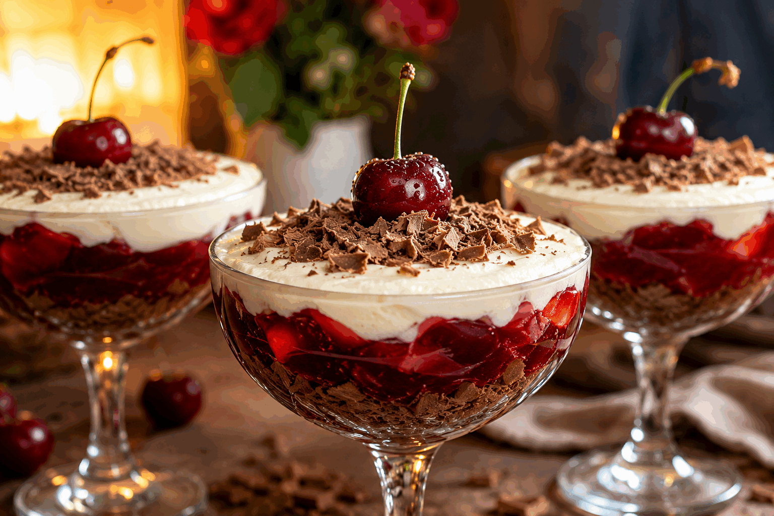 Le tiramisu Forêt Noire en 5 minutes, un dessert de fête qui fond en bouche 🍒🤎 Description Ce dessert combine la douceur crémeuse du tiramisu italien avec les saveurs gourmandes de la Forêt Noire allemande : chocolat, cerises et chantilly. Léger et rapide à préparer, il est parfait pour une occasion festive ou une fin de repas élégante. Sa texture fondante et ses notes fruitées séduiront tous les amateurs de desserts raffinés. Informations Temps de préparation : 5 minutes Temps de cuisson : 0 minute Nombre de portions : 4 personnes Difficulté : Facile Ingrédients Pour la crème mascarpone 250 g de mascarpone 100 ml de crème liquide entière très froide 40 g de sucre glace 1 cuillère à café d'extrait de vanille Pour le montage 100 g de cerises dénoyautées (fra îches ou en bocal, égouttées) 12 biscuits à la cuillère 40 ml de kirsch (facultatif) 30 g de cacao en poudre non sucré 30 g de copeaux de chocolat noir Préparation Fouette la crème liquide bien froide avec le sucre glace et la vanille jusqu’à obtenir une chantilly ferme. Incorpore délicatement le mascarpone à la chantilly en soulevant la masse pour garder la légèreté. Verse le kirsch dans une assiette creuse, trempe rapidement les biscuits à la cuillère un à un sans les détremper. Dans quatre verrines, dépose une couche de biscuits imbibés, puis recouvre avec la moitié de la crème mascarpone. Ajoute quelques cerises sur la crème, puis une deuxième couche de biscuits imbibés, enfin termine par le reste de crème. Saupoudre généreusement chaque verrine de cacao en poudre à l’aide d’une petite passoire et décore avec les copeaux de chocolat et quelques cerises restantes. Réserve au frais si possible 10 minutes, mais ce tiramisu peut être dégusté immédiatement pour profiter de sa fraîcheur et de sa texture fondante. Astuces Utilise une crème liquide très froide et un bol bien frais pour monter la chantilly plus facilement. Ne laisse pas trop tremper les biscuits pour éviter qu’ils deviennent pâteux. Pour une version sans alcool, remplace le kirsch par du sirop de cerise ou du jus de fruit. Prépare ce dessert à l’avance pour que les saveurs se mélangent encore mieux. Service Présente le tiramisu dans des verrines transparentes pour mettre en valeur les couches colorées. Ce dessert léger et gourmand accompagnera parfaitement un café ou un digestif lors d’un repas de fête ou d’un anniversaire.