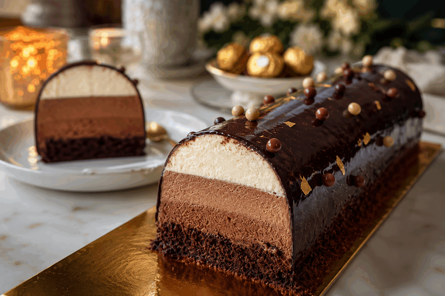 Ma bûche aux 3 chocolats, mousse légère et gourmande en 20 minutes ✨ Description Cette bûche aux trois chocolats allie élégance et gourmandise avec des mousses aériennes et savoureuses au chocolat noir, chocolat au lait et chocolat blanc. Facile et rapide à préparer, elle est parfaite pour finir un repas de fête sur une note douce et raffinée. Informations Temps de préparation : 20 minutes Temps de cuisson : 10 minutes Nombre de portions : 8 personnes Difficulté : Moyenne Ingrédients Pour la génoise 3 œufs 90 g de sucre 75 g de farine 15 g de cacao en poudre non sucré 1 pincée de sel Pour la mousse aux 3 chocolats 100 g de chocolat noir 100 g de chocolat au lait 100 g de chocolat blanc 60 cl de crème liquide entière (30 % MG minimum), froide 3 feuilles de gélatine (6 g) 3 cuillères à soupe d’eau froide (pour la gélatine) 30 g de sucre glace Préparation Préchauffe le four à 180°C (chaleur statique). Sépare les blancs des jaunes d’œufs. Monte les blancs en neige ferme avec une pincée de sel. Fouette les jaunes avec le sucre jusqu’à ce que le mélange blanchisse et double de volume. Incorpore délicatement la farine et le cacao tamisés au mélange jaune-sucre, puis ajoute les blancs en neige en soulevant la masse pour ne pas les casser. Étale la pâte sur une plaque rectangulaire recouverte de papier cuisson, sur environ 1 cm d’épaisseur. Enfourne pour 8 à 10 minutes, la génoise doit rester souple et légèrement dorée. Mouille la gélatine dans l’eau froide pour la ramollir. Pendant la cuisson, prépare les mousses : fais fondre séparément chaque chocolat au bain-marie ou au micro-ondes à puissance moyenne. Essore la gélatine et incorpore-la dans le chocolat fondu encore chaud. Laisse tiédir. Monte 20 cl de crème liquide en chantilly ferme avec 10 g de sucre glace. Divise la chantilly en trois parts égales. Incorpore délicatement chaque portion de chantilly dans chaque chocolat fondu pour obtenir trois mousses distinctes (noir, lait, blanc). Quand la génoise est refroidie, retourne-la sur un torchon propre, retire le papier cuisson puis étale la mousse au chocolat noir en une couche uniforme. Superpose ensuite la mousse au chocolat au lait puis celle au chocolat blanc, étalées délicatement pour ne pas mélanger les saveurs. Enroule la génoise en serrant bien à l’aide du torchon pour former la bûche. Place la bûche au réfrigérateur au minimum 2 heures pour que les mousses prennent bien. Au moment de servir, décore selon vos envies (copeaux de chocolat, cacao en poudre, fruits rouges). Astuces Pour un démoulage plus facile, humidifie légèrement le torchon avant d’enrouler la génoise. Utilise une crème liquide très froide pour réussir une chantilly ferme et légère. Si tu es pressé, tu peux préparer la génoise la veille et réaliser les mousses le jour même. Varie les textures en ajoutant des éclats de noisettes ou des fruits secs entre les couches de mousse. Service Sers cette bûche bien fraîche, accompagnée d’un coulis de fruits rouges ou d’une boule de glace vanille pour renforcer la fraîcheur. Elle est idéale pour les repas de Noël, les fêtes de fin d’année ou toute occasion où la gourmandise rime avec simplicité et rapidité.