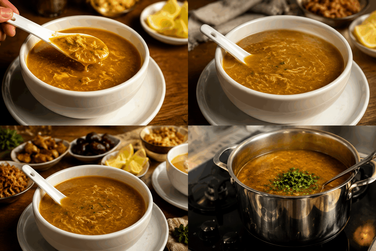 Ma grand-mère prépare la harira en 30 minutes, un vrai goût du Ramadan 🍲✨ Description La harira est une soupe traditionnelle marocaine, riche et réconfortante, souvent dégustée durant le Ramadan pour rompre le jeûne. Cette recette rapide en 30 minutes conserve toute la saveur authentique des épices et des ingrédients frais, offrant un goût chaleureux et légèrement épicé, idéal pour partager un moment convivial en famille. Informations Temps de préparation : 10 minutes Temps de cuisson : 20 minutes Nombre de portions : 4 personnes Difficulté : Moyenne Ingrédients Pour la soupe 200 g de viande d’agneau hachée (optionnel) 100 g de lentilles corail 50 g de pois chiches précuits 2 tomates mûres pelées et mixées 1 petit bouquet de coriandre fraîche hachée 1 petit bouquet de persil frais haché 1 oignon moyen finement haché 2 cuillères à soupe de concentré de tomates 1 cuillère à soupe de farine de blé 1 cuillère à café de gingembre en poudre 1 cuillère à café de curcuma 1/2 cuillère à café de cannelle 1 cuillère à café de poivre noir moulu 1/2 cuillère à café de paprika doux 1,5 litre d'eau 3 cuillères à soupe d’huile d’olive Sel selon goût Préparation Fais chauffer l’huile d’olive dans une grande casserole à feu moyen et fais revenir l’oignon jusqu’à ce qu’il soit translucide. Ajoute la viande hachée si utilisée et fais-la dorer rapidement pendant 2 à 3 minutes en remuant. Incorpore le gingembre, le curcuma, la cannelle, le poivre, le paprika et le sel. Mélange bien pour enrober la viande et l’oignon. Ajoute les tomates pelées et mixées ainsi que le concentré de tomates. Laisse mijoter 5 minutes en remuant souvent. Verse les lentilles, les pois chiches et l’eau. Porte à ébullition puis baisse le feu et laisse mijoter 15 minutes en remuant régulièrement pour éviter que la soupe colle. Dans un bol, dilue la farine dans un peu d’eau froide puis verse ce mélange progressivement dans la soupe en remuant vivement pour épaissir la harira. Incorpore le persil et la coriandre hachés. Laisse cuire encore 2 à 3 minutes sans couvrir. Goûte et rectifie l’assaisonnement si nécessaire. Retire du feu et laisse reposer quelques minutes avant de servir. Astuces Pour gagner du temps, utilise des pois chiches en conserve bien rincés. Si tu souhaites une harira plus épaisse, augmente légèrement la quantité de farine diluée. Pour une version végétarienne, supprime la viande et ajoute plus de lentilles ou un peu de céleri pour renforcer la saveur. Serre la harira avec un filet de citron frais pour un contraste acide qui relève le goût. Service Servez la harira chaude, accompagnée de dattes et de chebakia (pâtisserie traditionnelle marocaine) pour une authentique rupture du jeûne. Elle peut aussi être accompagnée de pain marocain frais pour tremper dans la soupe. C’est un plat convivial et nourrissant, parfait pour les soirées de Ramadan ou toute occasion où l’on souhaite partager une soupe riche en saveurs.