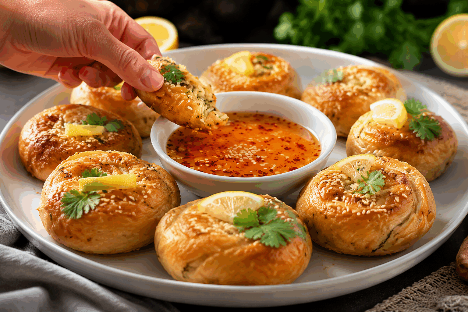 Mhancha au four façon nems, la gourmandise croustillante en 30 minutes 🔥 Description La mhancha est une pâtisserie traditionnelle marocaine en forme de serpentins feuilletés, ici revisitée façon nems pour une gourmandise salée et croustillante. Cette version rapide se prépare en 30 minutes et offre un mélange savoureux entre la finesse de la farce parfumée et la texture croustillante du rouleau doré au four. Parfaite en entrée ou en apéritif à partager, elle séduira les amateurs de cuisine orientale et asiatique. Informations Temps de préparation : 15 minutes Temps de cuisson : 15 minutes Nombre de portions : 4 personnes (8 pièces) Difficulté : Moyenne Ingrédients Pour la farce 200 g de viande hachée (bœuf ou poulet) 1 oignon moyen, finement haché 2 gousses d’ail, écrasées 100 g de vermicelles de riz, trempés dans de l’eau tiède puis égouttés 50 g de carottes râpées 2 cuillères à soupe de sauce soja 1 cuillère à soupe de coriandre fraîche ciselée 1 cuillère à café de gingembre frais râpé 1 pincée de poivre noir Sel selon goût 1 cuillère à soupe d’huile de sésame ou tournesol Pour la confection 8 feuilles de brick ou de pâte filo Huile d’olive pour badigeonner Graines de sésame (optionnel) Préparation Préchauffe ton four à 200°C (chaleur tournante si possible). Dans une poêle, fais chauffer l’huile, ajoute l’oignon et l’ail, fais revenir jusqu’à ce qu’ils soient translucides. Ajoute la viande hachée, le gingembre, le poivre, le sel et fais cuire à feu moyen jusqu’à ce qu’elle soit bien dorée. Incorpore les vermicelles égouttés, les carottes râpées, la coriandre et la sauce soja. Mélange bien et laisse cuire 2 minutes. Laisse tiédir. Pose une feuille de brick sur le plan de travail, badigeonne-la légèrement d’huile d’olive. Dépose une cuillère à soupe de farce sur un bord. Roulez la feuille autour de la farce en forme de cylindre, replie les côtés pour éviter que la farce ne s’échappe, puis forme un escargot en enroulant le rouleau sur lui-même pour rappeler la forme de la mhancha. Répète l’opération avec les autres feuilles et la farce restante. Dispose les serpents ainsi formés sur une plaque recouverte de papier cuisson, badigeonne d’huile d’olive, puis parsème de graines de sésame si souhaité. Enfourne 12 à 15 minutes, jusqu’à ce que la pâte soit bien dorée et croustillante. Sors du four et laisse tiédir avant de découper en tronçons pour servir. Astuces Pour une version végétarienne, remplace la viande par du tofu émietté ou des champignons finement hachés. Veille à bien badigeonner les feuilles de brick d’huile pour obtenir un croustillant optimal au four. Le pliage en escargot permet une belle présentation et une cuisson homogène : travaille délicatement pour ne pas déchirer la pâte. Accompagne tes mhanchas d’une sauce aigre-douce ou d’une sauce soja relevée pour rehausser les saveurs. Service Sers les mhanchas au four façon nems chauds ou tièdes, coupés en morceaux. Ils raviront lors d’un apéritif festif ou en entrée accompagnés d’une salade fraîche aux herbes et d’une sauce dip. Ce plat est idéal pour surprendre les invités avec une alliance subtile de cuisine marocaine et asiatique.