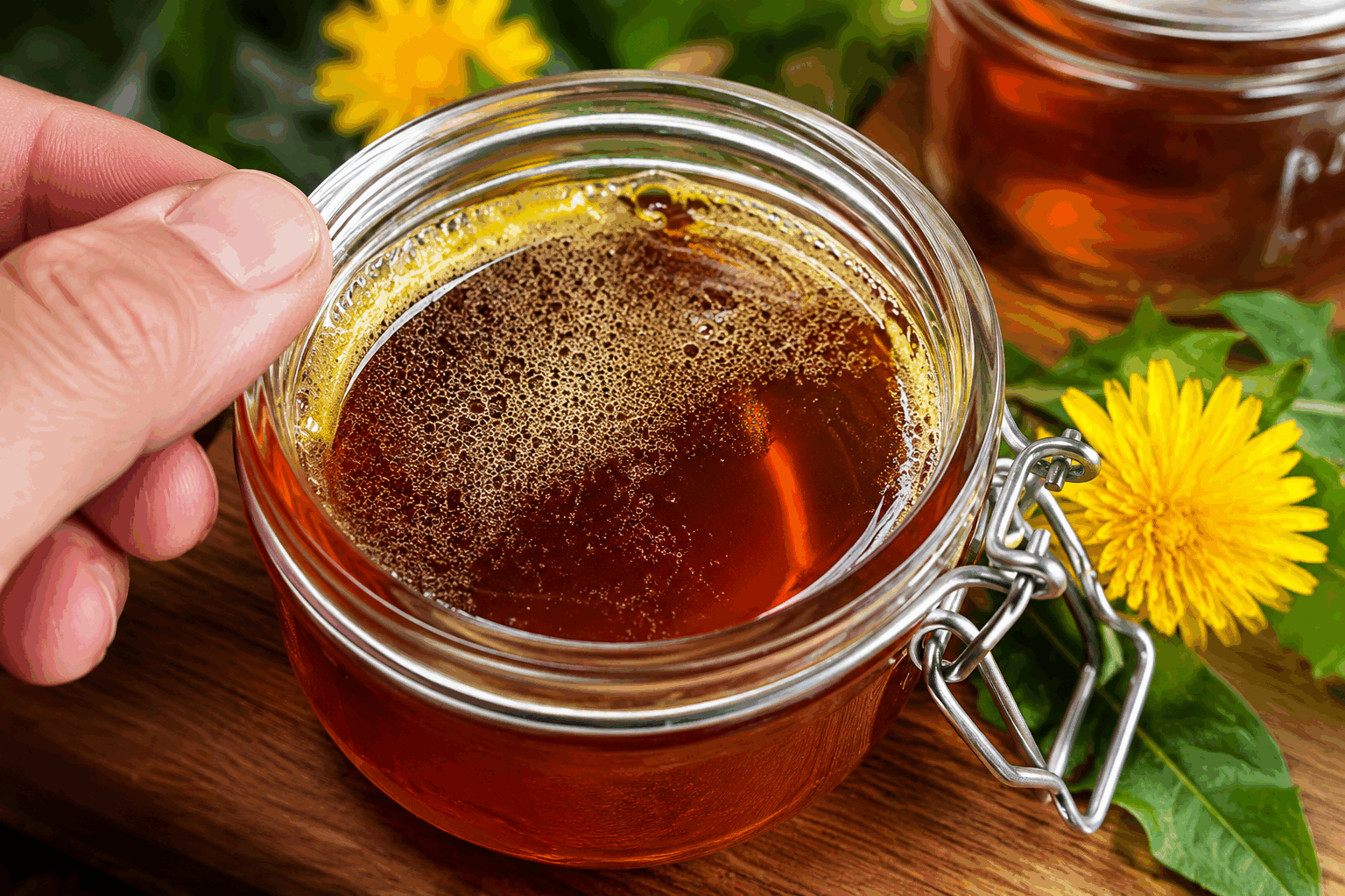 Miel de pissenlits maison : 5 minutes pour un goût sucré et naturel ✨🍯 Description Le miel de pissenlits est une confiture naturelle qui imite à merveille la douceur et la texture du miel traditionnel. Sa couleur dorée et son goût subtil, légèrement floral, en font un délice sucré fabriqué à partir des fleurs de pissenlit. Cette recette rapide et simple est idéale pour profiter des trésors du printemps et apporter une touche naturelle à vos tartines, yaourts ou desserts. Informations Temps de préparation : 5 minutes Temps de cuisson : 30 minutes Nombre de portions : 4 pots (environ 400 g) Difficulté : Facile Ingrédients Pour le miel de pissenlits 200 fleurs de pissenlits fraîches (sans les tiges verts) 1 litre d'eau 700 g de sucre en poudre 1 citron (jus et zeste) Préparation Détachez les fleurs de pissenlit en ne gardant que les pétales jaunes, sans les parties vertes amères. Rincez-les délicatement à l'eau froide et égouttez-les. Dans une grande casserole, versez l'eau, ajoutez les fleurs de pissenlit, le jus et le zeste du citron. Portez à ébullition, puis laissez infuser à feu doux pendant 15 minutes, couvert. Filtrez le mélange à travers un tamis fin ou une étamine pour recueillir le liquide parfumé, en pressant bien les fleurs pour extraire un maximum de saveur. Jetez les fleurs. Remettez le liquide dans la casserole, ajoutez le sucre, puis portez à ébullition à feu moyen en remuant régulièrement pour dissoudre le sucre. Faites cuire à feu doux pendant 20 minutes environ, jusqu’à obtenir une consistance sirupeuse légèrement épaisse. Vérifiez la texture en laissant tomber une goutte sur une assiette froide : elle doit se figer légèrement. Versez immédiatement le miel de pissenlits encore chaud dans des pots stérilisés. Fermez et retournez les pots pour les sceller. Laissez refroidir complètement avant de conserver au frais. Astuces Choisissez des pissenlits récoltés loin des zones polluées et sans pesticides. Pour une texture encore plus lisse, passez le liquide filtré deux fois avant la cuisson. Le miel de pissenlits se conserve plusieurs mois au réfrigérateur tant que le pot reste bien fermé. Ajoutez une pincée d’acide citrique ou quelques gouttes de jus de citron supplémentaire pour renforcer la conservation et la saveur. Service Dégustez ce miel végétal sur du pain frais, des crêpes, du fromage blanc ou en nappage pour des desserts simples et gourmands. Idéal pour sucrer naturellement vos préparations à tout moment de la journée, il apportera une note printanière et originale à vos petits-déjeuners ou goûters.