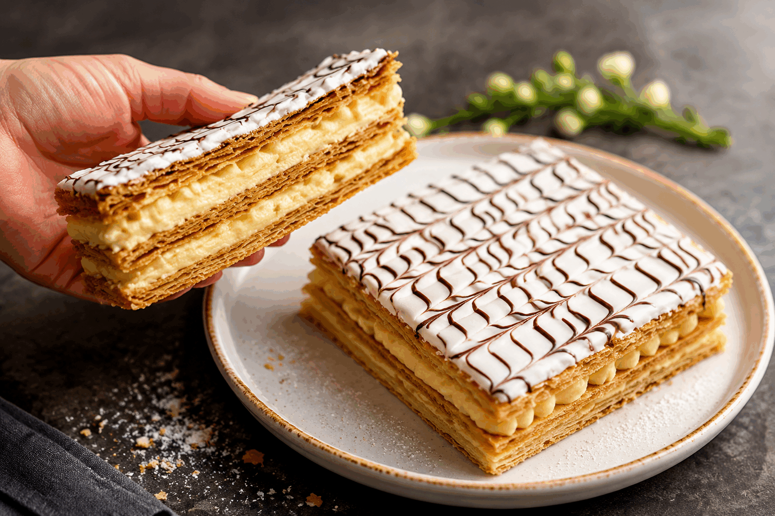 Mille-feuille à la vanille en 15 minutes, le glaçage express qui change tout ✨ Description Ce mille-feuille à la vanille est un dessert rapide et élégant qui allie croustillant de la pâte feuilletée et douceur d'une crème onctueuse parfumée à la vanille. Son glaçage express apporte une touche brillante et gourmande qui sublime chaque bouchée. Parfait pour un dessert improvisé ou une occasion spéciale où le temps presse. Informations Temps de préparation : 10 minutes Temps de cuisson : 5 minutes Nombre de portions : 4 personnes Difficulté : Facile Ingrédients Pour la pâte feuilletée 400 g de pâte feuilletée pur beurre prête à dérouler Pour la crème à la vanille 25 cl de lait entier 3 jaunes d’œufs 60 g de sucre semoule 20 g de farine de type 45 1 gousse de vanille ou 1 cuillère à café d’extrait naturel de vanille Pour le glaçage express 150 g de sucre glace 2 cuillères à soupe d'eau chaude 1 cuillère à café d'extrait de vanille Préparation Préchauffe le four à 200°C (chaleur tournante si possible). Découpe la pâte feuilletée en 12 rectangles d’environ 8 x 5 cm. Pique-les avec une fourchette pour éviter qu'elle ne gonfle trop. Dispose les rectangles sur une plaque recouverte de papier cuisson, recouvre-les d’une autre feuille de papier cuisson puis d’une grille ou d’une autre plaque pour les maintenir à plat. Enfourne pendant 5 minutes puis retire la plaque du dessus et prolonge 2 à 3 minutes pour bien dorer. Pendant ce temps, fais chauffer le lait avec la gousse de vanille fendue et grattée (ou l’extrait de vanille). Retire du feu dès l’ébullition. Fouette les jaunes d’œufs avec le sucre jusqu’à blanchiment. Ajoute la farine et mélange bien. Verse doucement le lait chaud sur le mélange œufs-sucre-farine tout en fouettant. Reverse le tout dans la casserole et fais cuire à feu doux sans cesser de remuer jusqu’à épaississement (environ 2 minutes). Retire la gousse si utilisée. Laisse refroidir légèrement. Prépare le glaçage : mélange le sucre glace, l’eau chaude et l’extrait de vanille jusqu’à obtenir une consistance lisse et légèrement épaisse. Monte les mille-feuilles en alternant pâte feuilletée et crème à la vanille (3 couches de pâte et 2 couches de crème par portion). Applique le glaçage sur le dessus avec une spatule ou un pinceau. Laisse figer quelques minutes avant de servir. Astuces Utilise une pâte feuilletée pur beurre de bonne qualité pour un croustillant optimal. Pique bien la pâte avant cuisson pour éviter qu’elle ne gonfle excessivement. Le glaçage express peut être remplacé par un fondant pâtissier si vous préférez une version plus traditionnelle. Prépare la crème à la vanille la veille pour gagner du temps et obtenir une texture plus ferme. Service Servez ce mille-feuille à la vanille frais, accompagné d’un coulis de fruits rouges ou d’un léger nuage de chantilly pour sublimer la douceur de la vanille. Idéal pour un dessert d’été ou une occasion conviviale où la rapidité ne sacrifie pas la qualité.