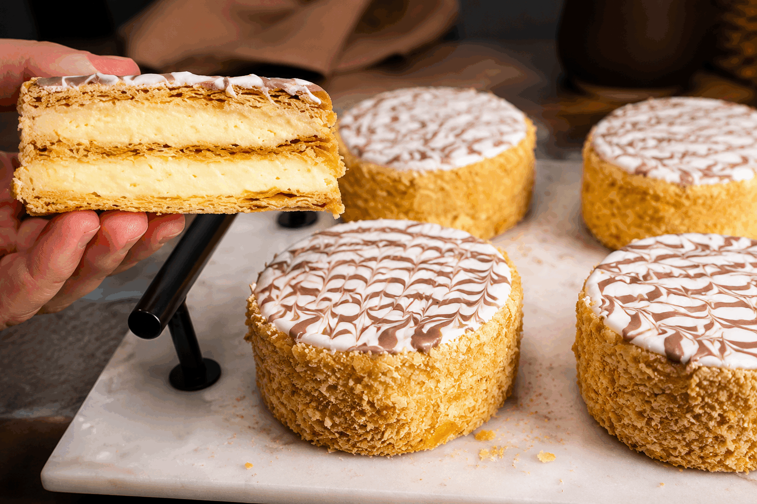 Mille-feuilles express en 10 minutes, le dessert qui fond sous la langue 😍✨ Description Ce mille-feuilles express revisite le classique en version rapide et gourmande, avec des couches croustillantes et une crème légère qui fond délicieusement en bouche. Parfait pour un dessert improvisé ou une fin de repas en douceur, il séduit par sa simplicité et son goût fondant. Informations Temps de préparation : 10 minutes Temps de cuisson : 5 minutes (optionnel pour le caramel) Nombre de portions : 4 personnes Difficulté : Facile Ingrédients Pour la pâte feuilletée et caramel 4 feuilles de pâte feuilletée toute prête 50 g de sucre en poudre Pour la crème légère 200 ml de crème liquide entière très froide 30 g de sucre glace 1 cuillère à café d’extrait de vanille Préparation Découpe les feuilles de pâte feuilletée en rectangles d’environ 10 x 5 cm. Fais chauffer une poêle antiadhésive à feu moyen, poudre de sucre répartie uniformément et laisse fondre pour obtenir un caramel clair, puis dépose rapidement les rectangles de pâte sur le caramel pour les enrober légèrement et obtenir un feuilletage brillant et croustillant. Laisse refroidir sur une grille. Monte la crème liquide bien froide en chantilly ferme avec le sucre glace et l’extrait de vanille à l’aide d’un batteur électrique. Sur chaque rectangle, étale une couche généreuse de chantilly, puis recouvre avec un deuxième rectangle. Répète l’opération pour constituer 3 étages. Termine avec un dernier rectangle, puis réserve 5 minutes au frais avant de servir pour que le dessert se tienne sans que la pâte perde son croustillant. Astuces Utilise une crème liquide bien froide pour réussir une chantilly ferme en un temps record. Si tu manques de temps, remplace le caramel maison par un nappage au caramel du commerce pour gagner encore plus de rapidité. Pour un croquant supplémentaire, tu peux saupoudrer un peu de sucre glace sur le dessus avant de servir. Serre ce dessert rapidement pour que la pâte reste croustillante et que la crème garde sa légèreté. Service Présente ce mille-feuilles express sur une assiette individuelle avec un coulis de fruits rouges ou quelques fruits frais pour accentuer la fraîcheur. Idéal lors d’un dîner improvisé ou pour épater les invités sans passer des heures en cuisine.