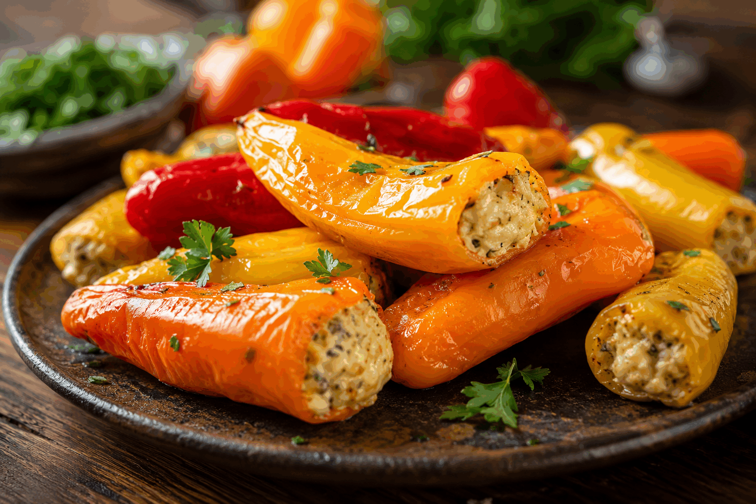 Mini poivrons farcis en 5 minutes, la recette fraîcheur que tout le monde adore 🌿👌 Description Ces mini poivrons farcis allient fraîcheur et rapidité pour un apéritif ou une entrée légère et colorée. Leur gourmandise réside dans une farce crémeuse et parfumée, idéale pour surprendre vos convives à toute occasion. Simple et savoureuse, cette recette pleine de pep’s ravira petits et grands. Informations Temps de préparation : 5 minutes Temps de cuisson : 0 minute Nombre de portions : 4 personnes (environ 16 mini poivrons) Difficulté : Facile Ingrédients Pour les mini poivrons 16 mini poivrons doux (de différentes couleurs si possible) Pour la farce fraîcheur 150 g de fromage frais type chèvre frais ou ricotta 50 g de yaourt nature ou crème fraîche 1 cuillère à soupe d’huile d’olive 1 petite gousse d’ail finement hachée 1 cuillère à soupe de ciboulette ciselée 1 cuillère à soupe de persil frais ciselé Le jus d’un demi-citron Sel et poivre du moulin Préparation Lave soigneusement les mini poivrons, coupe la partie haute pour créer un petit “chapeau” et évide délicatement les pépins sans percer la peau. Dans un bol, mélange le fromage frais, le yaourt (ou la crème), l’huile d’olive, l’ail haché, les herbes, et le jus de citron. Assaisonne avec du sel et du poivre selon ton goût. Remplis généreusement chaque mini poivron avec la farce à l’aide d’une petite cuillère ou d’une poche à douille pour une présentation soignée. Replace les petits chapeaux sur chaque poivron farci pour une touche esthétique et une meilleure conservation avant le service. Astuces Pour varier les saveurs, ajoute quelques olives noires finement hachées ou des pignons de pin toastés dans la farce. Utilise du fromage frais à température ambiante pour faciliter le mélange et obtenir une farce bien onctueuse. Réserve les poivrons au frais pendant une dizaine de minutes avant de servir pour une dégustation encore plus fraîche. Pour un twist épicé, ajoute une pointe de piment d’Espelette ou quelques gouttes de Tabasco dans la farce. Service Présente les mini poivrons farcis sur un joli plat ou une ardoise, accompagnés de feuilles de roquette ou de jeunes pousses. Servez-les en apéritif frais lors d’un dîner entre amis ou en entrée légère lors des journées chaudes de printemps et d’été.