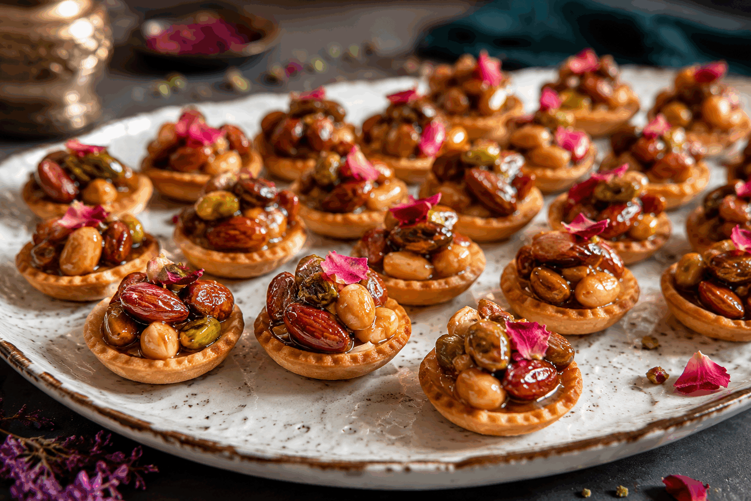Mini tartelettes caramel et fruits secs, la douceur de l'Aïd en 20 minutes 😍 Description Ces mini tartelettes allient le croquant d'une pâte sablée dorée à la douceur onctueuse du caramel, relevée par le parfum grillé des fruits secs. Parfaites pour célébrer l'Aïd avec gourmandise, elles se préparent rapidement en seulement 20 minutes, pour un dessert à la fois élégant et réconfortant. Informations Temps de préparation : 10 minutes Temps de cuisson : 10 minutes Nombre de portions : 12 pièces Difficulté : Facile Ingrédients Pour la pâte sablée 150 g de farine 75 g de beurre froid 40 g de sucre glace 1 jaune d’œuf 1 pincée de sel 2 à 3 cuillères à soupe d’eau froide Pour la garniture caramel et fruits secs 150 g de sucre 60 g de beurre 10 cl de crème liquide entière 100 g de fruits secs (amandes, noix, noisettes) grossièrement concassés 1 pincée de fleur de sel Préparation Prépare la pâte : coupe le beurre froid en petits dés. Dans un saladier, mélange la farine, le sucre glace et la pincée de sel. Ajoute le beurre et sable du bout des doigts jusqu’à obtenir une texture granuleuse. Incorpore le jaune d'œuf et ajoute progressivement l'eau froide pour former une boule de pâte homogène. Ne travaille pas trop la pâte pour qu’elle reste croustillante. Réfrigère-la 10 minutes pendant que tu prépares la garniture. Étale la pâte sur un plan fariné sur 3 mm d’épaisseur. Découpe des cercles pour garnir 12 moules à mini tartelettes. Pique la pâte avec une fourchette et enfourne à 180°C pendant 10 minutes jusqu’à ce que les fonds soient légèrement dorés. Prépare le caramel : dans une casserole propre, fais fondre le sucre à feu moyen sans remuer jusqu’à obtenir un caramel ambré. Hors du feu, ajoute le beurre puis la crème liquide en faisant attention aux éclaboussures et mélange bien pour lisser la sauce. Verse le caramel tiède sur les fonds de tarte précuits, puis répartis les fruits secs concassés et termine par une pincée de fleur de sel pour magnifier les saveurs. Astuces Pour une pâte encore plus rapide, utilise une pâte sablée du commerce, mais réalise toujours la cuisson à blanc pour éviter qu’elle ne devienne molle. Concasse les fruits secs à la main pour garder des morceaux de différentes tailles et apporter du croquant. Ajoute une pointe de cannelle ou d’eau de fleur d’oranger dans le caramel pour une touche orientale adaptée à l’Aïd. Conserve les tartelettes dans une boîte hermétique à température ambiante pendant 24 heures pour garder tout leur croustillant. Service Servez ces mini tartelettes en fin de repas à l’occasion de l’Aïd ou pour un goûter gourmand. Elles accompagnent parfaitement un thé à la menthe ou un café bien serré. Présente-les sur un joli plateau pour une ambiance festive et chaleureuse.