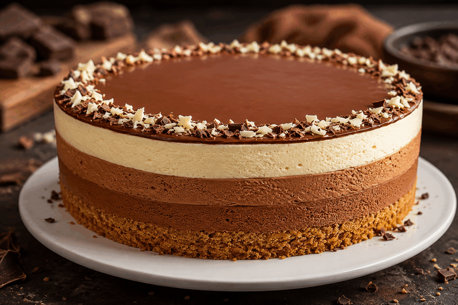 Mousse 3 chocolats légère comme un nuage en 5 minutes, un dessert qui fond 😍 Description Cette mousse aux trois chocolats combine chocolat noir, chocolat au lait et chocolat blanc pour offrir une texture légère et aérienne qui fond délicatement en bouche. Parfaite pour terminer un repas en douceur, elle se prépare rapidement et séduira les amateurs de chocolat par son équilibre gourmand et fondant. Informations Temps de préparation : 5 minutes Temps de cuisson : 0 minute Nombre de portions : 6 personnes Difficulté : Facile Ingrédients Pour la mousse au chocolat noir 50 g de chocolat noir (70% cacao) 100 ml de crème liquide entière très froide 1 blanc d'œuf 10 g de sucre glace Pour la mousse au chocolat au lait 50 g de chocolat au lait 100 ml de crème liquide entière très froide 1 blanc d'œuf 10 g de sucre glace Pour la mousse au chocolat blanc 50 g de chocolat blanc 100 ml de crème liquide entière très froide 1 blanc d'œuf 10 g de sucre glace Préparation Fais fondre séparément le chocolat noir, le chocolat au lait et le chocolat blanc au bain-marie ou au micro-ondes par intervalles de 30 secondes, en remuant entre chaque, jusqu’à obtenir un mélange lisse. Laisse refroidir légèrement. Monte en neige ferme chaque blanc d'œuf avec 10 g de sucre glace. Réserve. Fouette chaque portion de crème liquide bien froide jusqu’à obtenir une chantilly souple. Incorpore délicatement dans chaque chocolat fondu, à part, la moitié de la chantilly, puis ajoute les blancs montés en neige en soulevant la masse avec une spatule pour conserver la légèreté. Verse chaque mousse dans des verrines ou portions individuelles en couches successives : chocolat noir, chocolat au lait, puis chocolat blanc. Réserve au frais minimum 2 heures, idéalement 4 heures, avant de servir pour que les textures se stabilisent. Astuces Utilise une crème entière bien froide pour une chantilly parfaite et une mousse légère. Incorpore les blancs en neige doucement pour ne pas casser la texture aérienne. Pour aller plus vite, prépare les mousses à l'avance et laisse-les prendre au frais pendant la nuit. Tu peux décorer avec des copeaux de chocolat, des fruits rouges ou un léger saupoudrage de cacao amer avant de servir. Service Sers cette mousse dans de petites verrines transparentes pour mettre en valeur les trois couches. Accompagne-la d'un biscuit croquant comme un sablé breton ou un financier. Ce dessert est parfait pour une occasion festive ou un repas entre amis grâce à sa fraîcheur et son goût délicat.