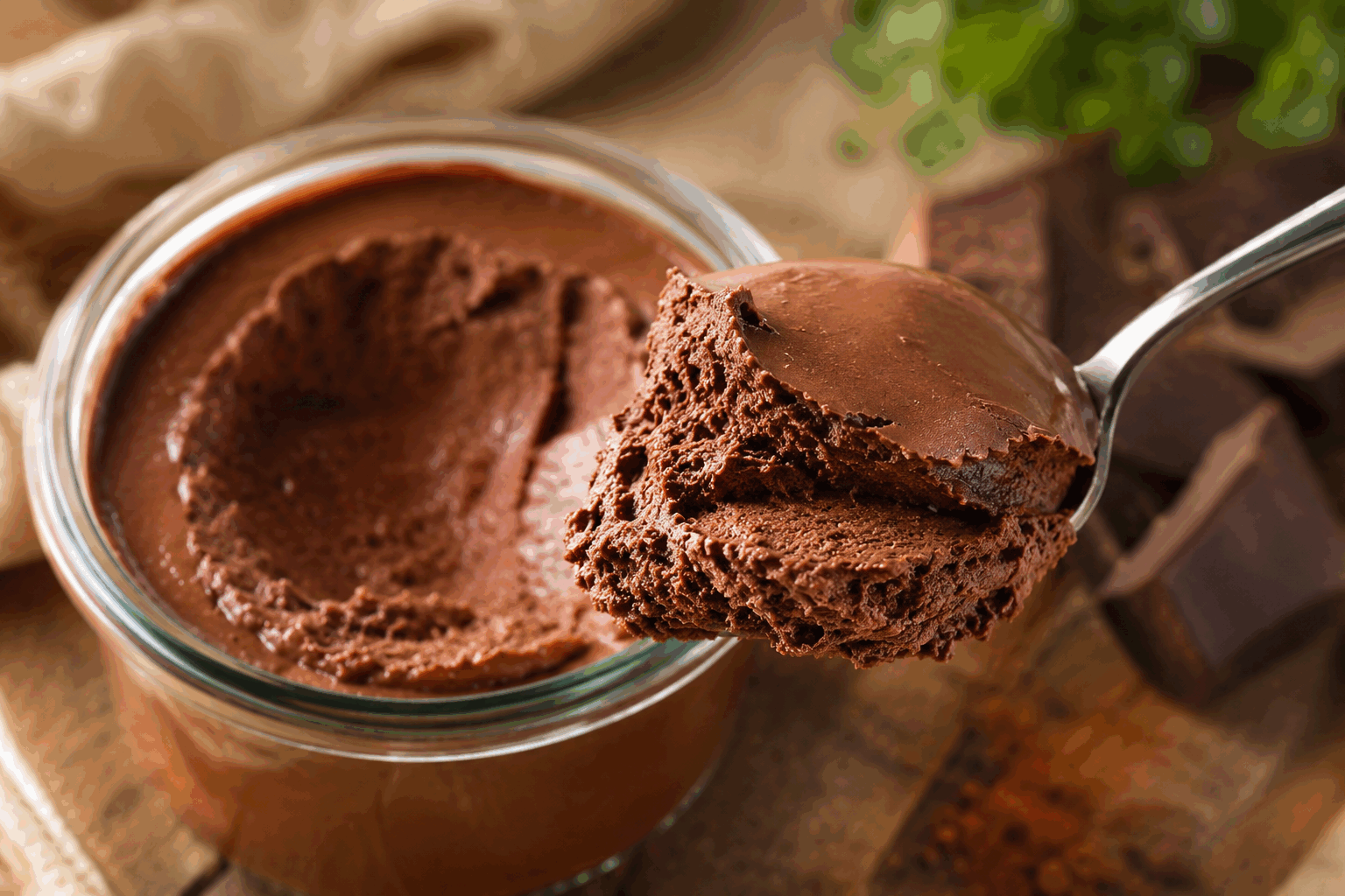 Mousse au chocolat ultra simple : 1 ingrédient magique en 5 minutes seulement 😍 Description Cette mousse au chocolat est la recette la plus rapide et facile à réaliser, nécessitant un seul ingrédient principal. Sa texture légère et fondante offre un goût intense en chocolat noir, parfait pour une envie gourmande express. Idéale pour un dessert improvisé ou pour épater vos invités sans effort. Informations Temps de préparation : 5 minutes Temps de cuisson : 0 minute Nombre de portions : 4 personnes Difficulté : Facile Ingrédients Pour la mousse 200 g de crème de soja ou de crème de coco bien froide (1 ingrédient magique) 150 g de chocolat noir à 70% de cacao Préparation Cassez le chocolat noir en morceaux et faites-le fondre doucement au bain-marie ou au micro-ondes par intervalles de 20 secondes en remuant entre chaque, jusqu’à obtenir une texture lisse. Laissez tiédir le chocolat fondu à température ambiante pendant 2 minutes. Versez la crème bien froide dans un bol et fouettez-la vigoureusement avec un batteur électrique jusqu’à ce qu’elle monte en chantilly ferme. Incorporez délicatement le chocolat fondu tiède à la chantilly à l’aide d’une maryse, en soulevant la masse pour conserver toute l’aération. Répartissez la mousse dans des verrines ou petits bols et réservez au réfrigérateur pendant au moins 2 heures avant de servir. Astuces Pour réussir une mousse légère, utilisez impérativement une crème végétale très froide, elle montera mieux en chantilly. Si vous préférez une mousse plus gourmande, ajoutez un peu d’extrait de vanille ou une pincée de sel dans le chocolat fondu. Vous pouvez remplacer le chocolat noir par un chocolat au lait ou au caramel pour varier les saveurs. Ne fouettez pas trop longtemps la crème pour éviter qu’elle ne tourne en beurre. Service Servez cette mousse au chocolat ultra simple dans de jolies verrines, décorée de copeaux de chocolat, de fruits rouges frais ou d’une feuille de menthe pour une touche de couleur. Ce dessert léger et rapide est parfait pour conclure un repas improvisé ou offrir un moment de plaisir sans prise de tête.