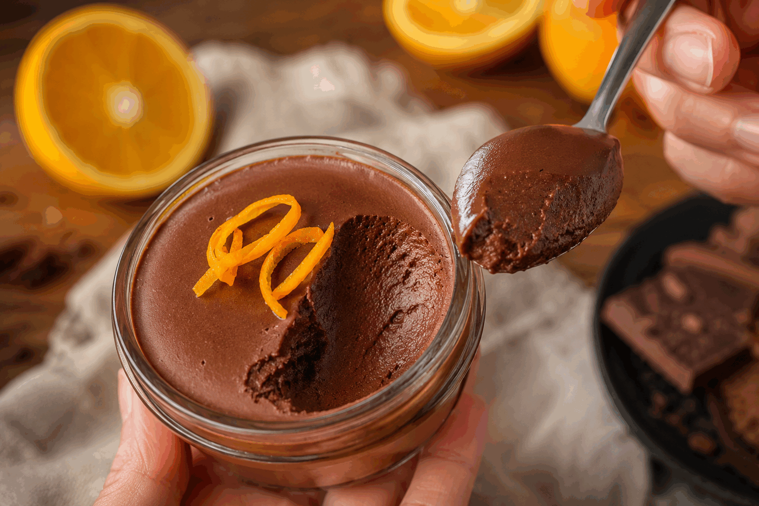 Mousse chocolat-orange sans sucre, 2 ingrédients et seulement 5 minutes pour fondre de plaisir 😍 Description Cette mousse légère et onctueuse combine la richesse du chocolat noir avec la fraîcheur acidulée de l'orange. Sans ajout de sucre, elle séduit par sa simplicité et son goût intense, idéale pour une pause gourmande saine et rapide. Parfaite pour les amateurs de desserts légers et fruités, elle se prépare en seulement 5 minutes avec seulement deux ingrédients essentiels. Informations Temps de préparation : 5 minutes Temps de cuisson : 0 minute Nombre de portions : 4 personnes Difficulté : Facile Ingrédients Pour la mousse 200 g de chocolat noir intense (minimum 70 % de cacao) 2 oranges bio (zeste et jus) Préparation Râpe finement le zeste de deux oranges en prenant soin de ne pas inclure la partie blanche pour éviter l’amertume. Fais fondre le chocolat au bain-marie ou au micro-ondes par intervalles de 30 secondes, en remuant entre chaque, jusqu’à obtenir une texture lisse. Presser le jus des oranges et ajoute-le progressivement au chocolat fondu tout en mélangeant vivement pour bien amalgamer les saveurs et éviter que le chocolat ne durcisse. Laisse tiédir légèrement puis verse la préparation dans des verrines ou un bol. Place au réfrigérateur pendant au moins 3 heures, idéalement une nuit, pour que la mousse prenne une texture légère et aérienne. Astuces Utilise des oranges bio pour profiter pleinement du zeste sans pesticides. Incorpore le jus d’orange petit à petit pour éviter que le chocolat ne tranche. Pour une texture encore plus légère, tu peux fouetter légèrement la préparation une fois tiédie avant de la réfrigérer. Conserve la mousse au réfrigérateur et consomme-la dans les 48 heures pour une fraîcheur optimale. Service Servez la mousse bien fraîche, décorée d’un zeste d’orange ou de quelques quartiers d’orange pelés à vif. Ce dessert élégant accompagne parfaitement un café ou un thé pour une fin de repas légère et gourmande.