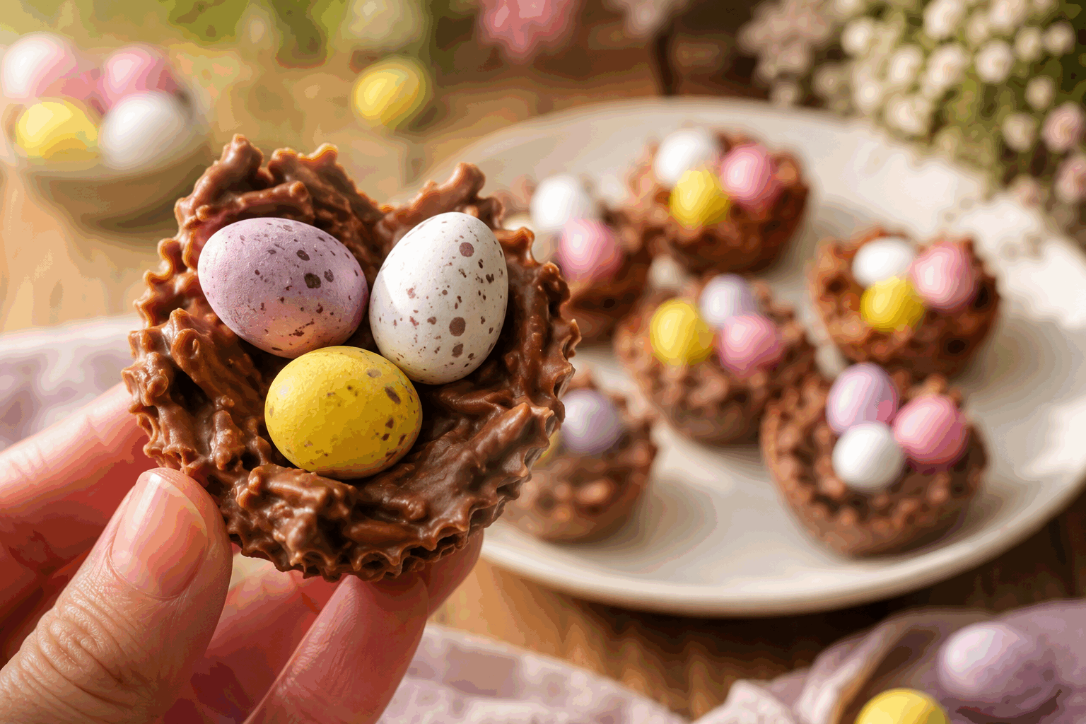 Nids de Pâques en 3 ingrédients, prêts en 5 minutes pour toute la famille 👌 Description Ces nids de Pâques sont des douceurs rapides et faciles à réaliser, composées de seulement trois ingrédients simples. Leur forme évoque un nid de printemps, parfait pour la fête de Pâques et pour ravir petits et grands avec des saveurs gourmandes et chocolatées. Idéal pour une activité en famille ou pour un dessert express, ce dessert allie croustillant et douceur, sans cuisson compliquée. Informations Temps de préparation : 5 minutes Temps de cuisson : 0 minute Nombre de portions : 6 pièces Difficulté : Facile Ingrédients Pour les nids 150 g de céréales corn flakes 150 g de chocolat au lait 30 g de beurre doux Pour la décoration 1 poignée de petits œufs en sucre ou en chocolat Préparation Fais fondre doucement le chocolat avec le beurre au bain-marie ou au micro-ondes par intervalles de 20 secondes, en remuant pour obtenir un mélange lisse. Verse les céréales dans un grand saladier, puis incorpore le mélange chocolat-beurre fondu en remuant délicatement pour bien enrober les corn flakes sans les casser. Dispose des petits tas de céréales chocolatées à l’aide de deux cuillères à soupe sur une plaque recouverte de papier cuisson, en formant une légère cavité au centre pour imiter un nid. Place les nids au réfrigérateur pendant 10 minutes pour qu’ils durcissent rapidement. Dépose quelques œufs en sucre ou en chocolat au centre de chaque nid avant de servir. Astuces Utilise des céréales croustillantes pour garder le contraste avec le chocolat fondant. Si tu ne trouves pas de petits œufs, remplace-les par des bonbons colorés ou des mini guimauves. Travaille vite pour éviter que le chocolat ne durcisse avant d’avoir formé les nids. Conserve les nids dans une boîte hermétique au frais jusqu’à 24 heures pour garder tout leur croquant. Service Présente ces nids sur un joli plat accompagné, pourquoi pas, de quelques branches de printemps ou de fleurs comestibles pour une touche festive. Ils sont parfaits à offrir lors d’un goûter de Pâques ou à déguster en dessert léger et gourmand.
