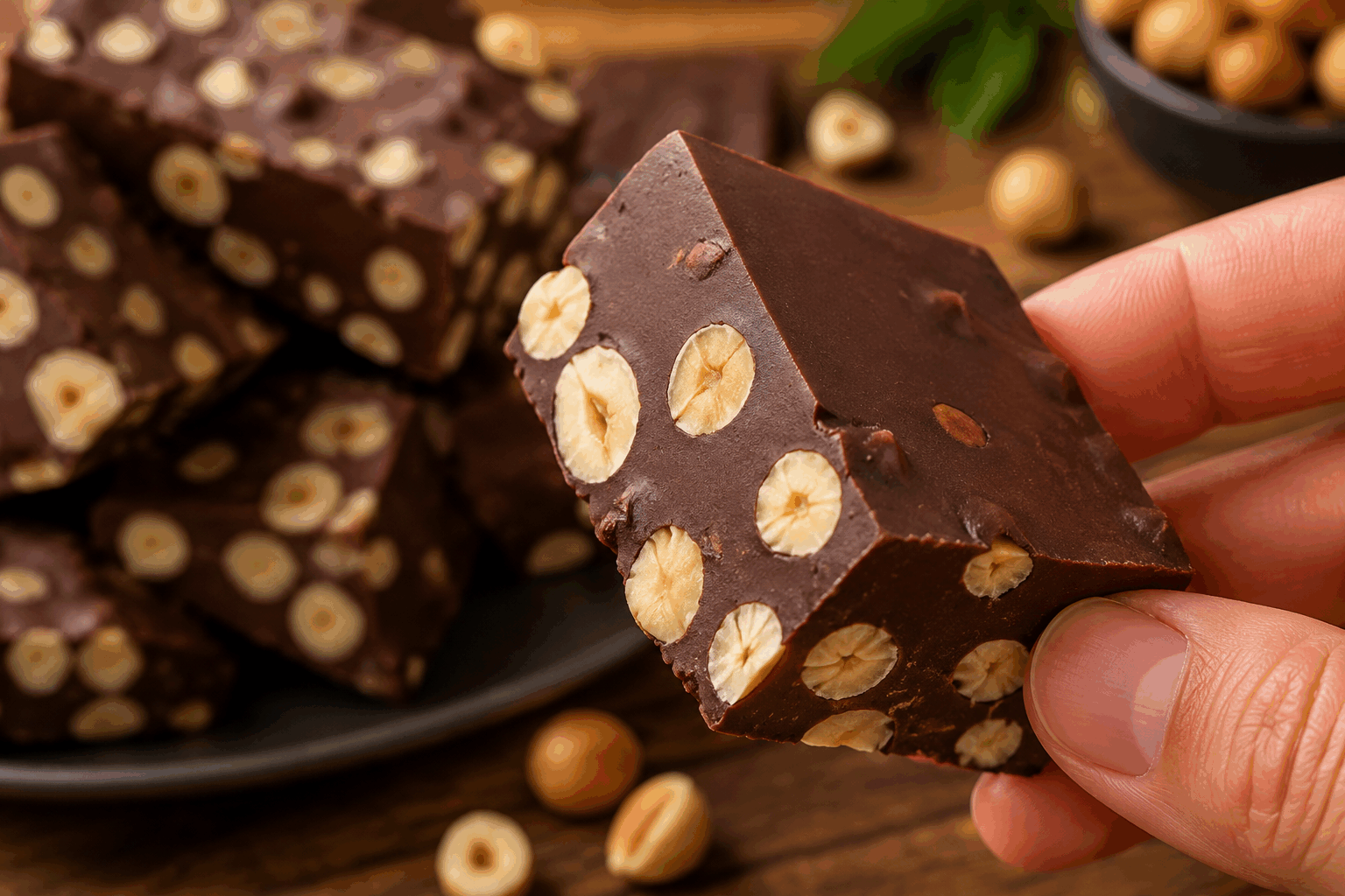 Nougat chocolat noisettes prêt en 5 minutes, sans œufs et tellement fondant 😍 Description Ce nougat chocolat noisettes est une gourmandise rapide et facile à réaliser, parfaite pour combler une envie sucrée sans passer des heures en cuisine. Fondant à souhait, il allie le croquant des noisettes torréfiées à la douceur du chocolat, sans utiliser d'œufs. Idéal pour une pause café ou comme petit cadeau fait maison. Informations Temps de préparation : 5 minutes Temps de cuisson : 0 minutes Nombre de portions : 6 à 8 pièces Difficulté : Facile Ingrédients Pour le nougat chocolat noisettes 150 g de chocolat noir (minimum 60% de cacao) 80 g de noisettes entières 120 g de sucre glace 30 g de beurre doux 1 cuillère à soupe d’eau 1 pincée de sel Préparation Torréfie les noisettes à sec dans une poêle chaude pendant 2 à 3 minutes en remuant régulièrement jusqu’à ce qu’elles soient dorées et parfumées. Laisse-les refroidir puis frotte-les dans un torchon pour enlever la peau si souhaité. Fais fondre le chocolat au bain-marie ou au micro-ondes par tranches de 30 secondes, en remuant entre chaque, pour éviter qu’il ne brûle. Dans une petite casserole, mélange le sucre glace avec l’eau et la pincée de sel, fais chauffer doucement jusqu’à obtenir un sirop léger (environ 2 minutes sur feu doux), puis retire du feu. Incorpore le beurre dans le sirop encore chaud en mélangeant jusqu’à ce qu’il soit fondu et bien homogène. Verse le mélange sucre-beurre dans le chocolat fondu et mélange bien pour obtenir une préparation brillante et lisse. Ajoute enfin les noisettes torréfiées et mélange pour les répartir uniformément. Verse la préparation dans un moule rectangulaire tapissé de papier sulfurisé, étale bien à la spatule de manière régulière. Laisse reposer à température ambiante pendant environ 1 heure pour que le nougat prenne de la texture. Une fois bien ferme, découpe en carrés ou rectangles et conserve dans une boîte hermétique à température ambiante. Astuces Utilise un chocolat de bonne qualité pour obtenir un meilleur goût et une texture fondante. Tu peux remplacer les noisettes par des amandes, noix de pécan ou pistaches pour varier les saveurs. Si tu souhaites un nougat plus ferme, ajoute un peu plus de sucre glace ou laisse-le reposer au frais une demi-heure. Conserve le nougat dans un endroit frais et sec pour préserver son fondant et éviter que le chocolat ne devienne terne. Service Sers ces nougats chocolat noisettes en petites portions lors d’un goûter ou d’un café, présentés dans de jolies caissettes en papier. Ils sont également parfaits comme douceurs à offrir pendant les fêtes ou en cadeau gourmand.