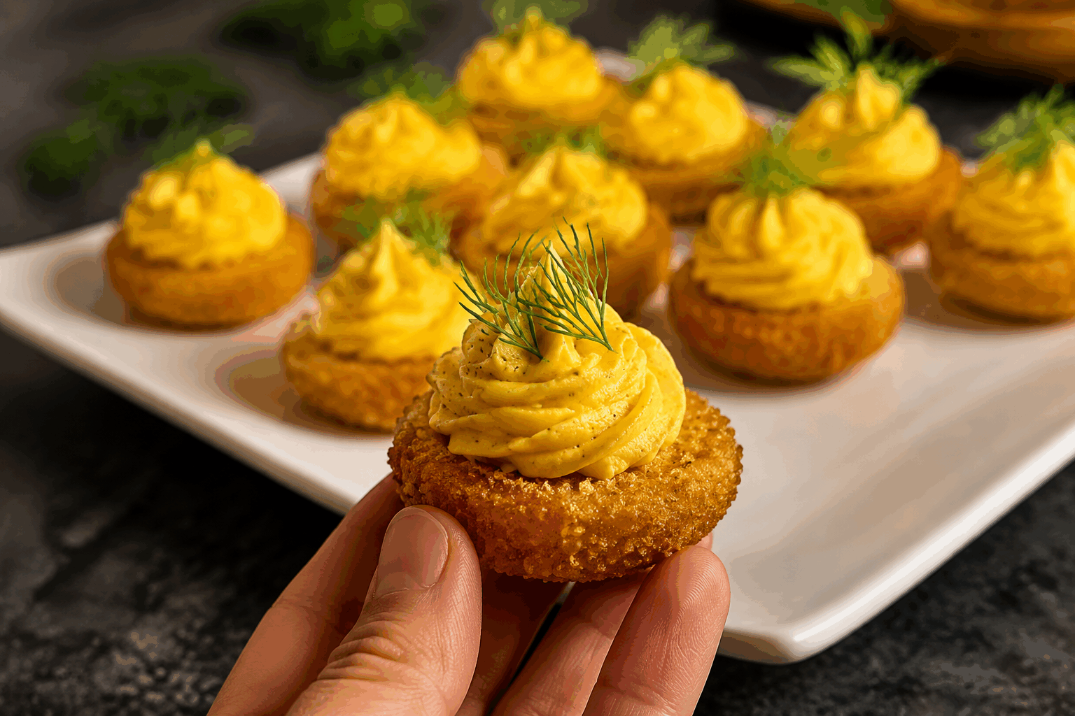 Œufs mimosa ultra croustillants en 10 minutes, l’apéro express qui fait craquer 🔥 Description Ces œufs mimosa revisités allient douceur et croustillant pour un apéritif rapide et irrésistible. La farce classique des œufs mimosa, onctueuse et savoureuse, est enrobée d’une fine panure croustillante, idéale pour surprendre vos invités. Parfaits pour un apéro express ou une soirée conviviale, ils se dégustent tièdes pour un plaisir maximal. Informations Temps de préparation : 8 minutes Temps de cuisson : 2 minutes Nombre de portions : 6 pièces Difficulté : Facile Ingrédients Pour les œufs mimosa 3 œufs 40 g de mayonnaise 1 cuillère à café de moutarde douce 1 cuillère à soupe de ciboulette fraîche ciselée Sel et poivre du moulin Pour la panure croustillante 30 g de chapelure fine 30 g de farine 1 œuf battu Huile de tournesol (pour friture express) Préparation Fais cuire les œufs dans une casserole d’eau bouillante pendant 9 minutes. Rafraîchis-les immédiatement sous l’eau froide, puis écale-les. Coupe les œufs en deux dans le sens de la longueur, retire délicatement les jaunes et place-les dans un bol. Écrase les jaunes avec une fourchette, ajoute la mayonnaise, la moutarde, la ciboulette, du sel et du poivre. Mélange jusqu’à obtenir une farce homogène et crémeuse. Remplis les blancs d’œufs avec cette préparation à l’aide d’une petite cuillère ou d’une poche à douille. Prépare la panure : dispose dans trois assiettes séparées la farine, l’œuf battu, puis la chapelure. Passe délicatement les œufs garnis dans la farine (sur les parties garnies et blanches), puis dans l’œuf battu, et enfin dans la chapelure pour bien les enrober. Fais chauffer environ 2 cm d’huile de tournesol dans une poêle à feu moyen-vif (environ 180°C). Fais frire les œufs panés 1 minute de chaque côté jusqu’à ce qu’ils soient dorés et croustillants. Égoutte-les sur du papier absorbant. Astuces Ne surcharge pas la poêle pour conserver une huile bien chaude et un croustillant parfait. Tu peux préparer la farce à l’avance, puis paner et frire les œufs juste avant de servir pour garder le croustillant. Pour une version plus légère, utilise de la chapelure panko qui apportera davantage de croquant. Accompagne ces œufs mimosa d’une pointe de piment d’Espelette ou d’un coulis de poivron rouge pour relever la saveur. Service Servez ces œufs mimosa ultra croustillants tièdes, accompagnés d’un verre de vin blanc frais ou d’une bière légère. Dispose-les sur un joli plat d’apéritif, garnis de quelques brins de ciboulette ou de persil frais pour la couleur. Ils feront sensation lors d’un apéritif express entre amis ou en famille.