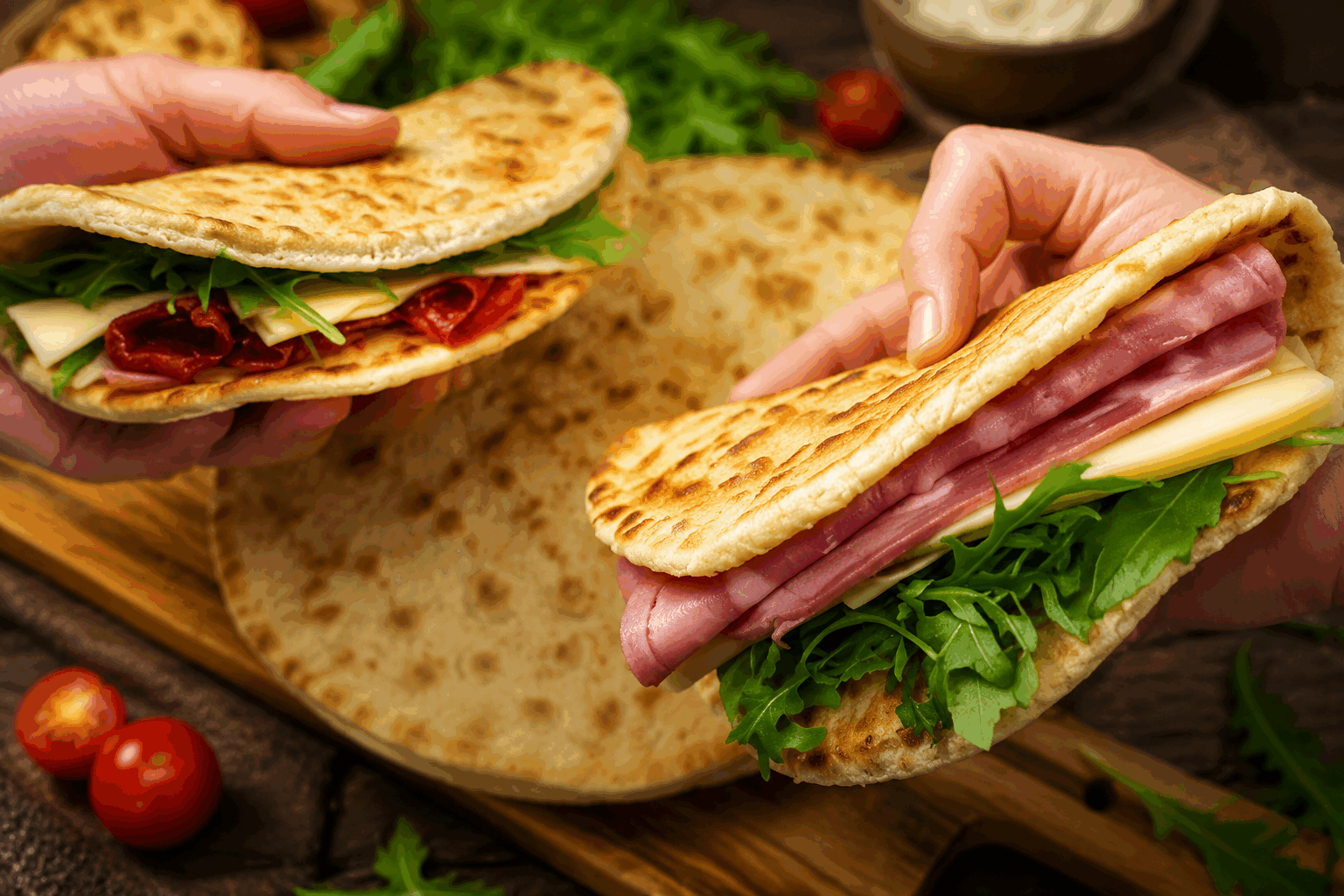 Pain plat italien sans levure, prêt en 5 minutes : la recette de la piadina authentique 🔥 Description La piadina est un pain plat typique de la région d’Émilie-Romagne en Italie. Elle se caractérise par sa texture souple et légèrement croustillante, obtenue sans levure et cuite en quelques minutes sur une poêle. Idéale pour un repas rapide, elle se déguste garnie de charcuteries, de fromages et de légumes frais. Informations Temps de préparation : 5 minutes Temps de cuisson : 2 minutes Nombre de portions : 4 piadinas Difficulté : Facile Ingrédients Pour la pâte 250 g de farine de blé 50 ml d’eau tiède 50 ml de lait tiède 30 ml d’huile d’olive extra vierge 1/2 cuillère à café de sel Préparation Mélange la farine et le sel dans un grand bol. Ajoute l’eau tiède, le lait tiède et l’huile d’olive. Mélange avec une cuillère puis pétris rapidement à la main jusqu’à obtenir une pâte souple et homogène (environ 2 minutes). Divise la pâte en 4 portions égales et forme des boules. Sur un plan de travail légèrement fariné, étale chaque boule en un disque fin d’environ 20 cm de diamètre. Fais chauffer une poêle antiadhésive à feu moyen-vif sans matière grasse. Dépose une piadina dans la poêle chaude et cuis-la 1 à 2 minutes de chaque côté, jusqu’à ce que des taches dorées apparaissent. Procède de même avec les autres disques. Astuces Pour une pâte plus moelleuse, laisse reposer la pâte 10 minutes avant de l’étaler. Utilise une poêle bien chaude pour obtenir une cuisson rapide et une belle coloration. Ne surcharge pas la piadina lors de la cuisson, elle doit pouvoir gonfler légèrement. Pour varier, ajoute des herbes aromatiques sèches (romarin, thym) directement dans la pâte. Service Servez la piadina chaude garnie traditionnellement de jambon de Parme, de fromage fontina et de roquette. Accompagnez-la d’une salade fraîche pour un déjeuner léger ou dégustez-la roulée avec une garniture de saison, parfaite pour un repas convivial et rapide.