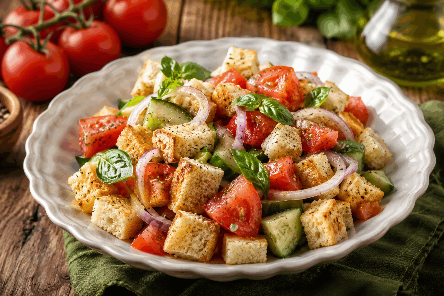Panzanella : la salade italienne aux 5 ingrédients frais prête en 10 minutes 🔥 Description La Panzanella est une salade traditionnelle toscane célèbre pour sa fraîcheur et sa simplicité. Composée essentiellement de pain rassis, de tomates mûres, de basilic, d’oignon rouge et d’huile d’olive, elle offre un équilibre délicieux entre saveurs et textures. Parfaite pour l’été, elle se prépare rapidement et se déguste fraîche, idéale en accompagnement ou repas léger. Informations Temps de préparation : 10 minutes Temps de cuisson : 0 minute Nombre de portions : 4 personnes Difficulté : Facile Ingrédients Pour la salade 200 g de pain de campagne rassis 400 g de tomates mûres 1 petit oignon rouge 10 feuilles de basilic frais 4 cuillères à soupe d’huile d’olive extra vierge 2 cuillères à soupe de vinaigre de vin rouge Sel fin selon goût Poivre noir fraîchement moulu selon goût Préparation Coupe le pain en gros cubes. S’il est trop dur, humidifie-le légèrement avec un filet d’eau et laisse-le absorber quelques minutes. Coupe les tomates en gros dés et place-les dans un saladier. Émince finement l’oignon rouge et ajoute-le aux tomates. Ajoute les cubes de pain au saladier avec les feuilles de basilic déchirées à la main. Assaisonne avec le sel, le poivre, l’huile d’olive et le vinaigre, puis mélange délicatement pour bien répartir les saveurs. Laisse reposer la salade 5 minutes à température ambiante pour que le pain s’imprègne des jus et condiments. Goûte et rectifie l’assaisonnement si nécessaire avant de servir. Astuces Utilise du pain rassis, il absorbe mieux les saveurs sans se désagréger. Choisis des tomates bien mûres et parfumées pour maximiser le goût de la salade. Ne coupe pas le basilic au couteau pour éviter l’oxydation, déchire-le à la main. Serre la panzanella dans les heures qui suivent sa préparation pour éviter que le pain soit trop mou. Service Sers la panzanella fraîche en entrée ou en accompagnement de grillades, poissons ou plats méditerranéens. Présente-la dans un saladier transparent pour mettre en valeur ses couleurs vives et rafraîchissantes, idéale à partager lors d’un déjeuner estival convivial.