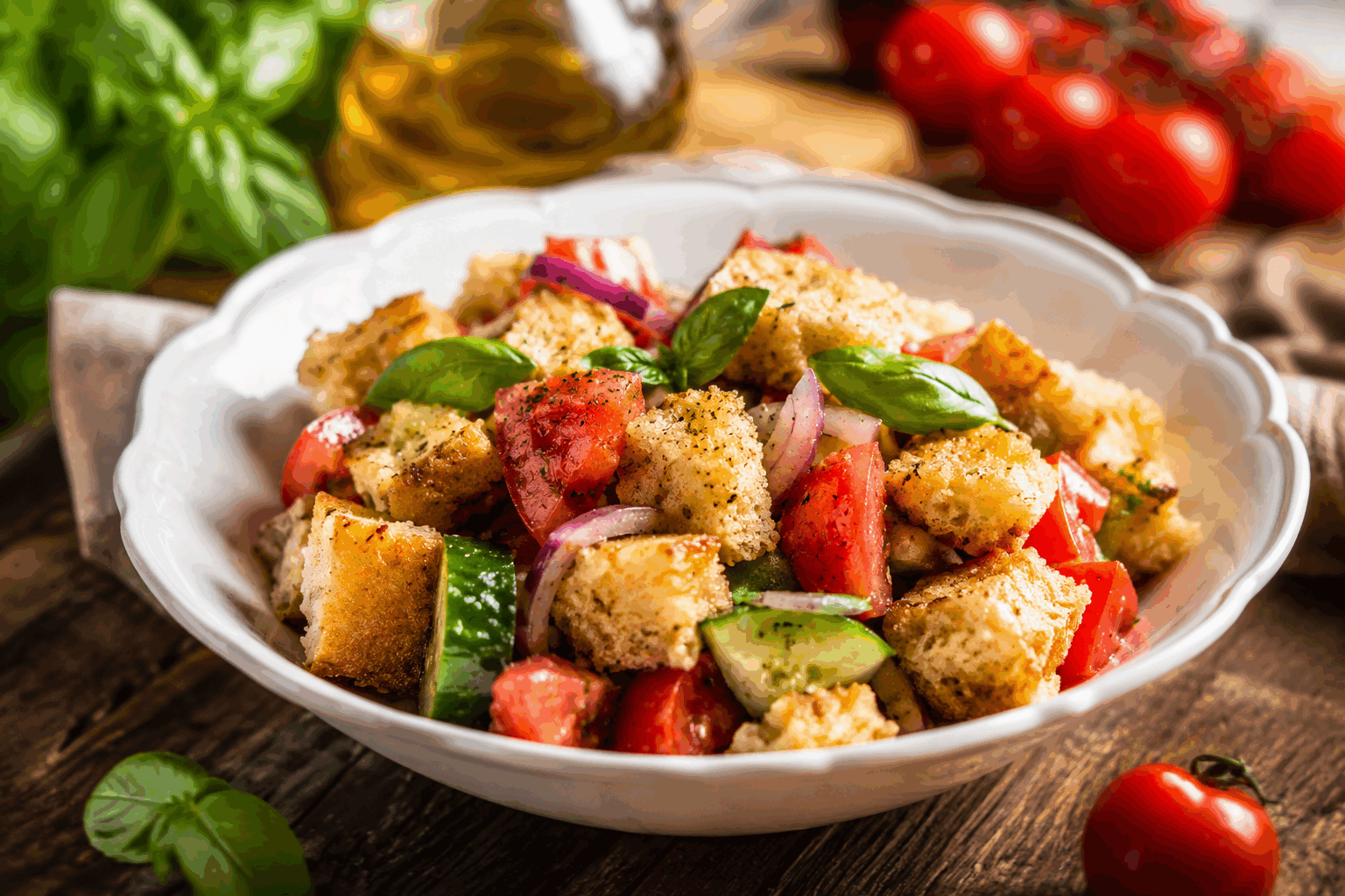 Panzanella : la salade italienne aux 5 ingrédients qui fait fondre les papilles 🔥 Description La Panzanella est une salade italienne traditionnelle, originaire de Toscane, préparée avec du pain rassis et quelques ingrédients frais. Simple et savoureuse, elle mêle croquant, acidité et douceur pour un résultat rafraîchissant et authentique. Parfaite pour les beaux jours, elle égaye aussi bien un déjeuner en plein air qu’un dîner léger. Informations Temps de préparation : 15 minutes Temps de cuisson : 5 minutes Nombre de portions : 4 personnes Difficulté : Facile Ingrédients Pour la salade 200 g de pain toscan rassis (ou pain de campagne) 300 g de tomates mûres (variété cœur de bœuf ou tomates cerises) 1 petit oignon rouge 40 ml d’huile d’olive extra vierge 15 ml de vinaigre de vin rouge Quelques feuilles de basilic frais Sel fin Poivre noir fraîchement moulu Préparation Coupe le pain en morceaux irréguliers d’environ 2 cm. Si le pain est très dur, fais-le légèrement griller au four à 180°C pendant 5 minutes pour le rendre croustillant à l’extérieur et moelleux à l’intérieur. Plonge rapidement le pain dans un bol d’eau froide pour l’humidifier, presse-le ensuite délicatement afin d’ôter l’excès d’eau sans l’émietter. Coupe les tomates en gros dés et émince finement l’oignon rouge. Mélange dans un grand saladier le pain, les tomates et l’oignon. Assaisonne avec l’huile d’olive, le vinaigre de vin rouge, le sel et le poivre. Mélange délicatement pour bien répartir les saveurs. Ajoute les feuilles de basilic déchirées à la main pour préserver leur parfum. Laisse reposer la salade au moins 10 minutes à température ambiante pour que le pain s’imprègne des jus et des assaisonnements. Astuces Choisis un pain de qualité avec une mie dense et ferme, idéalement un pain toscan sans sel. Utilise toujours des tomates mûres mais fermes pour éviter que la salade ne devienne trop aqueuse. Ne trempe pas trop longtemps le pain dans l’eau, il doit être humide sans se désagréger. Laisse la salade reposer pour que les saveurs se développent, c’est la clé du succès! Service Sers la Panzanella fraîche, en entrée ou en plat léger, accompagnée d’un vin blanc sec italien. Cette salade s’intègre parfaitement à un repas estival, avec des grillades, des antipasti ou juste un filet d’huile d’olive en supplément à table.