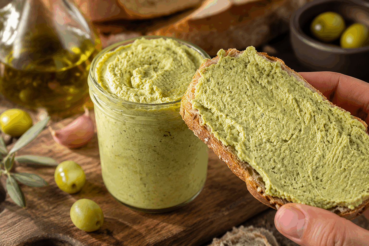 Pâte à tartiner d’olives vertes express : 5 minutes pour épater vos invités 👌✨ Description Cette pâte à tartiner d’olives vertes est une délicieuse préparation savoureuse et rapide à réaliser. Son goût légèrement salé et fruité apportera une touche méditerranéenne à vos apéritifs ou vos entrées. Idéale pour épater vos invités sans passer des heures en cuisine, elle se déguste sur du pain grillé, des crackers ou en accompagnement d’une salade. Informations Temps de préparation : 5 minutes Temps de cuisson : 0 minute Nombre de portions : 4 personnes Difficulté : Facile Ingrédients Pour la pâte à tartiner 150 g d’olives vertes dénoyautées 1 gousse d’ail 2 cuillères à soupe d’huile d’olive extra vierge 1 cuillère à soupe de jus de citron frais 1 cuillère à café de câpres (optionnel) Quelques feuilles de basilic frais ou de thym Poivre noir du moulin, au goût Une pincée de sel (facultatif, selon le goût et la salinité des olives) Préparation Rincez rapidement les olives vertes sous l’eau froide pour enlever l’excès de sel, puis égouttez-les soigneusement. Épluchez la gousse d’ail et retirez le germe pour éviter l’amertume. Dans le bol d’un mixeur ou d’un robot culinaire, combinez les olives, la gousse d’ail, les câpres, le jus de citron et l’huile d’olive. Mixez par à-coups pendant 30 à 40 secondes jusqu’à obtenir une texture légèrement granuleuse et homogène. N’insistez pas trop pour garder un peu de mâche. Goûtez, puis assaisonnez avec un peu de poivre et, si nécessaire, de sel. Ajoutez quelques feuilles de basilic ou de thym frais, puis mélangez à nouveau rapidement pour incorporer les herbes sans les broyer entièrement. Transférez la pâte à tartiner dans un petit bol et laissez-la reposer 5 minutes au réfrigérateur avant de servir pour que les saveurs se développent. Astuces Préférez des olives vertes de bonne qualité, pas trop salées, pour un goût équilibré. Variez les herbes aromatiques selon vos envies : coriandre, persil ou même origan se marient aussi très bien. Si la texture vous semble trop épaisse, ajoutez un filet d’huile d’olive ou un peu d’eau froide pour l’assouplir. Conservez cette pâte à tartiner dans un récipient hermétique au réfrigérateur pendant 3 à 4 jours maximum. Service Serrvez cette pâte à tartiner d’olives vertes express sur des tranches de pain grillé, des crackers ou des bâtonnets de légumes frais (carottes, concombre, fenouil). Elle accompagnera également très bien des plateaux de charcuterie ou de fromages lors d’un apéritif convivial. Un vrai régal simple et rapide qui fera sensation !