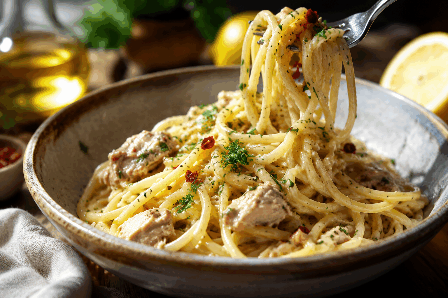 Pâtes au thon prêtes en 5 minutes, le secret d’un plat simple et délicieux 🔥 Description Ce plat de pâtes au thon est une recette express, idéale pour les soirs où le temps manque mais où le goût reste essentiel. Associant la douceur du thon à la texture fondante des pâtes, il offre un équilibre savoureux et réconfortant. Simple, rapide et accessible, il convient parfaitement pour un repas en semaine ou un déjeuner sur le pouce. Informations Temps de préparation : 2 minutes Temps de cuisson : 3 minutes Nombre de portions : 2 personnes Difficulté : Facile Ingrédients Pour les pâtes 160 g de pâtes courtes (penne, fusilli, ou coquillettes) 1 litre d’eau 1 pincée de sel Pour la garniture au thon 150 g de thon en conserve (au naturel ou à l’huile d’olive) 2 cuillères à soupe d’huile d’olive 1 gousse d’ail Une pincée de piment d’Espelette (facultatif) Quelques brins de persil frais Sel et poivre du moulin Préparation Fais bouillir 1 litre d’eau salée dans une casserole. Ajoute les pâtes et cuis-les selon le temps indiqué sur le paquet (généralement 3 minutes pour les pâtes fraîches ou coquillettes), en veillant à ce qu’elles restent al dente. Pendant la cuisson des pâtes, émince finement la gousse d’ail et fais-la légèrement revenir dans une poêle avec l’huile d’olive à feu doux, sans coloration. Égoutte le thon et ajoute-le dans la poêle, chauffe doucement en émiettant le thon à la fourchette. Assaisonne avec le piment d’Espelette, le sel et le poivre. Une fois les pâtes cuites, égoutte-les en réservant un peu d’eau de cuisson. Verse les pâtes dans la poêle avec le thon, mélange bien et ajoute un peu d’eau de cuisson pour lier le tout si nécessaire. Hache le persil frais et parsème-le sur les pâtes avant de servir. Astuces Pour encore plus de saveur, remplace le thon en conserve au naturel par du thon à l’huile d’olive. Ne jette pas l’eau de cuisson des pâtes, elle est parfaite pour ajuster la consistance de la sauce. Ajoute un filet de jus de citron pour apporter de la fraîcheur et réveiller les arômes du thon. Utilise des pâtes fraîches pour gagner du temps et obtenir une texture parfaite en seulement 3 minutes. Service Servez ce plat simple et rapide accompagné d’une salade verte croquante ou de quelques tomates cerises rôties pour une touche colorée. C’est une recette idéale pour un dîner improvisé ou un déjeuner convivial, que vous pouvez agrémenter d’un peu de parmesan râpé selon vos goûts.
