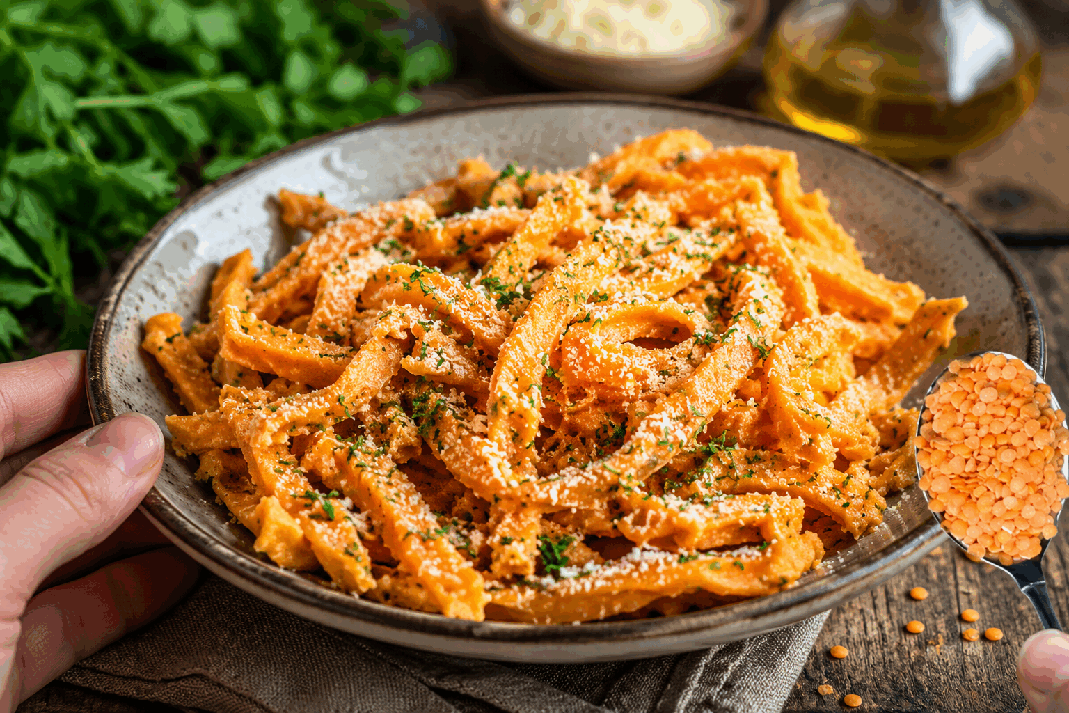 Pâtes maison sans gluten avec une seule lentille corail, prêtes en 10 minutes 🔥 Description Ces pâtes maison sans gluten sont à la fois rapides et originales, incorporant de la lentille corail pour une texture douce et une légère saveur subtilement sucrée. Parfaites pour un repas express et nutritif, elles conviennent à ceux qui recherchent une alternative sans gluten riche en protéines végétales. Informations Temps de préparation : 5 minutes Temps de cuisson : 5 minutes Nombre de portions : 2 personnes Difficulté : Facile Ingrédients Pour la pâte 80 g de farine de riz 40 g de farine de lentille corail 1 œuf 1 cuillère à soupe d’huile d’olive 1 pincée de sel 2 à 3 cuillères à soupe d’eau tiède (ajuster selon la texture) Préparation Dans un saladier, mélangez la farine de riz, la farine de lentille corail et le sel. Ajoutez l’œuf et l’huile d’olive, puis commencez à bien mélanger avec une fourchette. Ajoutez progressivement l’eau tiède tout en pétrissant jusqu’à obtenir une pâte homogène et souple, sans la rendre trop collante. Formez une boule, puis étalez la pâte sur un plan fariné jusqu’à obtenir une épaisseur d’environ 2 mm. Découpez la pâte en fines lanières pour former des tagliatelles ou en morceaux selon la forme souhaitée. Faites bouillir une grande casserole d’eau salée, puis plongez les pâtes et laissez cuire 4 à 5 minutes jusqu’à ce qu’elles remontent à la surface. Égouttez les pâtes et servez immédiatement avec une sauce de votre choix. Astuces Farinez légèrement la pâte et vos mains pour éviter que la préparation colle lors de l’étalage et du découpage. La farine de lentille corail apporte de la couleur et des protéines, mais vous pouvez l’adapter en combinant avec de la farine de maïs pour plus de légèreté. Ne cuisez pas trop les pâtes sans gluten pour conserver une bonne texture ferme et agréable. Pour gagner du temps, préparez la pâte à l’avance et conservez-la filmée au réfrigérateur jusqu’au moment de la cuisson. Service Servez ces pâtes avec un filet d’huile d’olive, quelques herbes fraîches comme du basilic ou du persil, et une sauce tomate maison ou un pesto simple. Elles sont idéales pour un déjeuner rapide, sain et gourmand, adaptées aux personnes intolérantes au gluten.