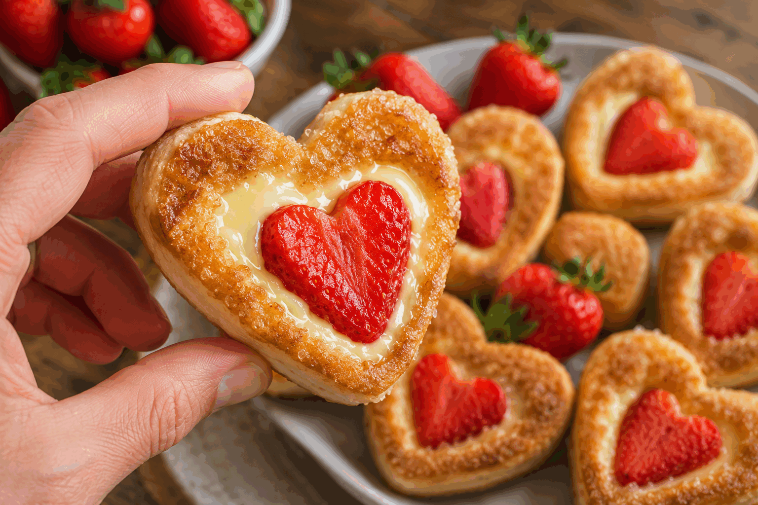 Pâtisserie feuilletée à la fraise et son cœur fondant en 5 minutes, un délice 😍 Description Cette pâtisserie feuilletée gourmande allie la légèreté d’une pâte croustillante à la douceur acidulée des fraises fraîches. Son cœur fondant, rapide à réaliser, apporte une touche de gourmandise irrésistible parfaite pour un dessert express ou un goûter improvisé. Informations Temps de préparation : 5 minutes Temps de cuisson : 15 minutes Nombre de portions : 4 pièces Difficulté : Facile Ingrédients Pour la pâte 1 rouleau de pâte feuilletée prête à l’emploi Pour la garniture 200 g de fraises fraîches 100 g de chocolat blanc 50 ml de crème liquide entière 1 cuillère à soupe de sucre glace 1 jaune d’œuf (pour la dorure) Préparation Préchauffe le four à 200°C (chaleur tournante de préférence). Découpe la pâte feuilletée en 4 carrés égaux et pose-les sur une plaque recouverte de papier cuisson. Rince, équeute et coupe les fraises en petits morceaux. Prépare le cœur fondant en faisant chauffer la crème liquide dans une petite casserole sans la faire bouillir, puis ajoute hors du feu le chocolat blanc en morceaux. Mélange jusqu’à obtenir une crème lisse. Répartis le mélange chocolat blanc sur la moitié de chaque carré de pâte. Ajoute les morceaux de fraises sur la crème fondante. Replie chaque carré sur lui-même pour former un chausson, puis presse les bords avec une fourchette pour bien sceller. Badigeonne la surface des chaussons avec le jaune d’œuf pour obtenir une belle dorure. Enfourne pour 12 à 15 minutes, jusqu’à ce que la pâte soit bien dorée et croustillante. À la sortie du four, saupoudre légèrement de sucre glace pour la touche de douceur finale. Astuces Veille à ne pas trop garnir les chaussons pour éviter que la garniture ne s’échappe à la cuisson. Le chocolat blanc peut être remplacé par du chocolat au lait pour un goût plus doux ou par du chocolat noir pour un contraste plus intense. Utilise des fraises bien mûres et parfumées pour maximiser la saveur. Si tu souhaites un cœur encore plus fondant, ajoute une petite cuillère de confiture de fraises au centre avant de refermer la pâte. Service Sers ces pâtisseries tièdes, accompagnées d’un peu de chantilly maison ou d’une boule de glace vanille pour un dessert encore plus gourmand. Idéal pour un goûter rapide ou un café entre amis.