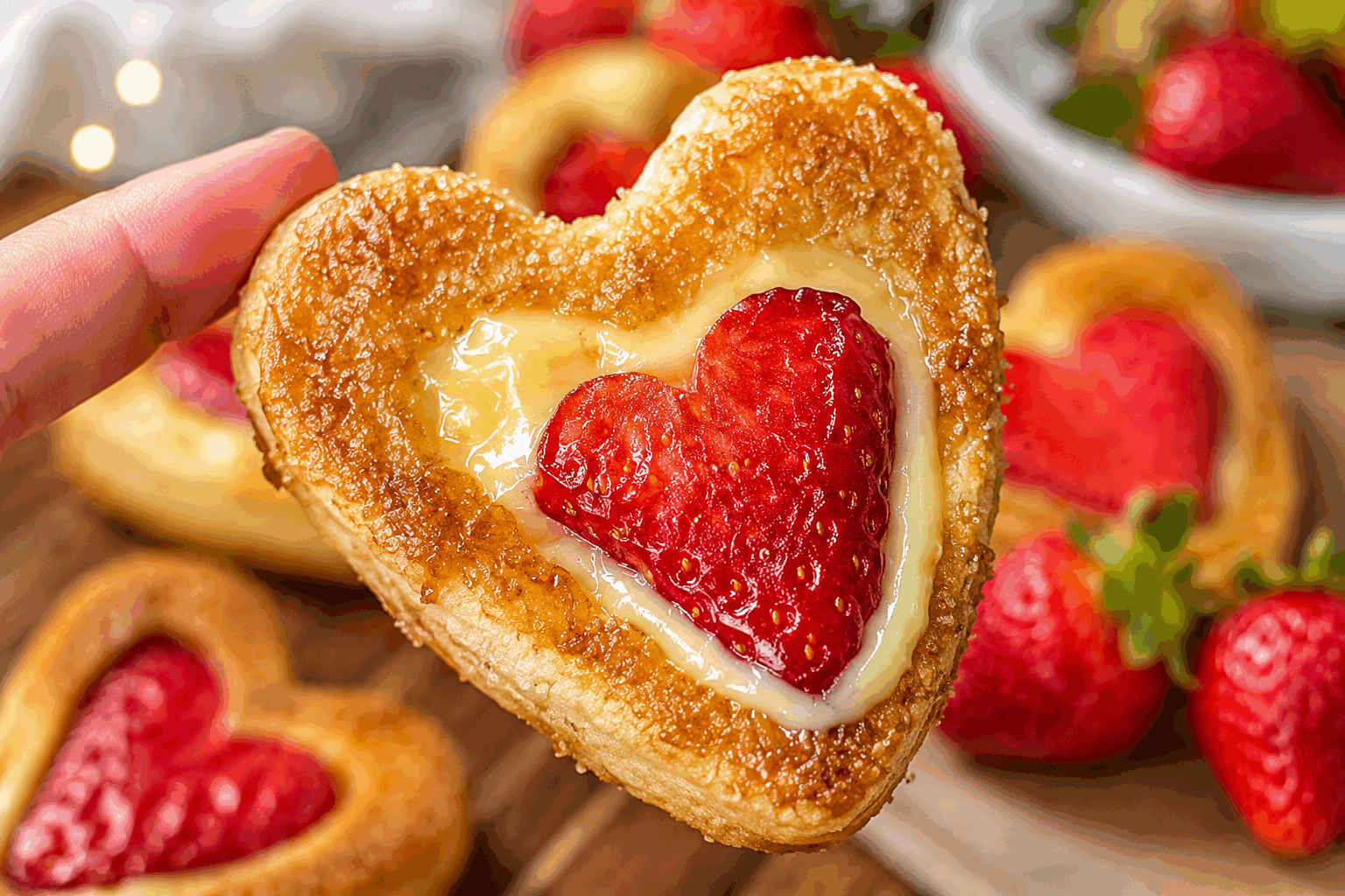 Pâtisserie feuilletée aux fraises et cœur crémeux : prêt en 5 minutes seulement ✨ Description Cette pâtisserie feuilletée combine la légèreté et le croustillant d’une pâte feuilletée dorée avec la fraîcheur acidulée des fraises. Son cœur crémeux onctueux apporte une douceur parfaite, pour un dessert rapide, élégant et gourmand. Idéal pour une pause sucrée improvisée ou pour épater vos invités en quelques minutes. Informations Temps de préparation : 5 minutes Temps de cuisson : 15 minutes Nombre de portions : 4 pièces Difficulté : Facile Ingrédients Pour la pâte feuilletée 1 rouleau de pâte feuilletée rectangulaire prête à l’emploi Pour le cœur crémeux 100 g de mascarpone 2 cuillères à soupe de sucre glace 1 cuillère à café d’extrait de vanille 1 cuillère à soupe de jus de citron frais Pour la garniture 200 g de fraises fraîches 1 cuillère à soupe de confiture de fraises ou gelée (optionnel, pour la brillance) Préparation Préchauffe le four à 200°C (chaleur tournante de préférence). Découpe la pâte feuilletée en 4 rectangles égaux. Pose-les sur une plaque recouverte de papier cuisson. Pose une cuillère à soupe bien bombée de la préparation crémeuse (mascarpone sucré et vanillé) au centre de chaque rectangle en laissant une bordure d’environ 1 cm. Lave et équeute les fraises, puis coupe-les en fines tranches. Dispose-les harmonieusement sur la crème en formant une rosace ou un simple tapis. Remonte les bords de la pâte légèrement vers le centre en formant un petit rebord pour contenir la garniture. Enfourne pour 12 à 15 minutes, jusqu’à ce que la pâte soit bien dorée et gonflée. À la sortie du four, badigeonne délicatement les fraises avec un peu de confiture ou gelée chauffée pour apporter de la brillance et garder les fraises fraîches plus longtemps. Laisse tiédir quelques minutes avant de déguster. Astuces Utilise des fraises bien mûres et fermes pour un meilleur goût et une tenue parfaite. Le mascarpone peut être remplacé par du fromage blanc bien égoutté pour un cœur plus léger. Ne surcharge pas la pâte avec trop de garniture pour éviter qu’elle ne ramollisse trop vite. Si tu souhaites préparer à l’avance, conserve séparément la pâte cuite et les fraises, et assemble juste avant de servir. Service Servez cette pâtisserie feuilletée tiède ou à température ambiante, accompagnée d’une boule de glace vanille ou d’un coulis de fruits rouges. Parfaite pour un dessert express ou un goûter raffiné entre amis ou en famille.