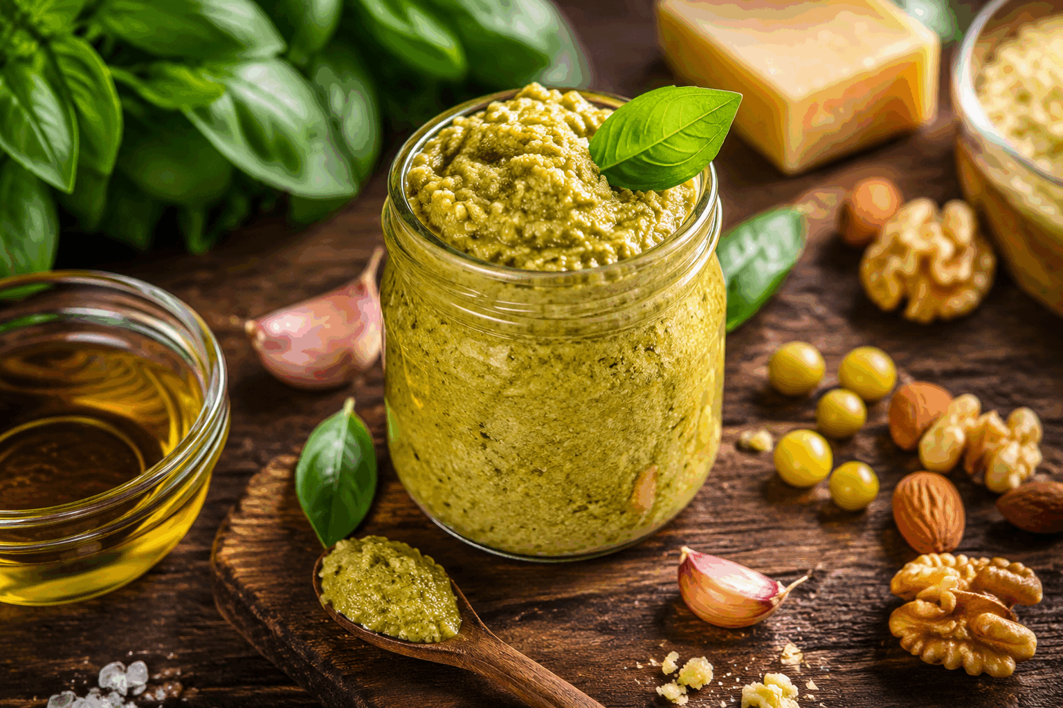 Pesto petits pois et noix en 5 minutes : la recette simple que vos enfants vont adorer 😍 Description Ce pesto frais et vibrant combine la douceur des petits pois avec le croquant délicat des noix pour offrir une sauce pleine de fraîcheur et de saveurs. Parfait pour accompagner des pâtes, des tartines ou même des légumes, ce pesto se prépare en seulement cinq minutes, idéal pour un repas rapide et convivial que toute la famille appréciera, y compris les enfants. Informations Temps de préparation : 5 minutes Temps de cuisson : 5 minutes Nombre de portions : 4 personnes Difficulté : Facile Ingrédients Pour le pesto 150 g de petits pois frais ou surgelés 40 g de noix décortiquées 30 g de parmesan râpé 1 gousse d’ail 3 cuillères à soupe d’huile d’olive 1 cuillère à soupe de jus de citron Sel fin Poivre noir fraîchement moulu Préparation Fais cuire les petits pois dans de l’eau bouillante salée pendant 3 à 5 minutes jusqu’à ce qu’ils soient tendres, puis égoutte-les et plonge-les immédiatement dans de l’eau glacée pour préserver leur couleur. Dans un mixeur, dépose les petits pois égouttés, les noix, la gousse d’ail pelée, le parmesan, le jus de citron, puis verse l’huile d’olive. Mixe le tout jusqu’à obtenir une consistance lisse et onctueuse. Ajoute un peu d’eau de cuisson réservée ou d’eau froide si la texture est trop épaisse. Assaisonne avec du sel et du poivre selon ton goût, puis mixe une dernière fois pour bien incorporer l’assaisonnement. Transfère le pesto dans un bol et utilise-le immédiatement ou conserve-le au frais dans un récipient hermétique pour une utilisation dans les 24 heures. Astuces Pour un pesto encore plus doux, retire la peau des petits pois si possible, ce qui le rendra plus agréable pour les enfants. Varie les noix selon tes préférences : les noix de cajou ou amandes apportent une texture différente mais tout aussi savoureuse. Le pesto se marie parfaitement avec des pâtes courtes comme les penne ou les fusilli, mais aussi en tartinade sur du pain grillé. Si tu souhaites une touche plus fraîche, ajoute quelques feuilles de menthe ou de basilic lors du mixage. Service Servez ce pesto petits pois et noix tiède ou froid, parfait sur des pâtes pasta, des bruschettas ou encore comme condiment dans vos sandwichs. Idéal pour les repas rapides en semaine ou pour un déjeuner léger, ce pesto ravira petits et grands grâce à sa douceur et sa texture onctueuse.