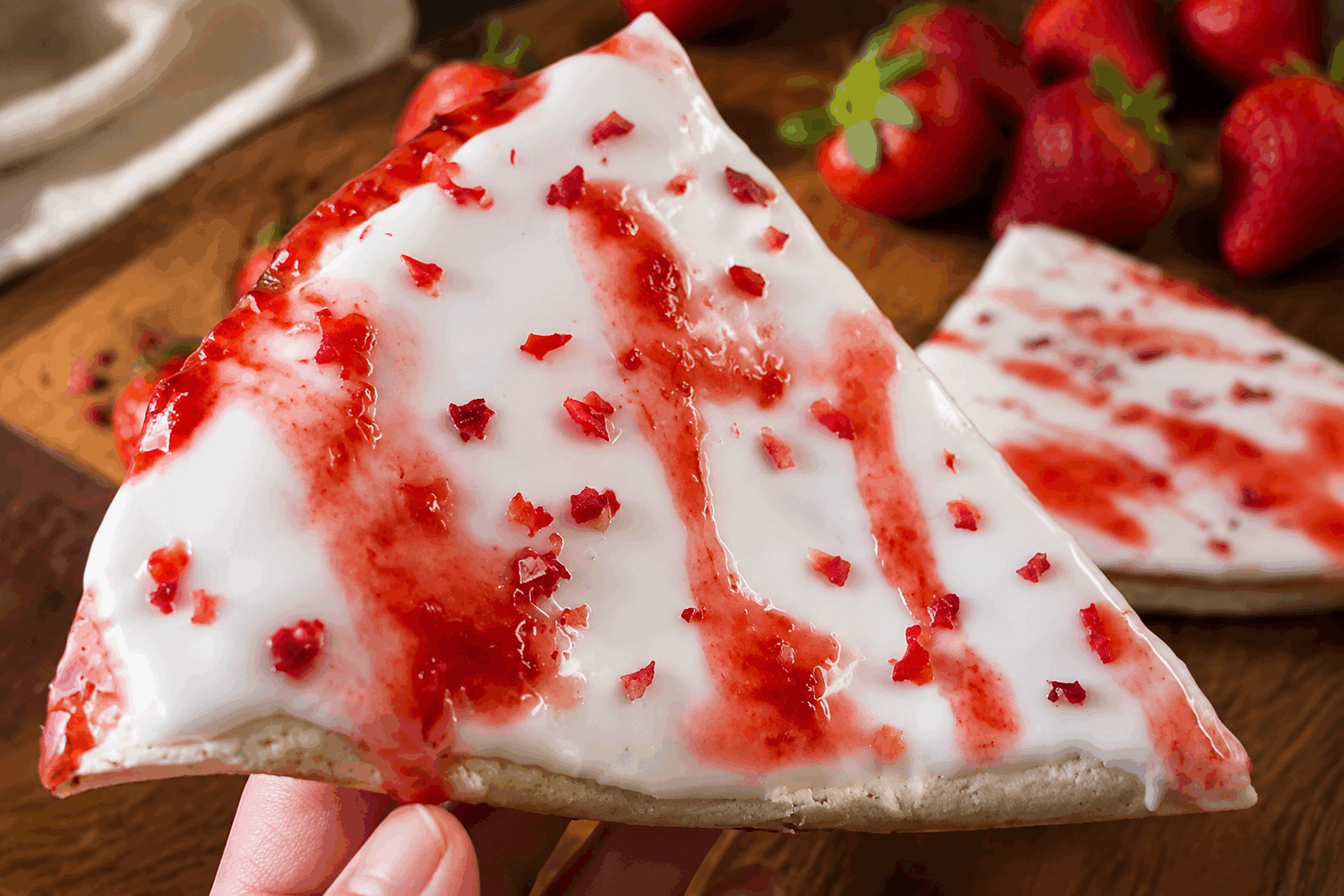 Pop tarte aux fraises ultra gourmande en 3 ingrédients, sans pâte et prête en 5 minutes 🍓✨ Description Cette pop tarte aux fraises est une douceur fruitée et gourmande, idéale pour un dessert rapide ou un goûter improvisé. Sans pâte traditionnelle, elle combine simplicité et saveurs fraîches grâce à seulement trois ingrédients. Parfaite pour les amateurs de fraises, elle se prépare en un rien de temps et se déguste aussi bien tiède que froide. Informations Temps de préparation : 5 minutes Temps de cuisson : 3 minutes Nombre de portions : 4 pièces Difficulté : Facile Ingrédients Pour la tartelette 4 grandes tranches de pain de mie (sans croûte de préférence) 150 g de fraises fraîches 50 g de fromage frais type Philadelphia ou mascarpone Préparation Lave et équeute les fraises, puis coupe-les en petits dés. Écrase le fromage frais à l’aide d’une fourchette pour le rendre crémeux. À l’aide d’un rouleau à pâtisserie, aplatis les tranches de pain de mie jusqu’à obtenir une fine épaisseur. Dépose une cuillère de fromage frais au centre de deux tranches de pain aplati, ajoute les fraises coupées dessus, puis recouvre avec les deux autres tranches. Appuie bien sur les bords pour souder la pop tarte, puis découpe éventuellement les contours en carré ou en triangle. Fais chauffer une poêle antiadhésive à feu moyen et cuis chaque pop tarte 1 minute de chaque côté, jusqu’à obtenir une légère coloration dorée. Retire de la poêle et laisse tiédir quelques instants avant de déguster. Astuces Pour une meilleure soudure, humidifie légèrement les bords du pain avant de refermer la tarte. Remplace le fromage frais par du mascarpone pour une texture plus onctueuse. Tu peux ajouter une pincée de sucre vanillé ou un filet de miel sur les fraises pour plus de gourmandise. Serre ces pop tartes tièdes pour révéler pleinement les saveurs et la douceur du fromage frais. Service Présente les pop tartes sur une assiette avec quelques fraises fraîches en décoration. Elles accompagnent parfaitement un thé ou un café lors d’une pause gourmande, ou se dégustent en dessert léger après un repas estival.
