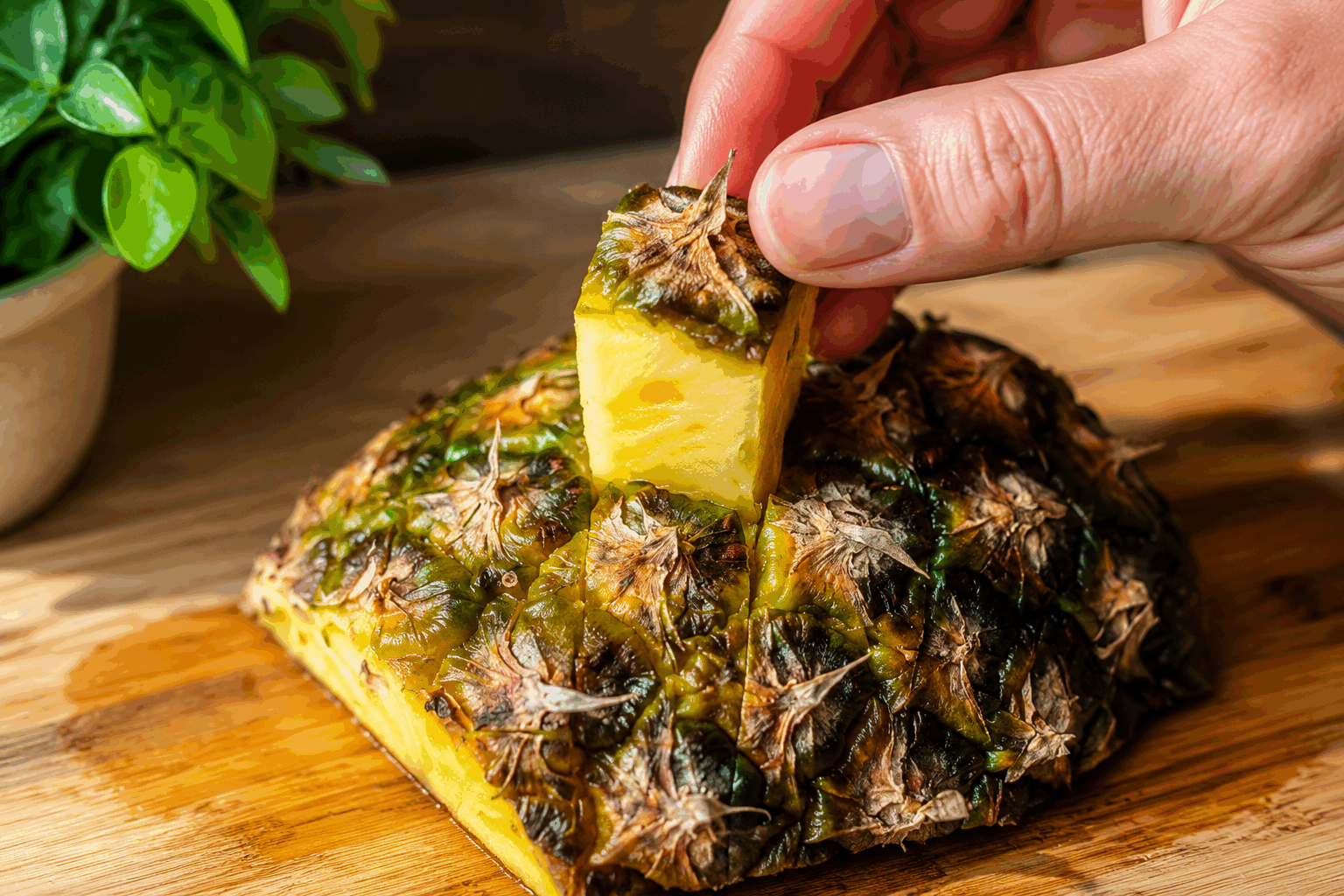Presque personne ne connaît cette astuce pour couper un ananas en moins de 2 minutes 🍍👌 Description Cette méthode simple et rapide permet de découper un ananas en un temps record, tout en conservant un maximum de chair délicieuse et juteuse. Idéale pour préparer des fruits frais à déguster nature, en salade ou pour agrémenter vos desserts et plats exotiques. Grâce à cette astuce, couper un ananas devient un jeu d’enfant, même pour les débutants en cuisine. Informations Temps de préparation : 2 minutes Temps de cuisson : 0 minute Nombre de portions : 4 personnes Difficulté : Facile Ingrédients Ingrédients 1 ananas mûr 1 couteau bien aiguisé 1 planche à découper Préparation Pose l’ananas verticalement sur la planche à découper, la base bien stable. Coupe les deux extrémités (le dessus avec la couronne et la base) avec un couteau bien aiguisé. Place l’ananas debout sur une des extrémités coupées. En partant du haut, suis la courbe du fruit et enlève la peau en coupant verticalement vers le bas, en suivant la forme arrondie, pour retirer toute la peau et les "yeux". Passe ensuite la lame du couteau en biais pour enlever les "yeux" restants en forme de spirale, sans trop enlever de chair. Une fois pelé, pose l’ananas à plat sur la planche. Coupe l’ananas en tranches d’environ 1 à 2 cm d’épaisseur. Pour chaque tranche, enlève le cœur dur central en coupant un disque au centre ou en réalisant des quartiers en retirant la partie dure. Découpe les tranches ou quartiers selon l’utilisation souhaitée (en cubes, tranches, bâtonnets). Astuces Utilise un couteau bien aiguisé pour faciliter la découpe nette et éviter d’écraser la chair. Pour enlever les "yeux" en spirale, inclinez légèrement le couteau et faites des coupes en diagonale pour conserver un maximum de fruit. Choisis un ananas mûr mais ferme pour que la découpe soit plus facile et le fruit plus sucré. Si l’ananas est très juteux, travaille au-dessus d’un bol pour récupérer le jus précieux à utiliser dans des cocktails, smoothies ou marinades. Service Servez l’ananas fraîchement coupé en dessert léger, dans une salade de fruits, ou en accompagnement de plats exotiques comme le poulet au curry ou les brochettes. Présentez-le dans un grand plat ou en brochettes pour un apéritif frais et coloré, à partager entre amis ou en famille.