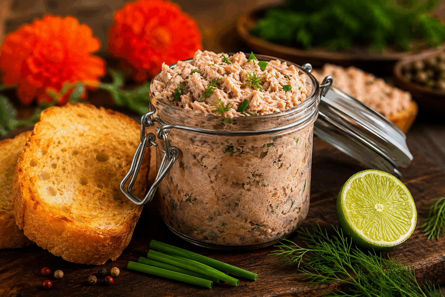 Rillettes de saumon maison en 5 minutes, la recette que tout le monde adore 😍 Description Ces rillettes de saumon maison sont une préparation simple et rapide qui allie fraîcheur et gourmandise. Elles offrent une texture onctueuse et un goût délicat de saumon fumé et frais, parfait pour un apéritif ou une entrée légère. Idéales pour impressionner vos invités sans passer des heures en cuisine. Informations Temps de préparation : 5 minutes Temps de cuisson : 0 minute Nombre de portions : 4 personnes Difficulté : Facile Ingrédients Pour les rillettes 150 g de saumon frais (sans peau ni arêtes) 100 g de saumon fumé 100 g de fromage frais type chèvre frais ou fromage à tartiner 1 cuillère à soupe de jus de citron 1 cuillère à soupe d’huile d’olive 1 cuillère à soupe de ciboulette fraîche ciselée Sel fin, poivre du moulin Préparation Coupe le saumon frais en petits morceaux réguliers. Dans un bol, émiette le saumon fumé puis ajoute le saumon frais. Ajoute le fromage frais, le jus de citron, et l’huile d’olive. Mélange à l’aide d’une fourchette jusqu’à obtenir une texture grossièrement émiettée mais homogène. Incorpore la ciboulette ciselée, sale légèrement et poivre à ton goût. Mets au frais 10 minutes si possible avant de servir pour mieux harmoniser les saveurs. Astuces Pour un goût plus relevé, ajoute un peu de zestes de citron ou une pointe de moutarde douce. Utilise un saumon très frais et de qualité pour éviter toute amertume ou goût désagréable. Tu peux remplacer la ciboulette par de l’aneth ou du persil selon tes préférences. Conserve les rillettes dans une boîte hermétique au réfrigérateur et consomme-les dans les 2 jours. Service Sers ces rillettes de saumon bien fraîches, accompagnées de tranches de pain grillé, de blinis ou de crackers pour un apéritif convivial. Elles s’accordent parfaitement avec un verre de vin blanc sec ou un champagne léger, et conviennent aussi bien pour un brunch que pour une entrée rapide et savoureuse.