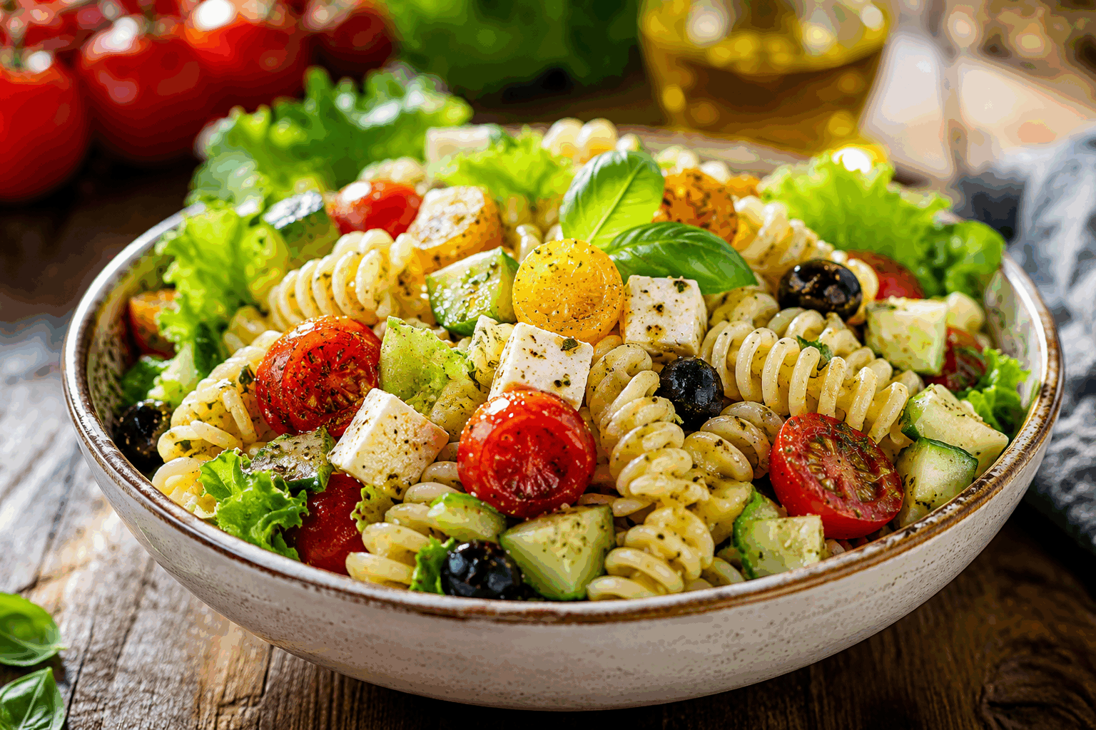 Salade de pâtes au pesto en 5 minutes, l’été n’a jamais été aussi frais et léger 🔥 Description Cette salade de pâtes au pesto est un plat estival rapide, frais et léger, idéal pour les journées chaudes. Sa sauce au pesto maison apporte une saveur herbacée et légèrement noix, parfaitement équilibrée avec des ingrédients frais et croquants. Facile à préparer en seulement 5 minutes, elle convient parfaitement aux déjeuners sur le pouce ou aux pique-niques. Informations Temps de préparation : 5 minutes Temps de cuisson : 8 minutes (pour cuire les pâtes, si non déjà cuites) Nombre de portions : 4 personnes Difficulté : Facile Ingrédients Pour la salade 250 g de pâtes courtes (fusilli, penne ou farfalle) 150 g de tomates cerises 50 g de roquette fraîche 50 g de pignons de pin 50 g de parmesan râpé Sel Poivre noir moulu Pour le pesto 30 g de basilic frais 40 g de pignons de pin 50 g de parmesan râpé 1 gousse d’ail 8 cl d’huile d’olive extra vierge Une pincée de sel Un filet de jus de citron (facultatif) Préparation Fais cuire les pâtes dans une grande casserole d’eau bouillante salée selon les indications du paquet (environ 8 minutes). Égoutte-les et rince-les rapidement à l’eau froide pour stopper la cuisson et rafraîchir les pâtes. Prépare le pesto : dans un mixeur, mets le basilic, les pignons de pin, le parmesan, la gousse d’ail pelée, une pincée de sel et mixe en versant l’huile d’olive petit à petit jusqu’à obtenir une sauce lisse et homogène. Ajuste le sel et ajoute un filet de jus de citron si désiré pour apporter de la fraîcheur. Coupe les tomates cerises en deux. Dans un grand saladier, mélange les pâtes refroidies avec le pesto pour bien enrober les pâtes. Ajoute les tomates cerises, la roquette et les pignons de pin. Mélange délicatement pour répartir les ingrédients sans écraser la roquette. Assaisonne avec du sel et du poivre selon ton goût. Saupoudre de parmesan râpé avant de servir. Astuces Pour gagner du temps, utilise des pâtes déjà cuites et refroidies, disponibles en épicerie. Remplace les pignons de pin par des noix ou des amandes légèrement grillées pour varier les saveurs. Ajoute quelques feuilles de basilic frais supplémentaires pour un goût encore plus parfumé. Prépare le pesto à l’avance et conserve-le au réfrigérateur dans un pot hermétique, recouvert d’un filet d’huile d’olive pour éviter l’oxydation. Service Sers cette salade de pâtes au pesto bien fraîche, accompagnée d’un verre de vin blanc sec ou d’une citronnade maison. Elle est parfaite pour un déjeuner léger, un apéritif d’été ou un pique-nique convivial. Garnis de quelques feuilles de basilic et d’un filet d’huile d’olive avant de déguster pour plus de fraîcheur et d’élégance.