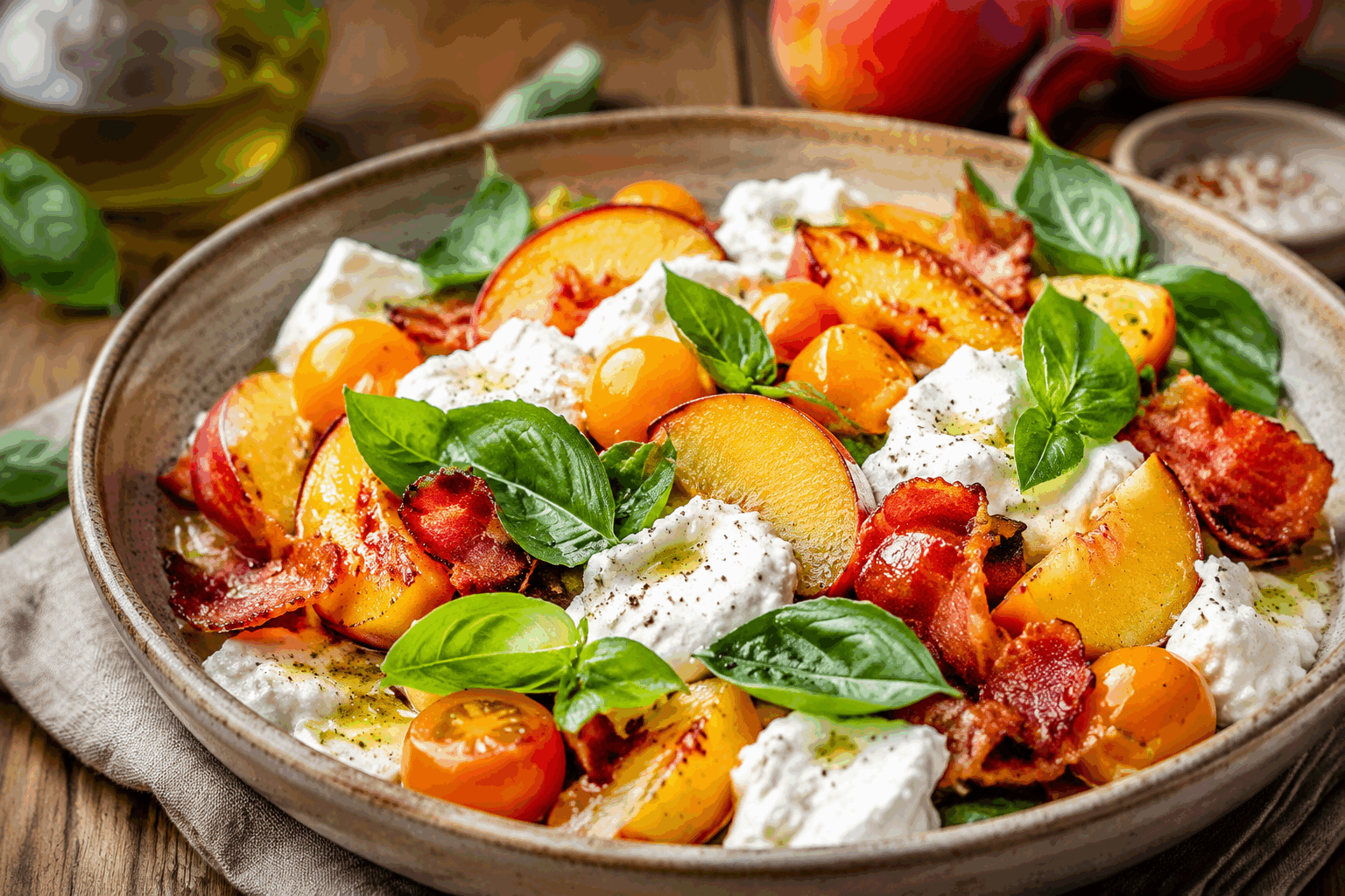 Salade de pêches, burrata et tomates en 5 minutes, la sauce framboise qui bluffe 🔥 Description Cette salade fraîche et colorée allie la douceur des pêches mûres, la richesse crémeuse de la burrata et la fraîcheur acidulée des tomates. Rehaussée par une sauce à la framboise surprenante et légèrement sucrée, elle se prépare en un clin d'œil, parfaite pour les repas d’été ou les apéritifs gourmands. Informations Temps de préparation : 5 minutes Temps de cuisson : 0 minute Nombre de portions : 4 personnes Difficulté : Facile Ingrédients Pour la salade 3 pêches mûres 2 boules de burrata (environ 250 g chacune) 250 g de tomates cerises multicolores Quelques feuilles de basilic frais Quelques feuilles de roquette (optionnel) Pour la sauce framboise 100 g de framboises fraîches ou surgelées 1 cuillère à soupe de vinaigre balsamique blanc 1 cuillère à soupe d’huile d’olive extra vierge 1 cuillère à café de miel liquide Sel et poivre noir du moulin Préparation Lave soigneusement les pêches, les tomates cerises et les feuilles de basilic. Coupe les pêches en fines tranches, sans les peler, pour conserver la couleur et le croquant. Coupe les tomates cerises en deux. Dresse les tranches de pêche et les moitiés de tomates sur un grand plat ou dans des assiettes individuelles. Effeuille la burrata délicatement et répartis-la sur la salade, en petits morceaux ou en lanières crémeuses. Prépare la sauce : mixe rapidement les framboises avec le vinaigre balsamique blanc, l’huile d’olive et le miel. Assaisonne avec un peu de sel et de poivre. Verse la sauce framboise joliment en filet sur la salade. Décore avec les feuilles de basilic frais et, si souhaité, un peu de roquette pour plus de fraîcheur et de relief. Astuces Choisis des pêches bien mûres mais fermes pour éviter qu’elles ne deviennent trop molles et liquides dans la salade. Si tu n’as pas de burrata, une mozzarella di bufala de bonne qualité fera aussi très bien l’affaire. Pour la sauce, n’hésite pas à ajuster le miel selon le degré d’acidité de tes framboises, elle doit être équilibrée et légèrement sucrée. Prépare la salade juste avant de servir pour que la burrata reste bien fraîche et la texture croquante conserve tout son charme. Service Sers cette salade dans des assiettes transparentes pour mettre en valeur les couleurs vives des ingrédients. Elle accompagne parfaitement un repas léger, un barbecue ou un apéritif estival. N’hésite pas à proposer du pain ciabatta grillé ou une focaccia pour compléter ce plat frais et gourmand.