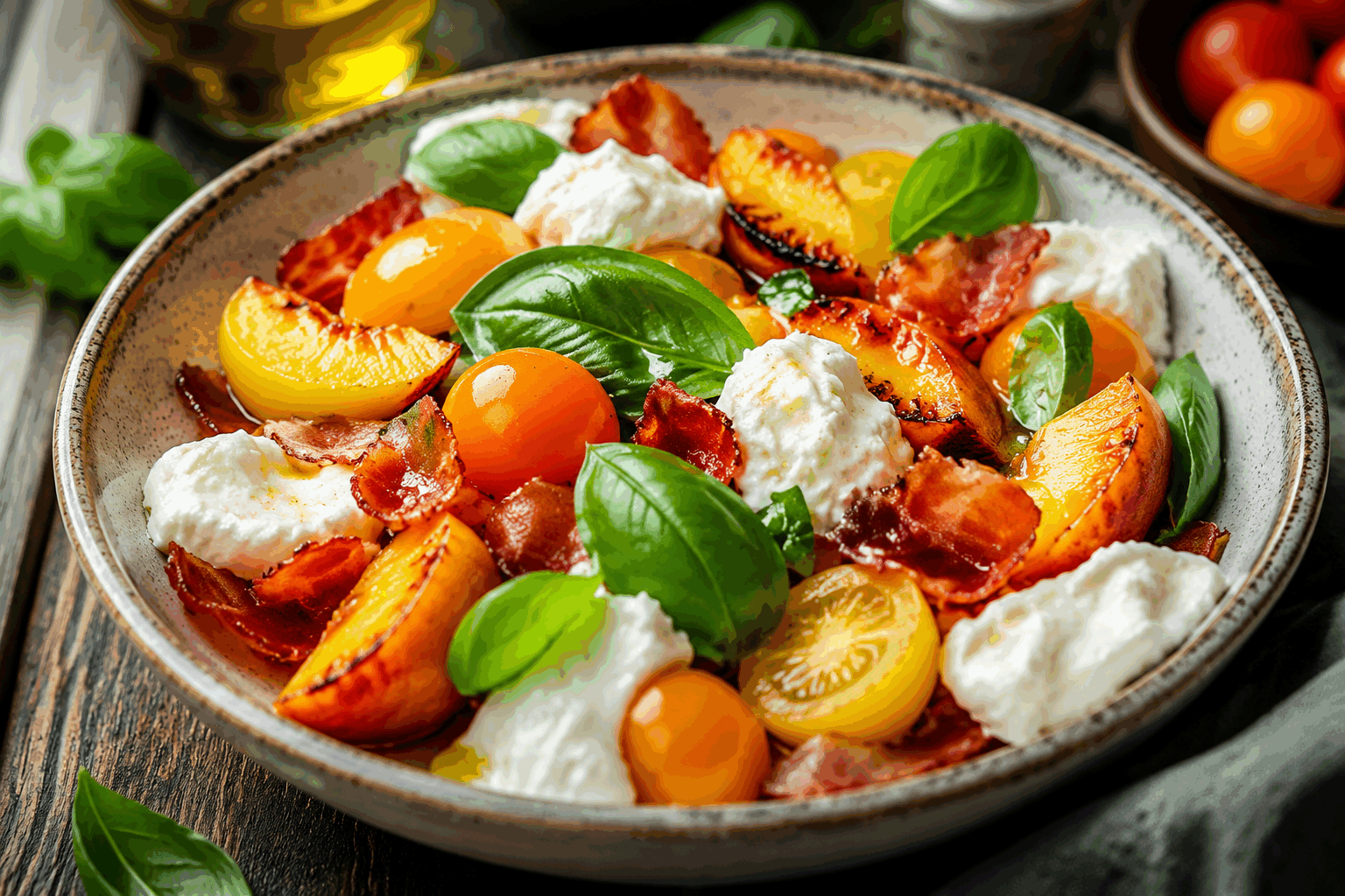Salade estivale aux pêches et burrata, la vinaigrette framboise qui change tout 🔥 Description Cette salade fraîche et colorée allie la douceur des pêches juteuses à la douceur crémeuse de la burrata. Relevée par une vinaigrette à la framboise acidulée et légèrement sucrée, elle apporte une explosion de saveurs estivales. Parfaite pour un déjeuner léger ou une entrée raffinée lors des chaudes journées d'été. Informations Temps de préparation : 20 minutes Temps de cuisson : 0 minute Nombre de portions : 4 personnes Difficulté : Facile Ingrédients Pour la salade 3 pêches jaunes mûres 2 boules de burrata (environ 200 g chacune) 100 g de jeunes pousses (mâche, roquette ou mesclun) 50 g de pignons de pin toastés Quelques feuilles de basilic frais Sel fin Poivre du moulin Pour la vinaigrette framboise 100 g de framboises fraîches ou décongelées 3 cuillères à soupe d'huile d'olive extra vierge 1 cuillère à soupe de vinaigre de framboise (ou vinaigre balsamique blanc) 1 cuillère à café de miel liquide 1 pincée de sel Poivre du moulin Préparation Lave les jeunes pousses et essore-les délicatement. Réserve au frais. Rince les framboises et mixe-les finement avec le miel, le vinaigre de framboise, le sel et le poivre. Ajoute petit à petit l'huile d'olive en filet tout en fouettant pour émulsionner la vinaigrette. Réserve au frais. Lave les pêches, coupe-les en quartiers fins sans enlever la peau pour un côté rustique et coloré. Dispose les jeunes pousses dans un grand plat ou dans 4 assiettes individuelles. Répartis les quartiers de pêche sur le lit de verdure. Déchire la burrata en morceaux généreux à la main et répartis-la sur la salade. Parseme avec les pignons de pin toastés et les feuilles de basilic ciselées. Arrose délicatement la salade avec la vinaigrette framboise juste avant de servir, puis ajuste l’assaisonnement avec un peu de sel et de poivre si nécessaire. Astuces Pour un goût plus intense, fais légèrement torréfier les pignons à sec dans une poêle pendant 2-3 minutes. Choisis des pêches bien mûres mais fermes pour une meilleure tenue dans la salade. Si tu n’as pas de vinaigre de framboise, remplace-le par du vinaigre balsamique blanc ou du jus de citron pour conserver l’acidité fruitée. Serre la burrata froide pour garder toute sa fraîcheur et sa texture crémeuse. Service Sers cette salade estivale en entrée ou en plat léger accompagnée d’un bon pain de campagne légèrement toasté. Elle se marie parfaitement avec un verre de vin blanc sec et fruité, idéal pour les journées ensoleillées et les repas en terrasse.