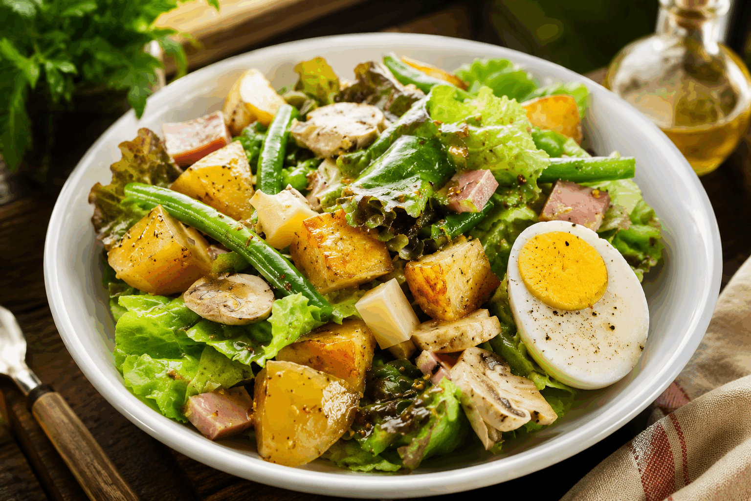 Salade parisienne express : prête en 5 minutes, fraîcheur et gourmandise assurées ! 🥗👌 Description Cette salade parisienne express est un savoureux mélange frais et coloré, typique des déjeuners rapides à Paris. Elle allie croquant, douceur et une touche gourmande grâce à ses ingrédients simples et authentiques. Parfaite pour un repas léger ou une entrée pleine de saveurs, elle se prépare en un clin d’œil pour combler les envies de fraîcheur. Informations Temps de préparation : 5 minutes Temps de cuisson : 0 minute Nombre de portions : 2 personnes Difficulté : Facile Ingrédients Pour la salade 100 g de mesclun ou mélange de salades 100 g de tomates cerises 1/2 concombre 50 g de cubes de jambon blanc 50 g de fromage Emmental râpé 1 cuillère à soupe de cornichons émincés Pour la vinaigrette 2 cuillères à soupe d’huile d’olive 1 cuillère à soupe de vinaigre de cidre 1 cuillère à café de moutarde de Dijon Sel et poivre du moulin Préparation Rince soigneusement le mesclun et égoutte-le bien. Coupe les tomates cerises en deux et le concombre en fines rondelles. Dans un saladier, rassemble le mesclun, les tomates, le concombre, les cubes de jambon, le fromage râpé et les cornichons. Prépare la vinaigrette : dans un petit bol, mélange l’huile d’olive, le vinaigre, la moutarde, le sel et le poivre jusqu’à obtenir une émulsion homogène. Verse la vinaigrette sur la salade et mélange délicatement pour bien enrober tous les ingrédients. Serre immédiatement pour préserver la fraîcheur et le croquant de la salade. Astuces Utilise un jambon blanc de qualité pour plus de gourmandise et un meilleur goût. Tu peux remplacer l’Emmental par du Comté ou du gruyère selon ta préférence. Ajoute quelques feuilles de basilic frais ou de persil plat pour relever la saveur. Si tu souhaites une salade plus consistante, ajoute une tranche de pain de campagne grillée frottée à l’ail. Service Serre cette salade parisienne express en entrée légère ou en plat principal avec une baguette fraîche. Elle conviendra parfaitement à un déjeuner rapide, une pause déjeuner au bureau ou un dîner d’été simple et savoureux. Accompagne-la d’un verre de vin blanc sec ou d’une eau pétillante citronnée pour une touche rafraîchissante.