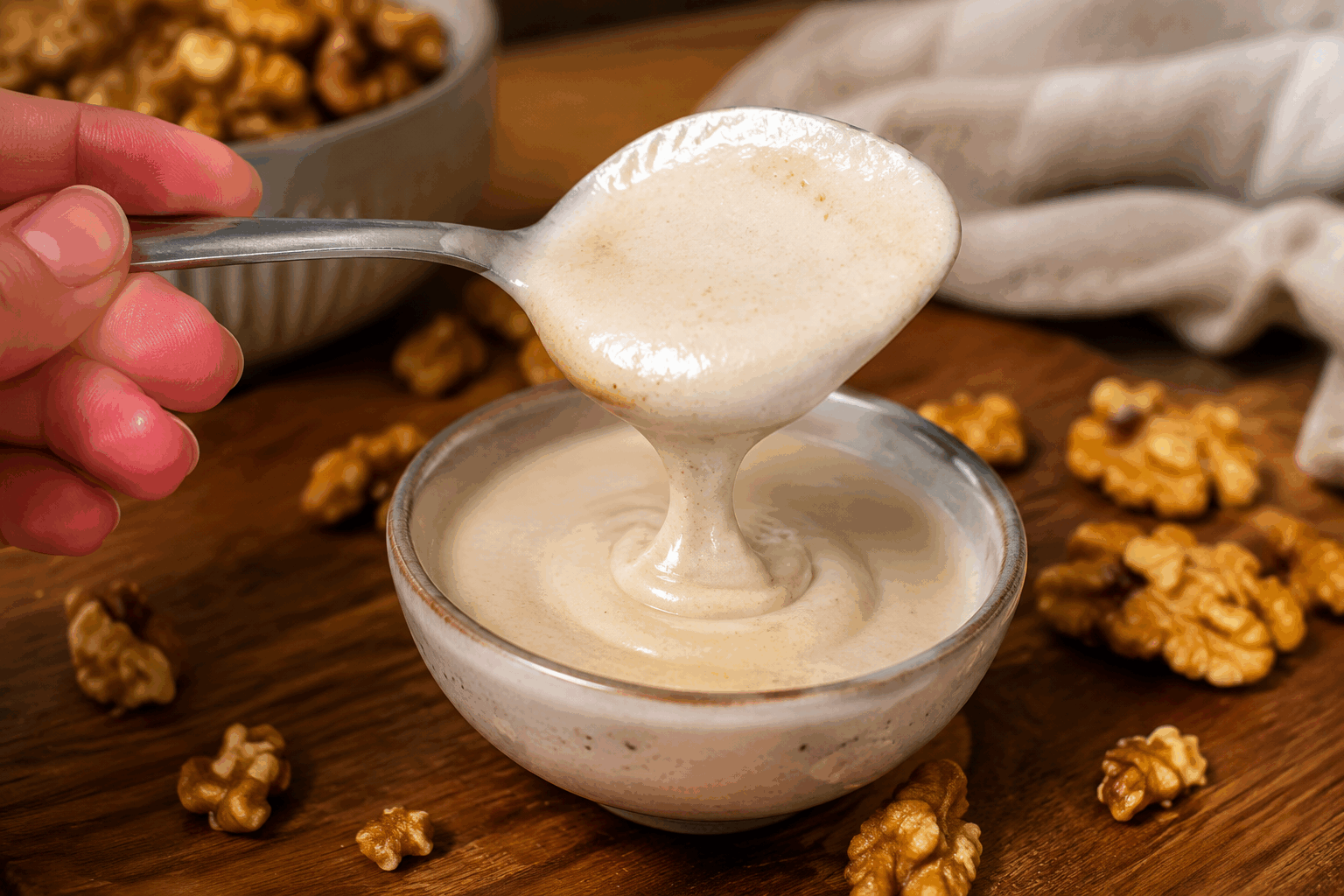 Sauce aux noix sans cuisson, prête en 5 minutes pour un goût irrésistible ✨ Description Cette sauce aux noix est une préparation rapide et savoureuse, idéale pour apporter une touche crémeuse et légèrement croquante à vos plats. Sans cuisson, elle conserve toute la richesse naturelle des noix et se prépare en seulement 5 minutes. Parfaite pour accompagner des pâtes, des légumes grillés ou des salades, cette sauce allie simplicité et gourmandise. Informations Temps de préparation : 5 minutes Temps de cuisson : 0 minute Nombre de portions : 4 personnes Difficulté : Facile Ingrédients Pour la sauce aux noix 100 g de cerneaux de noix 2 cuillères à soupe d'huile d'olive extra vierge 1 cuillère à soupe de jus de citron frais 1 gousse d'ail 2 cuillères à soupe de fromage râpé (parmesan ou pecorino, facultatif) 4 cuillères à soupe d'eau froide Sel fin, selon le goût Poivre noir fraîchement moulu, selon le goût Préparation Pelez la gousse d'ail et retirez le germe pour éviter l’amertume. Placez les cerneaux de noix dans un mixeur ou un blender. Ajoutez l'ail, l'huile d'olive, le jus de citron, le fromage râpé si utilisé, et une pincée de sel et de poivre. Mixe par impulsions en ajoutant progressivement l'eau froide jusqu'à obtenir une sauce homogène et crémeuse, ni trop liquide ni trop épaisse. Goûtez et rectifiez l’assaisonnement en sel, poivre ou citron selon vos préférences. Astuces Pour une sauce plus onctueuse, faites tremper les noix dans de l’eau tiède 10 minutes avant la préparation. Remplacez l’eau par un peu de lait végétal pour varier les saveurs et la texture. Conservez la sauce au frais dans un récipient hermétique et consommez-la dans les 24 heures pour préserver la fraîcheur. Si vous n’aimez pas l’ail cru, remplacez-le par une petite cuillère de moutarde douce pour relever la sauce. Service Servez cette sauce aux noix froide ou à température ambiante sur des pâtes fraîches, légumes vapeur ou grillés, ou encore en tartinade sur du pain toasté. Elle accompagne aussi parfaitement les salades composées pour une touche gourmande et originale. Idéale pour un déjeuner rapide ou un dîner léger entre amis.