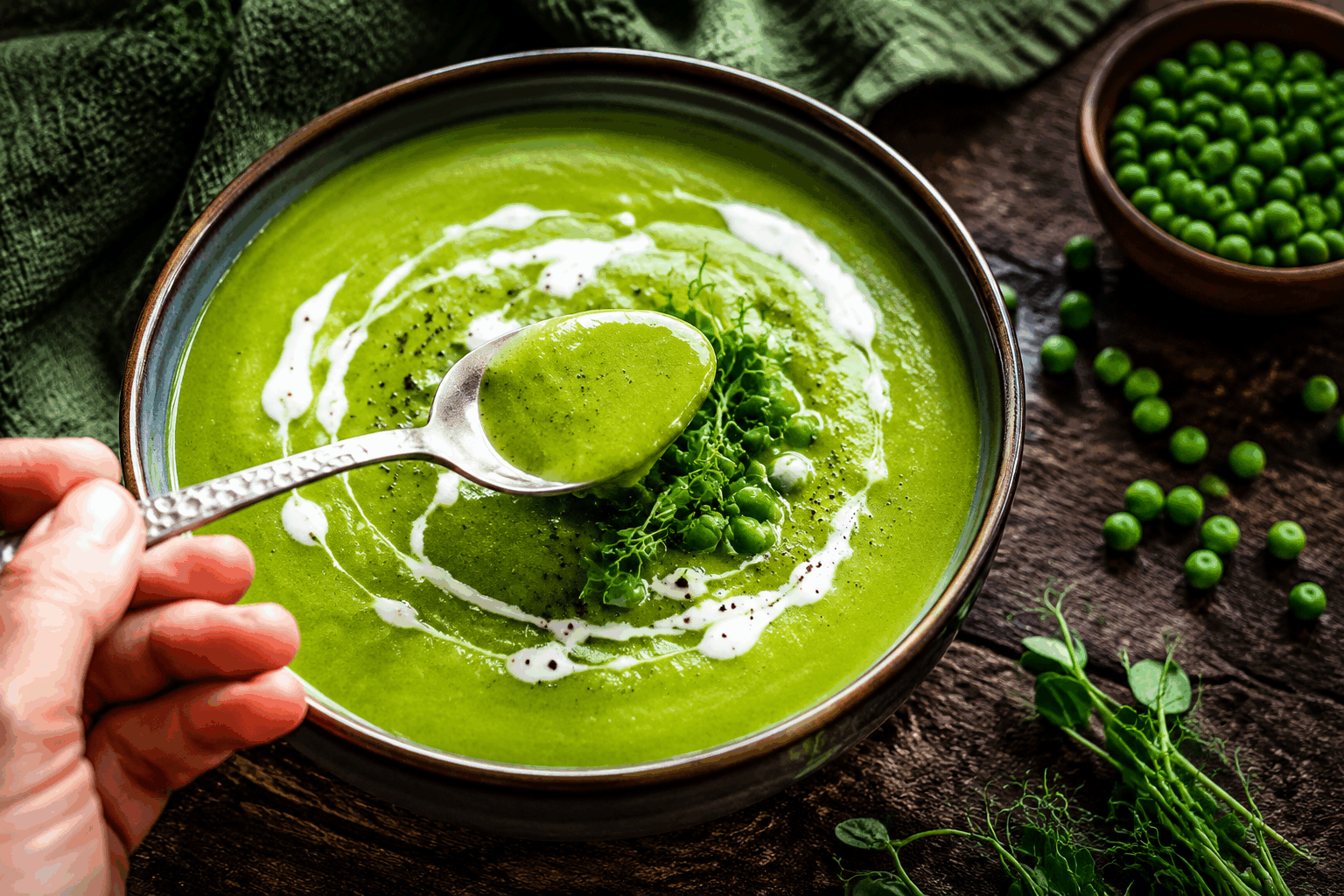 Soupe de petits pois express en 10 minutes, aussi simple que délicieuse 👌 Description Cette soupe de petits pois est fraîche, légère et colorée, idéale pour un repas sain et rapide. Sa texture onctueuse et son goût doux et légèrement sucré séduisent à coup sûr. Parfaite en entrée ou en plat léger, elle s’adapte aux emplois du temps chargés grâce à sa préparation ultra rapide. Informations Temps de préparation : 5 minutes Temps de cuisson : 5 minutes Nombre de portions : 4 personnes Difficulté : Facile Ingrédients Pour la soupe 400 g de petits pois surgelés 1 oignon moyen 1 gousse d’ail 600 ml de bouillon de légumes 1 cuillère à soupe d’huile d’olive 100 ml de crème fraîche légère (optionnel) Sel et poivre du moulin Pour la décoration Quelques feuilles de menthe fraîche Un filet d’huile d’olive Préparation Épluchez et émincez finement l’oignon et la gousse d’ail. Faites chauffer l’huile d’olive dans une casserole à feu moyen et faites revenir l’oignon et l’ail jusqu’à ce qu’ils deviennent translucides, environ 2 minutes. Ajoutez les petits pois surgelés puis versez le bouillon de légumes chaud. Laissez cuire à feu moyen pendant 5 minutes, jusqu’à ce que les petits pois soient tendres. Mixez la soupe à l’aide d’un blender ou d’un mixeur plongeant jusqu’à obtenir une texture bien lisse. Incorporez la crème fraîche si vous souhaitez une soupe plus onctueuse puis salez et poivrez selon votre goût. Réchauffez légèrement si besoin, sans faire bouillir. Astuces Privilégiez des petits pois frais ou surgelés plutôt que des en conserve pour conserver la douceur et la couleur vive. Pour un goût plus relevé, ajoutez un peu de jus de citron ou quelques feuilles de basilic lors du mixage. Si la soupe est trop épaisse, ajustez la consistance avec un peu d’eau ou de bouillon supplémentaire. Servir accompagné de croûtons grillés pour ajouter un contraste de texture. Service Servez la soupe bien chaude dans des bols ou assiettes creuses, décorée d’un filet d’huile d’olive et de feuilles de menthe fraîche. Elle est idéale pour un déjeuner léger ou une entrée rapide lors d’un dîner décontracté.