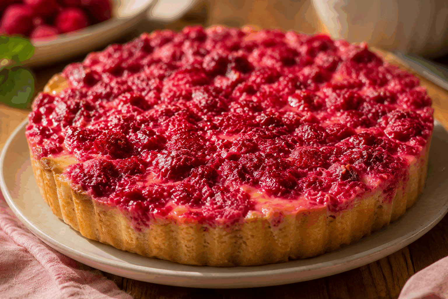 Tarte aux framboises sans pâte, sans farine ni sucre ajouté : 4 ingrédients et c’est prêt 🔥 Description Cette tarte aux framboises légère et saine se prépare sans pâte ni farine ni sucre ajouté, ce qui la rend parfaite pour une gourmandise naturelle. Composée seulement de quatre ingrédients, elle allie douceur et fraîcheur grâce à la saveur acidulée des framboises. Facile et rapide à réaliser, elle convient aussi bien pour un dessert léger que pour un goûter estival. Informations Temps de préparation : 10 minutes Temps de cuisson : 30 minutes Nombre de portions : 6 personnes Difficulté : Facile Ingrédients Pour la base et la garniture 200 g de framboises fraîches 3 œufs 150 g de fromage blanc nature (à 0% ou selon préférence) 20 g de poudre d’amandes Préparation Préchauffe le four à 180°C (chaleur statique). Dans un saladier, bats les œufs avec le fromage blanc jusqu’à obtenir un mélange homogène et lisse. Incorpore délicatement la poudre d’amandes pour apporter de la tenue à la préparation. Verse la moitié des framboises au fond d’un moule à tarte légèrement huilé ou recouvert de papier cuisson. Verse la préparation à base d’œufs et fromage blanc sur les framboises, puis répartis le reste des framboises sur le dessus en les enfonçant légèrement. Enfourne pour 25 à 30 minutes, la tarte doit être ferme au toucher et dorée sur le dessus sans être sèche. Laisse tiédir puis place au réfrigérateur pendant au moins 1 heure pour une texture plus ferme et fraîche. Astuces Pour plus de douceur, ajoute éventuellement quelques gouttes d’extrait de vanille naturelle à la préparation. Utilise des framboises bien mûres et fraîches pour un goût optimal et une texture juteuse. Tu peux remplacer la poudre d’amandes par de la noix de coco râpée non sucrée pour varier les saveurs. Conserve la tarte au réfrigérateur et consomme-la dans les 2 jours pour garder toute sa fraîcheur. Service Servez cette tarte bien fraîche, accompagnée d’un coulis de fruits rouges ou d’une boule de glace vanille pour un dessert gourmand. Elle s’accorde parfaitement avec une salade de fruits ou un thé glacé lors d’une après-midi d’été.