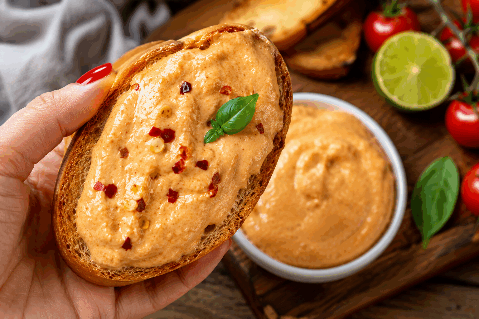 Tartinade tomate maison en 5 minutes : le secret simple et délicieux de l’été 🍅👌 Description Cette tartinade tomate maison est une préparation fraîche, simple et rapide, idéale pour apporter une touche estivale à vos apéritifs ou repas légers. Son goût authentique, mêlant tomates mûres et aromates, évoque la douceur du sud et la convivialité de l’été. Parfaite sur du pain grillé ou des crackers, elle séduit par sa fraîcheur et sa simplicité. Informations Temps de préparation : 5 minutes Temps de cuisson : 0 minute Nombre de portions : 4 personnes Difficulté : Facile Ingrédients Pour la tartinade 250 g de tomates mûres 1 gousse d'ail 1 cuillère à soupe d'huile d'olive extra vierge 1 cuillère à soupe de jus de citron 5 feuilles de basilic frais Sel fin, selon le goût Poivre noir fraîchement moulu, selon le goût 1 pincée de piment d'Espelette (facultatif) Préparation Ébouillante les tomates pendant 30 secondes puis plonge-les dans de l’eau glacée pour faciliter l’épluchage. Retire la peau, puis coupe-les grossièrement en morceaux. Pèle la gousse d’ail et écrase-la légèrement avec le plat d’un couteau pour libérer ses arômes. Dans un bol, place les tomates, l’ail, l’huile d’olive, le jus de citron, les feuilles de basilic déchirées à la main, le sel, le poivre et, si désiré, une pincée de piment d’Espelette. Mixe l’ensemble à l’aide d’un mixeur plongeant ou d’un blender pendant 1 à 2 minutes jusqu’à l’obtention d’une texture lisse mais avec encore quelques petits morceaux pour garder du croquant. Goûte et rectifie l’assaisonnement si besoin, ajoute un filet d’huile d’olive pour plus d’onctuosité ou un peu de jus de citron pour plus de fraîcheur. Laisse reposer 5 minutes au frais avant de servir pour que les saveurs se mélangent bien. Astuces Utilise des tomates bien mûres et parfumées pour un maximum de saveur. Si tu n’aimes pas l’ail cru, remplace-le par une petite échalote finement hachée. Pour une version plus douce, ajoute une petite cuillère de miel ou de sirop d’agave. Cette tartinade se conserve 2 jours au réfrigérateur dans un récipient hermétique. Service Sers cette tartinade fraîche sur des tranches de pain grillé, des toasts, ou comme base tartinable dans des sandwichs d’été. Elle accompagne aussi parfaitement des crudités ou des fromages frais. Parfaite pour un apéritif simple et goûteux, elle est le compagnon idéal des journées ensoleillées et des moments de partage.