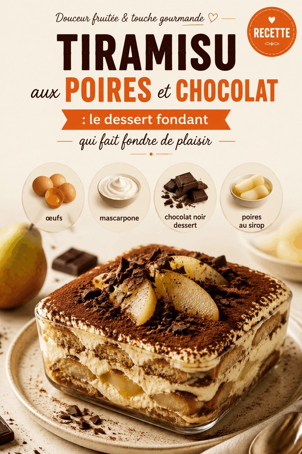 Tiramisu aux poires et chocolat : le dessert fondant qui fait fondre de plaisir