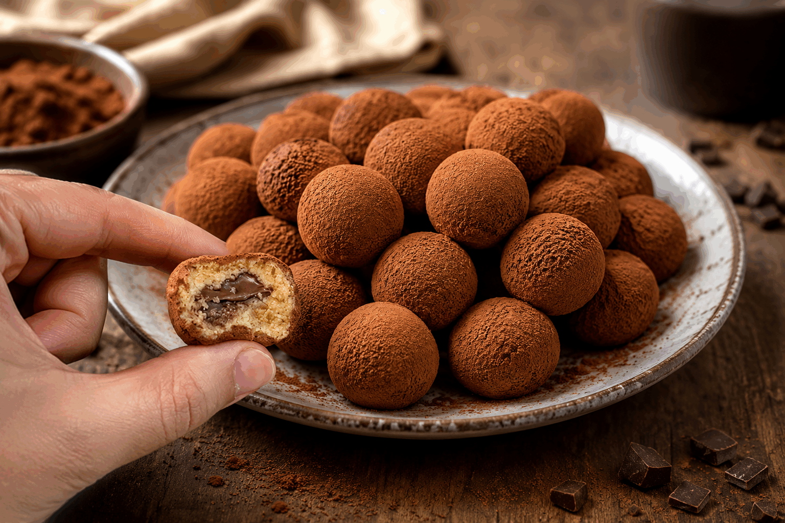 Tiramisu en boules sans cuisson, prêt en 10 minutes pour un Noël gourmand ✨ Description Ce tiramisu revisité se présente sous forme de petites boules gourmandes, idéales pour un dessert rapide et festif à Noël. Sans cuisson, il combine la douceur du mascarpone, le goût intense du café et la légère amertume du cacao, pour un équilibre parfait en bouche. Facile à partager, il ravira vos convives avec sa présentation originale et élégante. Informations Temps de préparation : 10 minutes Temps de cuisson : 0 minute Nombre de portions : 12 pièces Difficulté : Facile Ingrédients Pour la base 100 g de boudoirs 120 ml de café fort, froid 15 ml de liqueur de café (facultatif) Pour la crème 250 g de mascarpone 100 g de crème liquide entière très froide 40 g de sucre glace 1 sachet de sucre vanillé Pour la décoration Cacao en poudre non sucré Pépites de chocolat ou copeaux de chocolat (facultatif) Préparation Prépare le café fort, laisse-le refroidir complètement, puis ajoute la liqueur de café si tu souhaites en mettre. Émiette finement les boudoirs dans un saladier, puis verse dessus le café pour bien les imbiber sans les détremper. Laisse reposer 2 minutes. Dans un autre bol, fouette la crème liquide très froide en chantilly ferme. Dans un grand saladier, mélange le mascarpone avec le sucre glace et le sucre vanillé, puis incorpore délicatement la chantilly à l’aide d’une spatule pour obtenir une crème légère et homogène. Ajoute les boudoirs imbibés à la crème et mélange doucement pour bien répartir tout en gardant une texture souple. Prends un peu de préparation dans tes mains et forme des boules de la taille d’une noix. Dispose-les sur une assiette ou un plat. Saupoudre généreusement les boules avec du cacao en poudre à l’aide d’un tamis et, si tu le souhaites, décore avec quelques copeaux ou pépites de chocolat. Réserve au réfrigérateur pendant au moins 30 minutes avant de servir pour que les saveurs se développent et que les boules se raffermissent légèrement. Astuces Utilise une crème liquide bien froide pour réussir une chantilly ferme et légère. Ne trempe pas trop longtemps les boudoirs dans le café, ils doivent être imbibés mais pas détrempés afin de préserver la texture des boules. Pour une version sans alcool, remplace la liqueur par un peu d’extrait de café ou de vanille. Tu peux préparer les boules la veille et les conserver au frais, elles n’en seront que meilleures le lendemain ! Service Sers ces boules de tiramisu dans des petites coupelles individuelles ou sur un plateau pour un dessert convivial et festif. Elles accompagnent parfaitement un café ou un digestif léger lors d’un repas de Noël gourmand en famille ou entre amis.