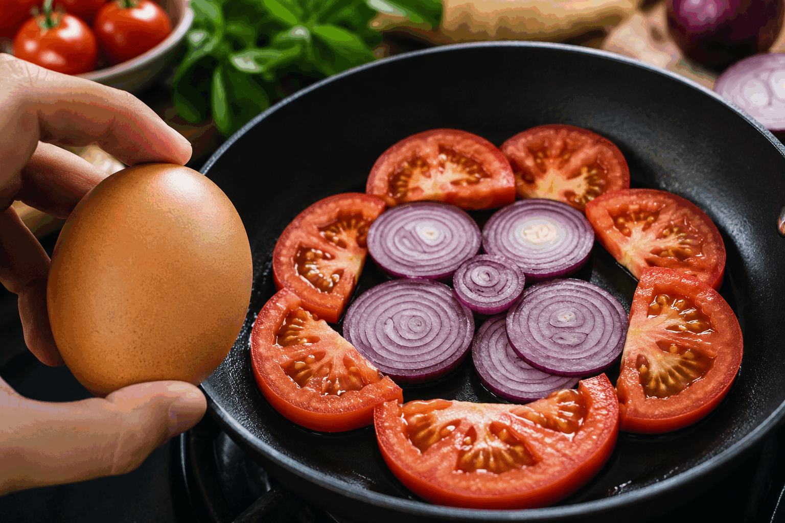 Tomates, œufs et oignons : la recette simple et savoureuse que ma grand-mère adore ! 🔥 Description Ce plat rustique allie la douceur des oignons caramélisés à la fraîcheur des tomates juteuses et à la richesse des œufs. Facile à préparer, il rappelle les recettes de grand-mère, pleines de saveurs authentiques et d’ingrédients simples du quotidien. Parfait pour un repas rapide, sain et réconfortant à tout moment de la journée. Informations Temps de préparation : 10 minutes Temps de cuisson : 20 minutes Nombre de portions : 4 personnes Difficulté : Facile Ingrédients Pour la préparation 4 tomates moyennes mûres (environ 500 g) 4 œufs 2 oignons moyens 2 cuillères à soupe d’huile d’olive 1 gousse d’ail Sel Poivre noir fraîchement moulu 1 pincée de paprika doux (optionnel) Quelques feuilles de basilic frais (pour la décoration) Préparation Épluchez et émincez finement les oignons. Faites chauffer l’huile d’olive dans une poêle à feu moyen puis ajoutez les oignons. Laissez-les cuire doucement pendant 10 minutes jusqu’à ce qu’ils deviennent translucides et légèrement dorés. Pendant ce temps, lavez les tomates, coupez-les en petits dés et hachez finement la gousse d’ail. Ajoutez l’ail aux oignons et laissez cuire 1 minute sans le brûler. Incorporez les tomates dans la poêle. Salez, poivrez, et ajoutez le paprika doux si vous le souhaitez. Laissez mijoter doucement pendant 7 à 8 minutes, jusqu’à ce que les tomates aient bien rendu leur jus et que le mélange soit un peu épaissi. Formez quatre creux dans la préparation tomate-oignon, cassez un œuf dans chacun d’eux. Couvrez la poêle, baissez le feu à doux et laissez cuire jusqu’à ce que les blancs soient pris mais que les jaunes restent coulants, environ 5 minutes. Retirez du feu, décorez avec quelques feuilles de basilic frais et rectifiez l’assaisonnement si nécessaire. Astuces Pour un goût plus intense, utilisez des tomates bien mûres de saison ou des tomates bio. Si vous préférez les œufs bien cuits, prolongez la cuisson quelques minutes supplémentaires avec le couvercle. Ajoutez un peu de fromage râpé ou de la feta émiettée pour une variation gourmande. Ce plat se conserve 1 jour au réfrigérateur et se réchauffe doucement à feu doux. Service Servez ce plat chaud accompagné de pain de campagne frais ou grillé pour saucer généreusement. Il peut être dégusté en plat principal léger pour le déjeuner ou le dîner, ou même au petit-déjeuner pour un repas riche en saveurs. Une salade verte en accompagnement apportera de la fraîcheur.