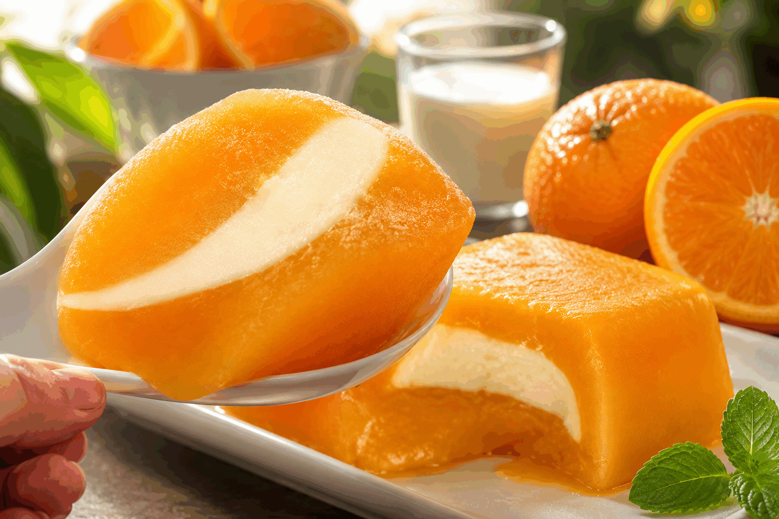 Un dessert orange-lait en 4 ingrédients, sans farine ni four, prêt en 5 minutes 👌 Description Voici un dessert frais, léger et crémeux à base d’orange et de lait, parfait pour les jours où l'on souhaite un dessert rapide et sans cuisson. Sa texture douce et son parfum d’agrumes en font un délice rafraîchissant et facile à réaliser en un clin d’œil, sans farine ni four. Informations Temps de préparation : 5 minutes Temps de cuisson : 0 minute Nombre de portions : 4 personnes Difficulté : Facile Ingrédients Pour le dessert 300 ml de lait entier 200 ml de jus d’orange frais (environ 3 oranges) 40 g de sucre blanc 10 g de gélatine en feuilles (ou 1 sachet de gélatine en poudre) Préparation Fais tremper les feuilles de gélatine dans un bol d’eau froide pendant 5 minutes pour les ramollir. Si tu utilises de la gélatine en poudre, fais-la gonfler dans 3 cuillères à soupe d’eau froide pendant 5 minutes. Chauffe doucement le lait dans une casserole, sans le faire bouillir. Essore les feuilles de gélatine pour enlever l’excès d’eau puis incorpore-les dans le lait chaud en remuant bien jusqu’à complète dissolution. Si tu utilises de la gélatine en poudre, chauffe légèrement pour dissoudre et mélange. Ajoute le sucre et mélange pour le dissoudre complètement. Retire du feu, puis verse le jus d’orange frais en remuant doucement pour ne pas faire mousser. Verse la préparation dans des coupelles ou des verrines, puis place-les au frais pendant au moins 3 heures pour que le dessert prenne bien. Astuces Utilise du jus d’orange fraîchement pressé pour un goût plus naturel et intense. Si tu n’as pas de gélatine, tu peux tester avec de l’agar-agar : 2 g suffisent, à préparer selon les instructions de l’agar-agar (à bouillir). Pour une version plus onctueuse, remplace une partie du lait par de la crème liquide entière. Décore avec quelques zestes d’orange ou une feuille de menthe pour ajouter une touche de couleur et de fraîcheur. Service Servez ce dessert bien frais, dans des verrines transparentes pour apprécier sa jolie couleur orange clair. Il se déguste parfaitement en fin de repas léger, ou lors d’une chaude journée d’été. Accompagne-le éventuellement d’un gâteau sec ou de quelques biscuits croustillants pour plus de contraste.