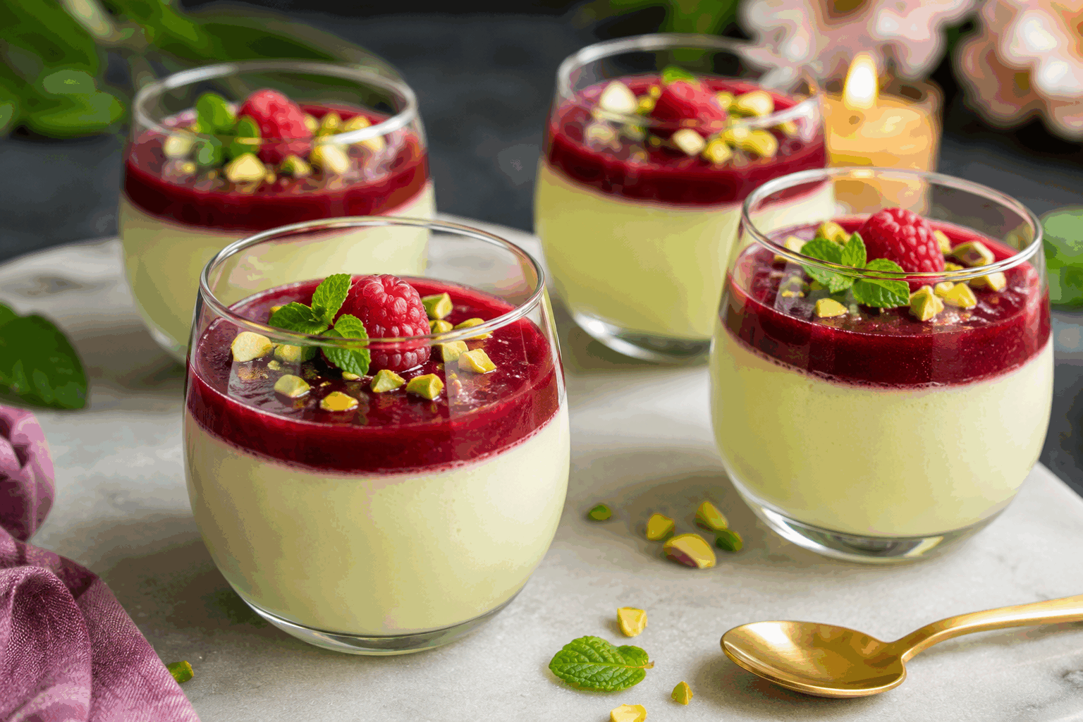 Un dessert pistache-framboise prêt en 5 minutes, fondant et irrésistible 😍 Description Ce dessert combine la douceur onctueuse de la pistache avec le peps acidulé de la framboise pour un résultat fondant et gourmand. Facile et rapide à préparer, il est parfait pour satisfaire une envie sucrée sans attendre. Idéal comme une pause gourmande ou un dessert léger après un repas. Informations Temps de préparation : 5 minutes Temps de cuisson : 0 minute Nombre de portions : 4 personnes Difficulté : Facile Ingrédients Crème pistache 200 g de fromage frais type mascarpone ou ricotta 50 g de pâte de pistache 30 g de sucre glace 1 cuillère à café d’extrait de vanille Garniture 120 g de framboises fraîches ou surgelées Quelques pistaches concassées (20 g) pour la décoration Préparation Dans un bol, mélange le fromage frais avec la pâte de pistache, le sucre glace et l’extrait de vanille jusqu’à obtenir une texture lisse et homogène. Répartis cette crème pistache dans 4 verrines ou petits pots. Dépose délicatement les framboises sur la crème. Parseme les pistaches concassées sur le dessus pour apporter du croquant. Réserve au frais si possible pendant quelques minutes avant de servir, ou déguste immédiatement pour profiter de la fraîcheur. Astuces Utilise du fromage frais bien froid pour une texture plus ferme. Tu peux remplacer les framboises par des fraises ou des myrtilles selon la saison. Pour un dessert plus gourmand, ajoute un filet de miel sur les fruits juste avant de servir. Si tu souhaites une version plus légère, opte pour du yaourt grec à la place du mascarpone. Service Présente ce dessert en verrines transparentes pour mettre en valeur les jolies couleurs vert pistache et rouge framboise. Il se déguste aussi bien en dessert léger qu’en pause goûter. Parfait pour une soirée entre amis ou un repas estival.