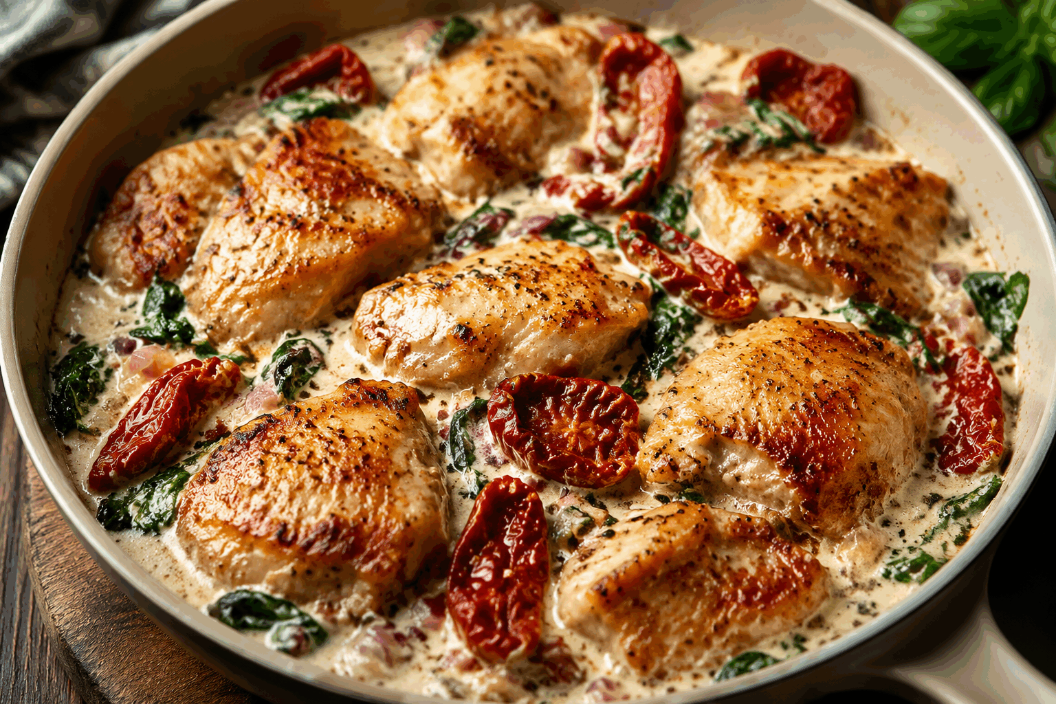 Un poulet à l'italienne crémeux en 20 minutes, le dîner qui fait fondre tous les cœurs 👌 Description Ce poulet à l'italienne crémeux est un plat rapide et savoureux, parfait pour un dîner en semaine. Le mélange de tomates, d'épices méditerranéennes et de crème apporte une touche fondante et gourmande qui séduit tous les palais. L'ensemble se marie à merveille avec des pâtes fraîches ou un riz parfumé pour un repas complet. Informations Temps de préparation : 5 minutes Temps de cuisson : 15 minutes Nombre de portions : 4 personnes Difficulté : Facile Ingrédients Pour le poulet et la sauce 600 g de blancs de poulet 2 cuillères à soupe d'huile d'olive 2 gousses d'ail 1 oignon moyen 200 g de tomates concassées en boîte 100 ml de crème fraîche épaisse 100 ml de bouillon de volaille 1 cuillère à café d'origan séché 1 cuillère à café de basilic séché Sel et poivre du moulin 50 g de parmesan râpé Pour la finition Quelques feuilles de basilic frais Un filet d'huile d'olive extra vierge Préparation Coupe les blancs de poulet en morceaux de taille moyenne pour une cuisson rapide et uniforme. Émince finement l’ail et l’oignon. Fais chauffer l’huile d’olive dans une grande poêle à feu moyen-vif. Ajoute le poulet et fais-le dorer 5 minutes en remuant régulièrement pour obtenir une belle coloration. Ajoute l’ail et l’oignon dans la poêle, puis fais revenir 2 minutes jusqu’à ce qu’ils deviennent translucides sans brûler. Verse les tomates concassées et le bouillon de volaille, puis saupoudre d’origan et de basilic. Sale et poivre selon ton goût. Laisse mijoter 5 minutes à feu moyen, jusqu’à ce que la sauce réduise légèrement. Incorpore la crème fraîche, mélange bien et laisse chauffer encore 2 minutes sans faire bouillir pour que la sauce reste onctueuse. Juste avant de servir, ajoute le parmesan râpé et mélange pour qu’il fonde délicatement dans la sauce. Décore avec quelques feuilles de basilic frais et un filet d’huile d’olive extra vierge pour apporter de la fraîcheur et un petit goût fruité. Astuces Pour éviter que le poulet ne soit sec, ne le cuis pas trop longtemps et laisse-le juste bien doré. La crème fraîche peut être remplacée par du mascarpone ou du fromage frais pour une texture encore plus douce. Utilise des herbes fraîches si possible, elles révèlent mieux les saveurs de la cuisine italienne. Tu peux ajouter une pointe de piment d'Espelette pour relever subtilement ce plat si tu aimes les saveurs plus épicées. Service Serre ce poulet à l’italienne crémeux avec des pâtes fraîches telles que des tagliatelles, des linguines ou un risotto léger. Accompagne-le d’une salade verte croquante ou de légumes grillés pour un repas équilibré. Ce plat convivial est parfait pour un dîner en famille ou entre amis, quand tu veux régaler sans passer des heures en cuisine.