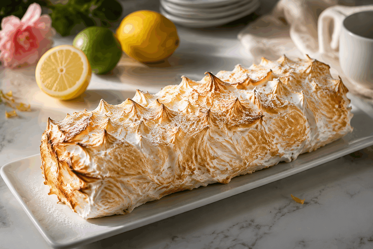 Une bûche citron meringuée en 5 minutes, le secret d’une douceur qui fond 😍 Description Cette bûche citron meringuée express revisite le grand classique en version ultra-rapide et gourmande. Son goût acidulé de citron se mêle délicatement à une meringue légère et fondante, offrant une douceur qui fond en bouche. Parfaite pour les fêtes improvisées ou les envies subites de dessert frais et pétillant. Informations Temps de préparation : 5 minutes Temps de cuisson : 10 minutes Nombre de portions : 6 Difficulté : Facile Ingrédients Pour la génoise rapide 3 œufs 90 g de sucre en poudre 90 g de farine 1 pincée de sel Pour la crème citron 150 g de mascarpone 100 g de sucre glace 2 citrons (jus et zeste) 1 cuillère à soupe de crème fraîche épaisse Pour la meringue 2 blancs d'œufs 100 g de sucre en poudre 1 pincée de sel Préparation Préchauffe le four à 180°C. Tapisse une plaque à pâtisserie de papier sulfurisé. Fouette les œufs avec le sucre en poudre au bain-marie jusqu’à ce que le mélange devienne tiède et mousseux. Retire du bain-marie, continue de battre jusqu’à refroidissement pour obtenir une texture légère et aérienne. Incorpore délicatement la farine tamisée et la pincée de sel à la spatule, puis étale la pâte uniformément sur la plaque. Enfourne 8 à 10 minutes, la génoise doit être souple au toucher mais légèrement dorée. Pendant ce temps, prépare la crème citron en mélangeant le mascarpone, le sucre glace, le jus et les zestes de citron ainsi que la crème fraîche. Mélange jusqu’à obtention d’une crème lisse. Monte les blancs d’œufs en neige avec la pincée de sel. Lorsqu’ils commencent à être fermes, ajoute le sucre en plusieurs fois pour obtenir une meringue brillante et dense. Retourne la génoise sur un torchon propre, retire délicatement le papier sulfurisé. Étale la crème citron sur toute la surface. Roulez doucement la génoise pour former la bûche. Recouvre généreusement avec la meringue en lissant avec une spatule. Passe rapidement la bûche sous le grill du four 2 minutes ou caramélise la meringue au chalumeau pour un effet doré et croustillant. Astuces Utilise des œufs à température ambiante pour monter la génoise plus facilement et obtenir plus de volume. Le mascarpone peut être remplacé par du fromage frais type Philadelphia pour une alternative plus légère. Si tu n’as pas de chalumeau, un passage très rapide sous le grill du four suffit pour dorer la meringue sans la faire brûler. Prépare la génoise à l’avance et conserve-la emballée dans un torchon humide pour garder sa souplesse. Service Découpe la bûche en tranches épaisses et sers-la fraîche, accompagnée d’un thé vert ou d’une coupe de champagne. Cette douceur légère et acidulée fera sensation lors d’un goûter festif ou en fin de repas pour un dessert rapide et élégant.