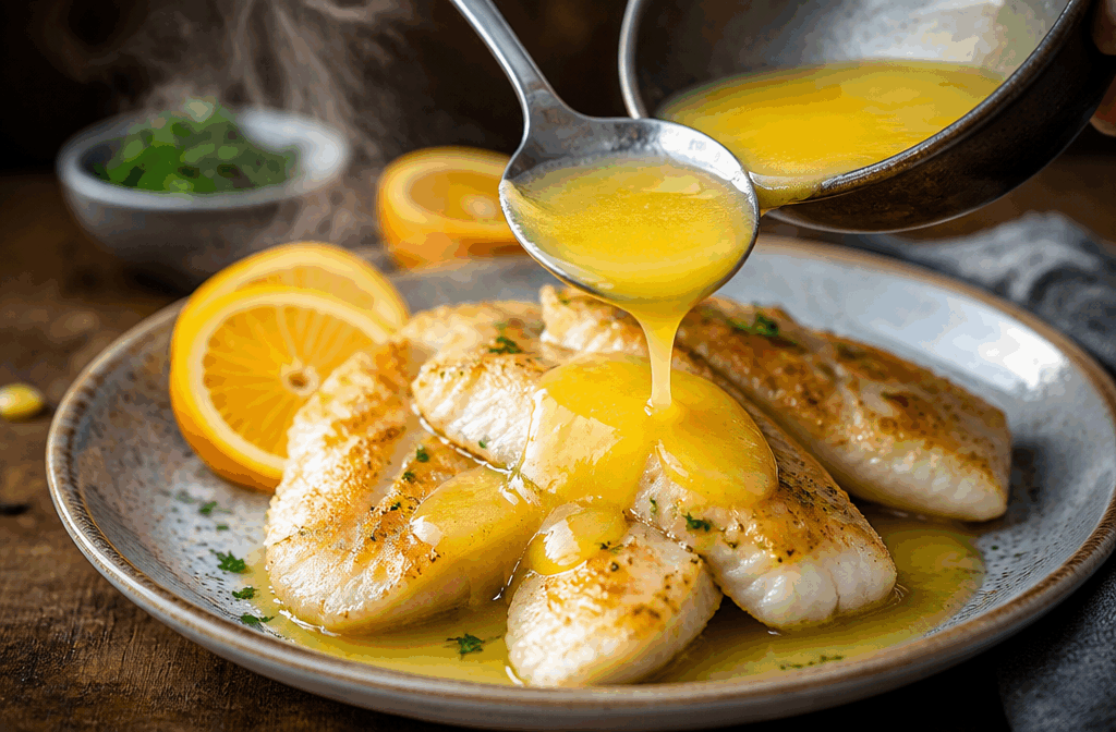 Une sauce au beurre d’orange en 5 minutes pour sublimer tous vos poissons 🔥 Description Cette sauce au beurre d’orange est une préparation rapide et délicate qui apporte une touche acidulée et légèrement sucrée à tous vos plats de poisson. Sa texture onctueuse et son goût fruité subliment la finesse du poisson sans masquer sa saveur naturelle. Parfaite pour un dîner élégant ou un repas du quotidien, elle se prépare en un rien de temps. Informations Temps de préparation : 3 minutes Temps de cuisson : 2 minutes Nombre de portions : 4 personnes Difficulté : Facile Ingrédients Pour la sauce au beurre d’orange 100 ml de jus d’orange frais 50 g de beurre doux froid, coupé en dés 1 cuillère à soupe de vinaigre de vin blanc ou de jus de citron 1 cuillère à café de miel liquide Sel fin Poivre blanc moulu Quelques zestes d’orange finement râpés (facultatif) Préparation Verse le jus d’orange dans une petite casserole avec le vinaigre de vin blanc (ou le jus de citron) et le miel. Fais chauffer à feu moyen sans cesser de remuer jusqu’à ce que le mélange réduise légèrement et devienne sirupeux, environ 2 minutes. Baisse le feu au minimum. Ajoute progressivement les dés de beurre froid en fouettant vigoureusement pour émulsionner la sauce et obtenir une texture crémeuse. Rectifie l’assaisonnement avec du sel et du poivre blanc selon ton goût. Incorpore les zestes d’orange pour une touche aromatique si tu le souhaites. Garde la sauce au chaud sans la faire bouillir. Astuces Utilise impérativement du beurre froid pour réussir une émulsion parfaite et éviter que la sauce ne tranche. Prépare la sauce au dernier moment pour qu’elle reste brillante et onctueuse. Si tu n’as pas de jus d’orange frais, prends un jus de qualité sans sucres ajoutés. Tu peux ajouter un peu de gingembre frais râpé pour une variation épicée et originale. Service Verse cette sauce délicate sur des filets de poisson blancs pochés ou grillés, comme du cabillaud, de la sole ou du bar. Accompagne d’un riz basmati ou d’un légume vapeur pour un repas équilibré et lumineux. Idéal pour un repas en famille ou pour impressionner lors d’un dîner entre amis.