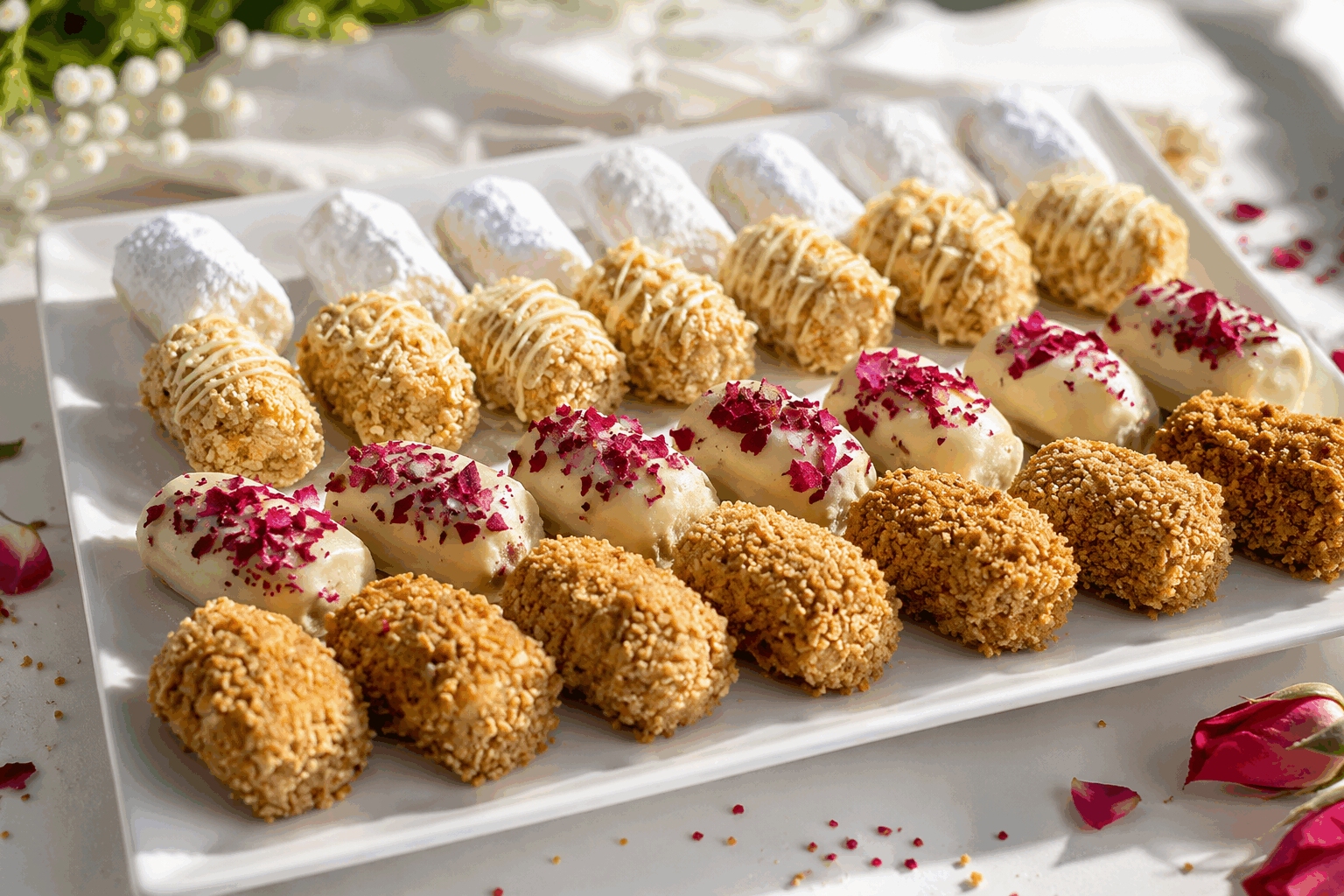 4 recettes de gâteaux orientaux avec une seule pâte, prêtes en un tour de main 😍 Description Découvrez quatre délicieuses recettes de gâteaux orientaux utilisant une pâte unique, qui allient saveurs traditionnelles et simplicité. Ces douceurs raffinées, riches en parfums de miel, fruits secs et épices, sont parfaites pour un goûter ou une fête en toute convivialité. Faciles à réaliser, elles proposent des textures variées, de la croquant moelleux au fondant subtilement parfumé, typiques des pâtisseries du Maghreb et du Moyen-Orient. Informations Temps de préparation : 30 minutes Temps de cuisson : 25 à 30 minutes selon la recette Nombre de portions : 8 pièces par recette Difficulté : Facile Ingrédients Pour la pâte unique (commune aux 4 recettes) 250 g de farine 100 g de semoule fine 125 g de beurre fondu 80 g de sucre en poudre 1 cuillère à soupe d'eau de fleur d'oranger 1 pincée de sel 100 ml de lait tiède 1 cuillère à café de levure chimique Pour la garniture et décoration des 4 recettes Recette 1 – Gâteaux aux amandes et miel : 150 g d’amandes moulues, 80 g de miel, sucre glace Recette 2 – Makrout aux dattes : 150 g de pâte de dattes, 50 g de noix concassées, huile pour friture, miel pour napper Recette 3 – Ghribia à la noix de coco : 100 g de noix de coco râpée, 50 g de sucre, 1 jaune d’œuf Recette 4 – Baklava simplifié aux pistaches : 100 g de pistaches concassées, 70 g de miel, 20 g de beurre fondu Préparation Préchauffe le four à 180°C (thermostat 6). Prépare la pâte : mélange la farine, la semoule, la levure chimique, le sucre et le sel dans un grand récipient. Ajoute le beurre fondu puis le lait tiède et l'eau de fleur d'oranger. Pétris jusqu’à obtenir une pâte souple et homogène. Divise la pâte en quatre parts égales, une pour chaque recette. Recette 1 – Gâteaux aux amandes et miel : étale une part de pâte sur 5 mm, répartis les amandes moulues au centre, replie et découpe en losanges. Dispose sur plaque huilée, enfourne 25 min. À la sortie, nappe de miel et saupoudre de sucre glace. Recette 2 – Makrout aux dattes : étale une part de pâte en longs rectangles. Place un boudin de pâte de dattes et noix au centre, replie la pâte autour, forme un rouleau. Coupe en losanges, dore à l’huile et fais frire jusqu’à dorure. Trempe dans du miel chaud au miel pour finaliser. Recette 3 – Ghribia à la noix de coco : mélange une part de pâte avec la noix de coco, le sucre et le jaune d’œuf. Façonne des boules aplaties, dispose sur plaque et enfourne 20 min jusqu’à léger doré. Recette 4 – Baklava simplifié aux pistaches : étale la pâte finement, badigeonne de beurre fondu, parseme de pistaches, recouvre d’une autre fine couche de pâte. Coupe en carré, enfourne 30 min. À la sortie, nappe généreusement de miel. Astuces Veille à ce que le beurre soit tiède mais pas chaud pour que la pâte soit souple et facile à travailler. Pour un goût plus relevé, ajoute un peu de cannelle ou d’eau de rose selon la recette. Utilise du miel liquide et de bonne qualité pour un nappage brillant et parfumé. Conserve les gâteaux dans une boîte hermétique à température ambiante pour garder leur texture. Service Servez ces gâteaux orientaux lors d’un thé à la menthe traditionnel, accompagnés de fruits secs et de café arabe si souhaité. Ils sont parfaits pour partager en famille ou entre amis lors des fêtes, mariages ou simplement pour un moment gourmand et chaleureux.
