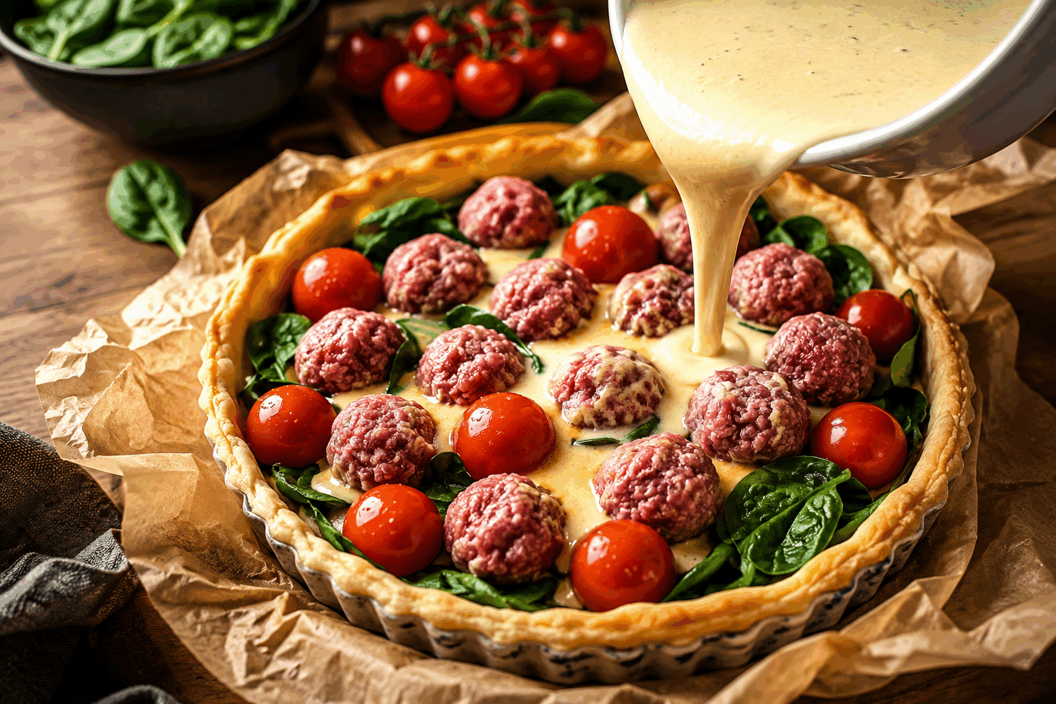 5 minutes pour une tarte aux boulettes qui va vous étonner😋👌 Description Cette tarte aux boulettes est une recette express, simple et gourmande parfaite pour un repas improvisé. Elle combine la douceur d’une pâte croustillante avec des boulettes savoureuses, relevées d’une touche d’épices, pour un résultat étonnamment délicieux. Idéale pour un déjeuner rapide ou un dîner convivial en semaine. Informations Temps de préparation : 5 minutes Temps de cuisson : 25 minutes Nombre de portions : 4 personnes Difficulté : Facile Ingrédients Pour la pâte 1 pâte brisée prête à l’emploi (environ 230 g) Pour la garniture 300 g de boulettes de viande (bœuf ou poulet, déjà cuites ou surgelées) 150 ml de sauce tomate épicée 100 g de mozzarella râpée 1 petit oignon 1 gousse d’ail 1 cuillère à soupe d’huile d’olive 1 cuillère à café d’origan séché Sel et poivre du moulin Préparation Préchauffe le four à 200°C (chaleur tournante de préférence). Émince finement l’oignon et hache l’ail. Fais-les revenir dans une poêle avec l’huile d’olive pendant 2-3 minutes à feu moyen, jusqu’à ce qu’ils deviennent translucides. Ajoute les boulettes de viande à la poêle pour les réchauffer légèrement (si elles sont déjà cuites) et mélange avec la sauce tomate et l’origan. Assaisonne avec un peu de sel et de poivre. Laisse mijoter doucement 2 minutes. Déroule la pâte brisée dans un moule à tarte en conservant le papier sulfurisé. Pique le fond avec une fourchette. Verse la préparation aux boulettes sur la pâte de façon homogène. Parseme la mozzarella râpée sur le dessus pour un gratiné parfait. Enfourne la tarte et cuis-la 20 à 25 minutes, jusqu’à ce que la pâte soit dorée et la mozzarella fondue et légèrement gratinée. Sortir du four, laisse tiédir 5 minutes avant de découper et servir. Astuces Pour gagner du temps, utilise des boulettes déjà préparées, soit achetées, soit restos, prêtes à cuire. Varie les fromages : remplace la mozzarella par du cheddar ou du fromage de chèvre pour plus de caractère. Pour une touche de fraîcheur, ajoute quelques feuilles de basilic frais juste avant de servir. Si tu veux une tarte plus légère, utilise une pâte feuilletée allégée ou une pâte à pizza fine. Service Sers cette tarte aux boulettes accompagnée d’une salade verte croquante ou d’un mélange de roquette et tomates cerises pour équilibrer le plat. Idéale pour un repas convivial et rapide, elle plaira petits et grands grâce à sa simplicité et ses saveurs chaleureuses.
