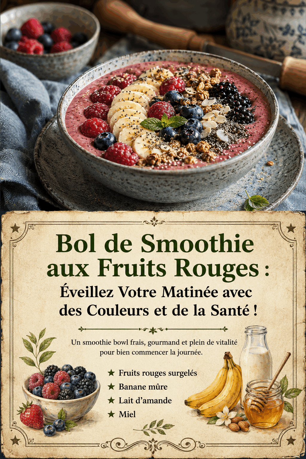 Bol de Smoothie aux Fruits Rouges : Éveillez Votre Matinée avec des Couleurs et de la Santé !